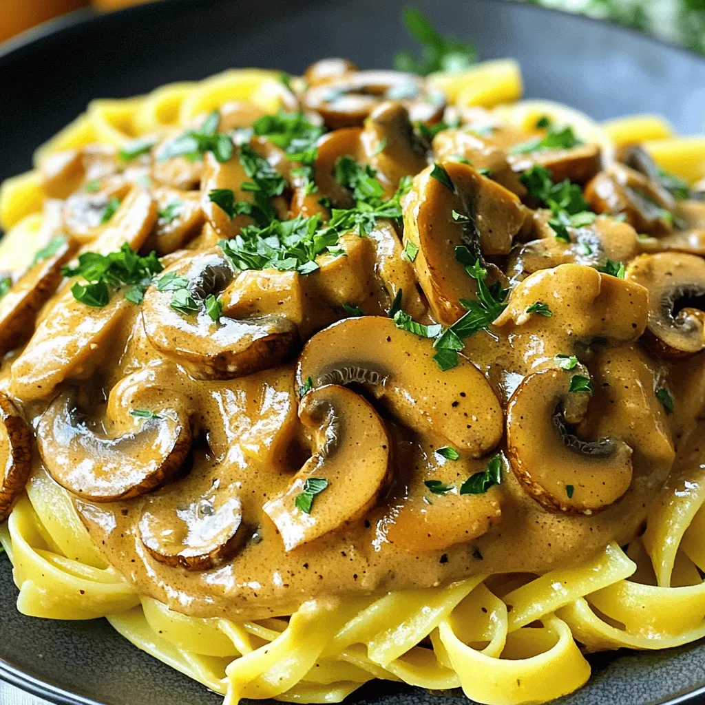 To make this vegan mushroom and seitan stroganoff, gather these key items: - 2 cups seitan, sliced - 1 tablespoon olive oil - 1 medium onion, diced - 3 cloves garlic, minced - 2 cups mushrooms (cremini or button), sliced - 1 teaspoon dried thyme - 1 teaspoon smoked paprika - 1 tablespoon soy sauce (or tamari for gluten-free) - 1 cup vegetable broth - 1 cup coconut milk (or any plant-based cream) - 2 tablespoons cornstarch mixed with 2 tablespoons of cold water - Salt and pepper to taste - Fresh parsley, chopped (for garnish) - Cooked pasta or rice (for serving) You can enhance the stroganoff with these add-ins: - Fresh spinach for extra greens - Peas for a pop of color and sweetness - A splash of red wine for depth of flavor - Nutritional yeast for a cheesy taste To prepare this dish, you will need: - A large skillet for cooking - A cutting board and knife for prep - Measuring cups and spoons for accuracy - A small bowl for mixing cornstarch and water - A serving dish for your final product These ingredients and tools set the stage for a rich and creamy stroganoff that satisfies your taste buds. Enjoy the process of cooking and the delicious results! 1. Gather all the ingredients. You need seitan, onion, garlic, and mushrooms. 2. Slice the seitan into strips. Dice the onion and mince the garlic. 3. Clean and slice the mushrooms. Set everything aside for cooking. 1. Heat olive oil in a large skillet over medium heat. 2. Add the diced onion. Sauté it for about 5 minutes until it softens. 3. Stir in the minced garlic. Cook for another minute to release the aroma. 4. Add the sliced mushrooms to the skillet. Sauté for 5-7 minutes until golden. 5. Mix in the sliced seitan, thyme, smoked paprika, and soy sauce. Cook for 5 minutes. 6. Pour in the vegetable broth and bring it to a gentle simmer. 7. Once simmering, lower the heat and add coconut milk. Stir it well. 8. In a small bowl, mix cornstarch with cold water to create a slurry. 9. Gradually add the slurry to the skillet. Stir while adding to thicken the sauce. 10. Let the stroganoff simmer for another 5 minutes. Season with salt and pepper to taste. 1. Serve the stroganoff hot over cooked pasta or rice. 2. Garnish with fresh chopped parsley for a bright finish. 3. Enjoy your delicious Vegan Mushroom & Seitan Stroganoff! To make a great sauce, focus on the right balance of flavors. Use fresh mushrooms for depth. I like to add a splash of soy sauce for umami. The coconut milk gives it a creamy texture. For a thicker sauce, use cornstarch mixed with cold water. Stir it in slowly, so it blends well. Let the sauce simmer and thicken for about five minutes. Taste and add salt and pepper as needed. This will ensure your stroganoff is rich and tasty. When cooking seitan, slice it evenly for even cooking. I recommend using a non-stick skillet. Heat olive oil and add the onion first. Cooking the onion until soft makes a sweet base. Then add minced garlic for flavor. Incorporate the seitan after your mushrooms are golden. This keeps the texture nice and chewy. Cook it all together for about five minutes. This step enhances the flavors and gives the dish a hearty feel. For serving, I love using cooked pasta or rice. They soak up the sauce well. Serve the stroganoff hot and sprinkle fresh parsley on top. This adds color and a fresh taste. You can also serve it with a side salad for crunch. If you want a rich meal, add a slice of crusty bread. Enjoy this dish with family or friends; it’s sure to impress! {{image_2}} To make this dish gluten-free, simply swap soy sauce for tamari. Tamari has a similar taste but does not contain gluten. You can use gluten-free pasta or rice as a base. This way, you enjoy the same rich flavors without the gluten. If seitan is not your choice, you can try other proteins. Tofu works great as a substitute. Firm tofu adds texture and absorbs the sauce well. Another option is lentils. Cooked lentils provide a hearty bite and flavor. You can adjust the flavor to your liking. For a spicier dish, add red pepper flakes. If you enjoy a bit of tang, squeeze in some lemon juice. Fresh herbs like basil or dill can also enhance the dish's taste. Feel free to get creative with your favorite spices! After making the vegan mushroom and seitan stroganoff, let it cool first. Store it in an airtight container. It will stay fresh in the fridge for 3 to 5 days. Make sure to keep it away from strong-smelling foods. This way, the flavors remain intact. To freeze, let the stroganoff cool completely. Transfer it to a freezer-safe container. You can also use freezer bags. Remove as much air as possible to prevent freezer burn. It can last up to 3 months in the freezer. Just label the container with the date for easy tracking. To reheat, thaw the stroganoff overnight in the fridge if frozen. Warm it on the stovetop over low heat. Stir occasionally to avoid sticking. You can add a splash of vegetable broth or coconut milk for creaminess. If using a microwave, heat in short bursts, stirring in between. Enjoy your stroganoff warm, just like when it was freshly made! Seitan is a meat substitute made from wheat gluten. It has a chewy texture and absorbs flavors well. To make seitan, mix wheat flour with water to form a dough. Rinse the dough to remove the starch, leaving behind gluten. Then, cook the gluten in broth or steam it. This process creates a protein-rich food that’s great for many dishes, like our stroganoff. Yes, you can use other plant-based creams instead of coconut milk. Almond, soy, or oat cream work well. Each option will change the flavor slightly. If you prefer a less sweet taste, choose a neutral-flavored cream. This keeps the stroganoff rich and creamy while fitting your taste. Absolutely! This stroganoff stores well in the fridge for up to four days. Just let it cool before sealing it in an airtight container. You can also freeze it for up to three months. When you're ready to eat, reheat it on the stove or in the microwave. Serve it over fresh pasta or rice for a quick meal. This blog post covered everything you need to know to make a delicious stroganoff with seitan. We explored main ingredients, optional add-ins, and the right equipment to use. The step-by-step instructions made the cooking process simple, while tips and tricks helped you perfect your sauce. We also shared variations for gluten-free options and how to store your dish. In the end, feel free to get creative. Enjoy your cooking journey and share your results!