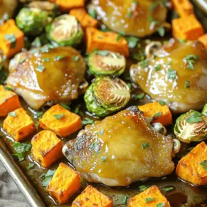 - 4 bone-in chicken thighs, skin-on - 2 large sweet potatoes, peeled and cut into 1-inch cubes - 2 tablespoons olive oil - 1/4 cup pure maple syrup - 2 tablespoons Dijon mustard - 1 teaspoon garlic powder - 1 teaspoon smoked paprika - Salt and pepper to taste - 1/2 teaspoon ground cinnamon - 1 cup Brussels sprouts, halved (optional for extra veggies) - Fresh parsley, chopped for presentation For this dish, I love using chicken thighs. They stay juicy and have great flavor. Sweet potatoes add sweetness and texture. Olive oil makes everything crispy while maple syrup brings a lovely glaze. Dijon mustard gives it a hint of tang. The spices really pull this dish together. Garlic powder and smoked paprika boost the flavor. Salt and pepper are key for seasoning. Ground cinnamon adds warmth. If you want more veggies, Brussels sprouts work great. Finally, a sprinkle of fresh parsley brightens up the plate. It makes the dish look pretty and fresh. This simple list of ingredients helps create a meal that is easy and delicious. First, preheat your oven to 425°F (220°C). This high heat helps the chicken and sweet potatoes cook evenly. While the oven heats, grab a small bowl. In that bowl, whisk together 1/4 cup of pure maple syrup, 2 tablespoons of Dijon mustard, 1 teaspoon of garlic powder, 1 teaspoon of smoked paprika, 1/2 teaspoon of ground cinnamon, salt, and pepper. This mix will be our tasty marinade. Next, take a large mixing bowl and add 2 large sweet potatoes, peeled and cut into 1-inch cubes. If you want extra veggies, add 1 cup of halved Brussels sprouts. Pour half of the maple marinade over the sweet potatoes and Brussels sprouts. Drizzle 1 tablespoon of olive oil on top. Now, toss everything well until the veggies are nicely coated. Now it’s time to arrange the food on the sheet pan. Place the chicken thighs on one side of the pan. Drizzle the remaining olive oil over the chicken. Season the chicken with salt, pepper, and a sprinkle of garlic powder. Then, add the sweet potato mixture to the other side of the pan, spreading it out evenly. Finally, brush the remaining maple marinade generously over the chicken thighs. Slide the sheet pan into your preheated oven. Bake for about 35-40 minutes. You want the chicken to reach an internal temperature of 165°F (75°C). During baking, the sweet potatoes should become tender and caramelized. For crispy skin, turn on the broiler for an extra 2-3 minutes at the end. Keep a close eye to avoid burning. Once done, remove the pan and let it rest for 5 minutes. For the best results, timing is key. Bake the chicken and sweet potatoes for 35-40 minutes. This timing works well for the chicken thighs. You want an internal temperature of 165°F (75°C). Use a meat thermometer to check. Insert it into the thickest part of the thigh, avoiding the bone. To boost flavor, try adding spices like cayenne or thyme. They add depth and warmth. You can also drizzle extra maple syrup right before serving. This will enhance the sweetness and give a lovely glaze. For a rustic touch, serve directly from the sheet pan. This makes for an inviting presentation. If you prefer, use a serving platter. Arrange the chicken and sweet potatoes artfully. Sprinkle fresh parsley on top for a pop of color. {{image_2}} You can switch up the veggies in this dish. Carrots, green beans, or even broccoli work well. If you add these, adjust the cooking time. For carrots, cut them into small pieces. They may need 5 more minutes to cook. Green beans take less time, around 25 minutes. Always check for doneness. Chicken thighs shine in this recipe, but you can use chicken breasts or drumsticks too. For chicken breasts, cut the cooking time to about 30-35 minutes. Drumsticks will take about the same time as thighs. If you're looking for a vegetarian option, try chickpeas or tofu. Marinate them just like the chicken for great flavor. Want a fresh twist? Add herbs like rosemary or thyme for brightness. Citrus, like lemon or orange zest, adds a nice zing too. You can also experiment with different mustards. Spicy brown mustard gives a good kick, while honey mustard adds sweetness. Mix and match to find your favorite flavor profile! To store leftovers, let the dish cool first. Place the chicken and sweet potatoes in an airtight container. This helps keep out air and moisture. You can store it in the fridge for about 3 to 4 days. When you want to reheat, use your oven for the best results. Preheat your oven to 350°F (175°C). Heat the meal for about 20 minutes or until hot. You can also use a microwave, but the oven keeps the chicken crisp. If you want to freeze this dish, let it cool completely. Place the chicken and sweet potatoes in a freezer-safe bag or container. This way, you can enjoy it later. It will stay fresh for up to 3 months in the freezer. When you are ready to eat, defrost it in the fridge overnight. For cooking, bake it at 375°F (190°C) for about 40-50 minutes. Check that the chicken reaches 165°F (75°C) inside. For the best taste, eat the dish within 3 to 4 days if refrigerated. In the freezer, it can last for about 3 months. Signs of spoilage include a strange smell, changes in color, or a slimy texture. If you see any of these, it's best to throw it away. Always trust your senses when checking food! You can swap chicken thighs for several options. Here are a few ideas: - Chicken breasts: They are leaner and cook faster. - Chicken drumsticks: They add a nice flavor and stay juicy. - Turkey thighs: A great alternative for a richer taste. - Tofu: For a vegetarian option, use firm tofu. Just press and cube it. - Tempeh: This gives a nice texture and absorbs flavors well. Each option may change cooking times, so keep an eye on them! Yes, you can prepare this dish before the meal. Here are some tips: - Marinate the chicken: Let it sit in the maple mix for at least 30 minutes. - Chop sweet potatoes: You can cut them a day ahead. Store them in water to keep fresh. - Combine veggies: Mix sweet potatoes and Brussels sprouts in advance. This will enhance the flavors. Just remember to bake it fresh when you are ready to eat! Check the chicken using a meat thermometer. Look for these signs: - Internal temperature: It should reach 165°F (75°C). - Juices: They should run clear, not pink. - Skin color: When golden brown, it’s a good sign. Let the chicken rest for five minutes before serving. This keeps it juicy and tasty! This blog post covered a delicious dish made with chicken thighs and sweet potatoes. We explored the key ingredients, step-by-step cooking instructions, and helpful tips to ensure success. You can even try various vegetables and proteins for different flavors. In the end, enjoy using these recipes as a base to get creative in the kitchen. Cooking should be fun and rewarding. Happy cooking!