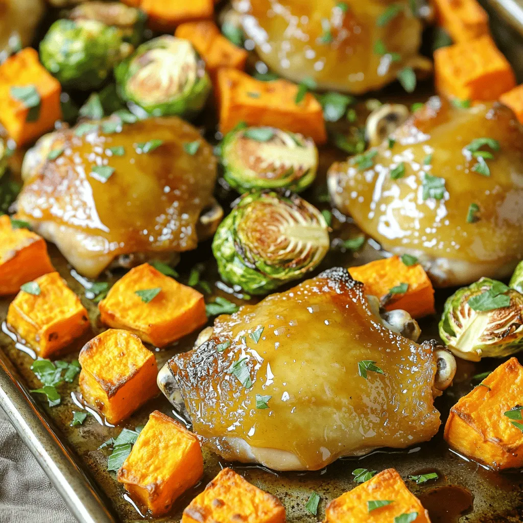 - 4 bone-in chicken thighs, skin-on - 2 large sweet potatoes, peeled and cut into 1-inch cubes - 2 tablespoons olive oil - 1/4 cup pure maple syrup - 2 tablespoons Dijon mustard - 1 teaspoon garlic powder - 1 teaspoon smoked paprika - Salt and pepper to taste - 1/2 teaspoon ground cinnamon - 1 cup Brussels sprouts, halved (optional for extra veggies) - Fresh parsley, chopped for presentation For this dish, I love using chicken thighs. They stay juicy and have great flavor. Sweet potatoes add sweetness and texture. Olive oil makes everything crispy while maple syrup brings a lovely glaze. Dijon mustard gives it a hint of tang. The spices really pull this dish together. Garlic powder and smoked paprika boost the flavor. Salt and pepper are key for seasoning. Ground cinnamon adds warmth. If you want more veggies, Brussels sprouts work great. Finally, a sprinkle of fresh parsley brightens up the plate. It makes the dish look pretty and fresh. This simple list of ingredients helps create a meal that is easy and delicious. First, preheat your oven to 425°F (220°C). This high heat helps the chicken and sweet potatoes cook evenly. While the oven heats, grab a small bowl. In that bowl, whisk together 1/4 cup of pure maple syrup, 2 tablespoons of Dijon mustard, 1 teaspoon of garlic powder, 1 teaspoon of smoked paprika, 1/2 teaspoon of ground cinnamon, salt, and pepper. This mix will be our tasty marinade. Next, take a large mixing bowl and add 2 large sweet potatoes, peeled and cut into 1-inch cubes. If you want extra veggies, add 1 cup of halved Brussels sprouts. Pour half of the maple marinade over the sweet potatoes and Brussels sprouts. Drizzle 1 tablespoon of olive oil on top. Now, toss everything well until the veggies are nicely coated. Now it’s time to arrange the food on the sheet pan. Place the chicken thighs on one side of the pan. Drizzle the remaining olive oil over the chicken. Season the chicken with salt, pepper, and a sprinkle of garlic powder. Then, add the sweet potato mixture to the other side of the pan, spreading it out evenly. Finally, brush the remaining maple marinade generously over the chicken thighs. Slide the sheet pan into your preheated oven. Bake for about 35-40 minutes. You want the chicken to reach an internal temperature of 165°F (75°C). During baking, the sweet potatoes should become tender and caramelized. For crispy skin, turn on the broiler for an extra 2-3 minutes at the end. Keep a close eye to avoid burning. Once done, remove the pan and let it rest for 5 minutes. For the best results, timing is key. Bake the chicken and sweet potatoes for 35-40 minutes. This timing works well for the chicken thighs. You want an internal temperature of 165°F (75°C). Use a meat thermometer to check. Insert it into the thickest part of the thigh, avoiding the bone. To boost flavor, try adding spices like cayenne or thyme. They add depth and warmth. You can also drizzle extra maple syrup right before serving. This will enhance the sweetness and give a lovely glaze. For a rustic touch, serve directly from the sheet pan. This makes for an inviting presentation. If you prefer, use a serving platter. Arrange the chicken and sweet potatoes artfully. Sprinkle fresh parsley on top for a pop of color. {{image_2}} You can switch up the veggies in this dish. Carrots, green beans, or even broccoli work well. If you add these, adjust the cooking time. For carrots, cut them into small pieces. They may need 5 more minutes to cook. Green beans take less time, around 25 minutes. Always check for doneness. Chicken thighs shine in this recipe, but you can use chicken breasts or drumsticks too. For chicken breasts, cut the cooking time to about 30-35 minutes. Drumsticks will take about the same time as thighs. If you're looking for a vegetarian option, try chickpeas or tofu. Marinate them just like the chicken for great flavor. Want a fresh twist? Add herbs like rosemary or thyme for brightness. Citrus, like lemon or orange zest, adds a nice zing too. You can also experiment with different mustards. Spicy brown mustard gives a good kick, while honey mustard adds sweetness. Mix and match to find your favorite flavor profile! To store leftovers, let the dish cool first. Place the chicken and sweet potatoes in an airtight container. This helps keep out air and moisture. You can store it in the fridge for about 3 to 4 days. When you want to reheat, use your oven for the best results. Preheat your oven to 350°F (175°C). Heat the meal for about 20 minutes or until hot. You can also use a microwave, but the oven keeps the chicken crisp. If you want to freeze this dish, let it cool completely. Place the chicken and sweet potatoes in a freezer-safe bag or container. This way, you can enjoy it later. It will stay fresh for up to 3 months in the freezer. When you are ready to eat, defrost it in the fridge overnight. For cooking, bake it at 375°F (190°C) for about 40-50 minutes. Check that the chicken reaches 165°F (75°C) inside. For the best taste, eat the dish within 3 to 4 days if refrigerated. In the freezer, it can last for about 3 months. Signs of spoilage include a strange smell, changes in color, or a slimy texture. If you see any of these, it's best to throw it away. Always trust your senses when checking food! You can swap chicken thighs for several options. Here are a few ideas: - Chicken breasts: They are leaner and cook faster. - Chicken drumsticks: They add a nice flavor and stay juicy. - Turkey thighs: A great alternative for a richer taste. - Tofu: For a vegetarian option, use firm tofu. Just press and cube it. - Tempeh: This gives a nice texture and absorbs flavors well. Each option may change cooking times, so keep an eye on them! Yes, you can prepare this dish before the meal. Here are some tips: - Marinate the chicken: Let it sit in the maple mix for at least 30 minutes. - Chop sweet potatoes: You can cut them a day ahead. Store them in water to keep fresh. - Combine veggies: Mix sweet potatoes and Brussels sprouts in advance. This will enhance the flavors. Just remember to bake it fresh when you are ready to eat! Check the chicken using a meat thermometer. Look for these signs: - Internal temperature: It should reach 165°F (75°C). - Juices: They should run clear, not pink. - Skin color: When golden brown, it’s a good sign. Let the chicken rest for five minutes before serving. This keeps it juicy and tasty! This blog post covered a delicious dish made with chicken thighs and sweet potatoes. We explored the key ingredients, step-by-step cooking instructions, and helpful tips to ensure success. You can even try various vegetables and proteins for different flavors. In the end, enjoy using these recipes as a base to get creative in the kitchen. Cooking should be fun and rewarding. Happy cooking!