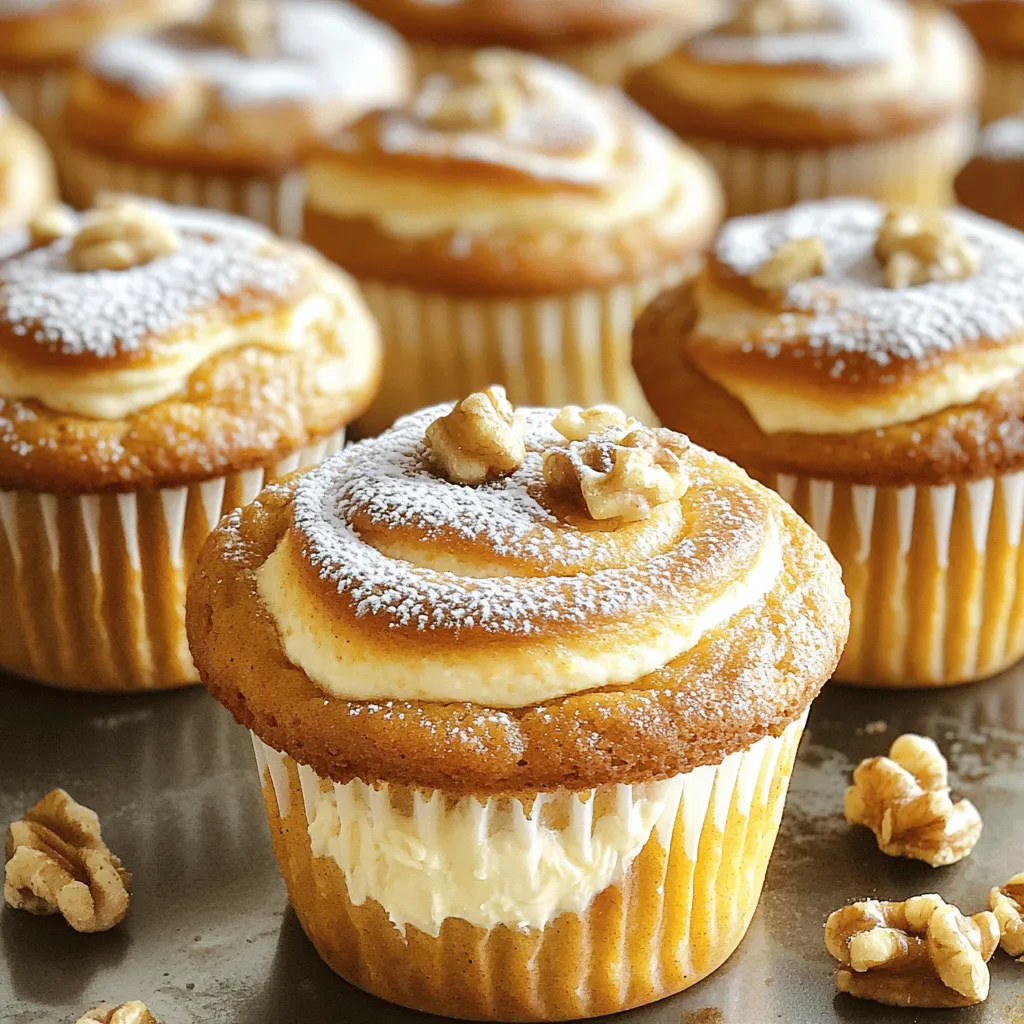 To make these delicious muffins, you need: - 1 ¾ cups all-purpose flour - 1 teaspoon baking powder - 1 teaspoon baking soda - ½ teaspoon salt - 1 teaspoon pumpkin pie spice - 1 cup pumpkin puree (canned or homemade) - ½ cup granulated sugar - ½ cup brown sugar, packed - ½ cup vegetable oil - 2 large eggs - 1 teaspoon vanilla extract - 4 ounces cream cheese, softened - ¼ cup powdered sugar (for the cream cheese filling) These ingredients combine to create a rich, moist muffin with a creamy center. For a delightful crunch, consider adding: - Chopped walnuts - Chopped pecans These nuts add flavor and texture to each bite. They also boost the muffin's visual appeal. If you want to make these muffins healthier or gluten-free, here are some options: - Substitute all-purpose flour with a gluten-free blend. - Replace granulated sugar with coconut sugar or a sugar substitute. - Use applesauce instead of vegetable oil for a lower-fat version. These swaps maintain the flavor while catering to specific dietary needs. First, you need to preheat your oven to 350°F (175°C). This helps the muffins bake evenly. Next, get a muffin tin ready. You can line it with paper liners. If you do not have liners, spray the tin with non-stick spray. This makes sure the muffins don’t stick. Now, let’s mix the dry ingredients. In a medium bowl, whisk together: - 1 ¾ cups all-purpose flour - 1 teaspoon baking powder - 1 teaspoon baking soda - ½ teaspoon salt - 1 teaspoon pumpkin pie spice Set this bowl aside. In a large bowl, combine: - 1 cup pumpkin puree - ½ cup granulated sugar - ½ cup brown sugar - ½ cup vegetable oil - 2 large eggs - 1 teaspoon vanilla extract Mix these well until smooth. Then, take the dry mix and fold it into the wet mix. Do this gently. A few lumps are fine. This keeps your muffins light and fluffy. Now it’s time to fill your muffin cups. Start by adding pumpkin batter to each cup until it is half full. Then, take some of your cream cheese filling. You made this by mixing: - 4 ounces cream cheese - ¼ cup powdered sugar Spoon about 1 teaspoon of this mixture into the center of each muffin. Finally, top the cream cheese with more pumpkin batter until each cup is about ¾ full. If you like, sprinkle some chopped walnuts or pecans on top for extra crunch. Now, you are ready to bake! To keep your muffins light and fluffy, mix carefully. The key is to combine the dry and wet ingredients just enough. When you see a few lumps, stop mixing. Overmixing can lead to dense muffins. You want a soft texture, not a tough one. For a creamy filling, use room-temperature cream cheese. Soften it before mixing. Beat the cream cheese with powdered sugar until smooth. This step is vital. Even small lumps in the filling can affect the final taste. Make sure you spoon it gently into each muffin. Baking time matters for the best muffins. Bake them at 350°F for 18-22 minutes. Use a toothpick to check when they are done. If it comes out clean, they’re ready. Don’t forget to let them cool a bit in the pan. This helps them set and makes them easier to remove. Enjoy your tasty treat warm or at room temperature! {{image_2}} You can make these muffins even more fun by adding chocolate chips. Chocolate pairs great with pumpkin flavor. Just mix in about ½ cup of semi-sweet chocolate chips to the batter after you combine the wet and dry ingredients. This will add a sweet twist to each bite. The melted chocolate creates a delicious contrast to the creamy filling. Trust me, your friends will love them! For a vegan twist, you can swap out the eggs and cream cheese. Use 1 flax egg for each egg. To make a flax egg, mix 1 tablespoon of ground flaxseed with 2.5 tablespoons of water. Let it sit for 5 minutes until it thickens. For cream cheese, you can use a dairy-free cream cheese alternative. This keeps the muffins just as tasty and fluffy, without any animal products. If you need gluten-free muffins, you can use a gluten-free flour blend. Make sure the blend you choose has xanthan gum, which helps with texture. Follow the same recipe while using the gluten-free flour. Your muffins will still be soft and moist. You won’t miss the gluten at all! To keep your pumpkin cream cheese muffins fresh, store them in an airtight container. Place a piece of parchment paper between layers to prevent sticking. This way, they stay moist and delicious. Store at room temperature for up to three days. If you want them to last longer, the fridge is a good option. Just remember that refrigeration can change the texture a bit. Freezing is a great way to save these tasty muffins. First, let them cool completely after baking. Then, wrap each muffin in plastic wrap or foil. Place them in a freezer-safe bag or container. Label the bag with the date. They can stay fresh for up to three months in the freezer. When you’re ready to enjoy them, just thaw them in the fridge overnight. To reheat, you can use the microwave or the oven. For the microwave, place one muffin on a plate and heat it for 15-20 seconds. This warms it up nicely. For the oven, preheat it to 350°F (175°C). Place muffins on a baking sheet and heat for about 10 minutes. This method keeps the outside nice and soft while warming the inside. Enjoy your muffins warm for the best taste! Pumpkin Cream Cheese Muffins stay fresh for about 3 to 5 days. Store them in an airtight container at room temperature. If you want to keep them longer, you can freeze them. They last up to 3 months in the freezer. Just remember to wrap them well in plastic wrap and foil before freezing. Yes, you can make these muffins without cream cheese. You can replace it with a mixture of Greek yogurt and a bit of sugar for a similar tangy flavor. Alternatively, you can also use applesauce or mashed bananas for moisture. The muffins will still be tasty, but they won’t have that creamy center. If you don't have pumpkin puree, you can use butternut squash puree. It has a similar texture and flavor. You can also use sweet potato puree as a substitute. If you want to get creative, try using carrot puree for a different twist. Just make sure the puree is smooth and not too watery. You learned how to make tasty pumpkin cream cheese muffins in this post. We covered key ingredients, optional toppings, and substitutions. The step-by-step instructions guide you through baking. Tips help avoid common mistakes for the best texture. Variations offer fun twists on this recipe. Finally, we discussed storing and reheating muffins. Experiment and enjoy these muffins fresh or with friends. Your baking journey can bring joy and flavor to your kitchen!