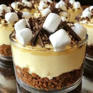 To make No-Bake S’mores Cheesecake Cups, gather these key items: - 1 cup graham cracker crumbs - 1/4 cup unsweetened cocoa powder - 1/3 cup sugar - 1/2 cup unsalted butter, melted - 16 oz cream cheese, softened - 1 cup powdered sugar - 1 teaspoon vanilla extract - 1 cup heavy whipping cream - 1 cup mini marshmallows - 1/2 cup chocolate chips (semi-sweet or milk chocolate) You can add fun toppings to your cheesecake cups. Here are some ideas: - Extra mini marshmallows for a fluffy touch - Chocolate shavings for a gourmet look - Toasted mini marshmallows for a campfire vibe - Crushed graham crackers for extra crunch If you need to swap ingredients, try these options: - Use vegan cream cheese for a dairy-free version. - Replace heavy cream with coconut cream for a lighter option. - Substitute cane sugar with coconut sugar for a different flavor. - Use gluten-free graham crackers for a gluten-free dessert. Start by gathering your ingredients. You will need graham cracker crumbs, cocoa powder, sugar, and melted butter. In a mixing bowl, combine the graham cracker crumbs, cocoa powder, and sugar. Mix these dry ingredients well. Then, pour in the melted butter and stir until it resembles wet sand. This texture is key for a good crust. Next, divide the crust mixture into small dessert cups. Use about one tablespoon per cup. Press down firmly to create an even layer. This crust will be a strong base for your cheesecake. Now, let’s make the cheesecake! In a large bowl, beat the softened cream cheese with an electric mixer. Mix until it is smooth and creamy. Gradually add the powdered sugar and vanilla extract. Keep mixing until you have a creamy mixture with no lumps. In another bowl, whip the heavy cream. You want it to form stiff peaks. This whipped cream will make your cheesecake fluffy. Gently fold the whipped cream into the cream cheese mixture. Be careful not to deflate it. Finally, add the mini marshmallows and chocolate chips. Stir until well mixed. It’s time to assemble! Spoon the cheesecake mixture over the crust in each cup. Fill them to the top for a nice finish. Make sure each cup has a good amount of the light cheesecake layer. This is where the magic happens. The combination of crust and cheesecake will create a delightful treat. After you have filled the cups, it’s time for the chilling process. Place the cheesecake cups in the refrigerator. Let them chill for at least 2-3 hours. This step is crucial. It helps the cheesecake set properly. Once they are set, you can decorate them with extra mini marshmallows and chocolate shavings. For a fun twist, toast some mini marshmallows with a kitchen torch before topping your cups. This will give them a delicious, smoky flavor. To get a smooth, creamy cheesecake, use softened cream cheese. Cold cream cheese will not mix well. Beat it until it is fluffy. Adding whipped cream makes your cheesecake light and airy. Fold it gently into the cream cheese mixture. Avoid over-mixing, as this can make it dense. Keep your cheesecake cups in the fridge. Use an airtight container to prevent them from drying out. They will stay fresh for up to three days. If you want to keep them longer, try freezing them. Use plastic wrap and foil to wrap each cup tightly. Serve your cheesecake cups chilled for the best taste. Top them with extra mini marshmallows and chocolate shavings. For a fun twist, toast the marshmallows before adding them. This adds a smoky flavor. You can serve these cups at parties or as a sweet treat after dinner. They are sure to impress everyone! {{image_2}} You can switch up the cheesecake flavor easily. Try adding different extracts. For a lemon twist, use lemon extract instead of vanilla. For chocolate lovers, add cocoa powder to the cheesecake mix. You could even use peanut butter for a nutty flavor. Just remember, adjust the sugar to balance the taste. While graham cracker crust is classic, you can explore other options. Use crushed Oreos for a rich, chocolatey base. For a nutty crunch, try ground almonds or pecans mixed with butter. If you prefer a gluten-free option, use gluten-free graham crackers or almond flour. Each crust will give your dessert a unique twist. Toppings can make your dessert pop! Besides marshmallows and chocolate shavings, try crushed candies or nuts. Caramel drizzle can add sweetness and flair. You could also use fresh berries for a fruity kick. Get creative with your toppings to match your taste and style! Store your leftover cheesecake cups in the fridge. Use an airtight container to keep them fresh. If you layer them with parchment paper, it helps prevent sticking. They will stay good for about 3-5 days. Always cover them well to keep out air and moisture. You can freeze these cheesecake cups if you want to save some for later. Just make sure they are in a freezer-safe container. Wrap each cup in plastic wrap before placing them in the container. They will last for about 1-2 months in the freezer. When you are ready to eat them, thaw them in the fridge overnight. To keep your cheesecake cups fresh, avoid adding toppings until you serve them. This way, the marshmallows and chocolate shavings won’t get soggy. If you notice any extra moisture in the container, pat it dry gently. This helps keep the texture perfect. Always check for any signs of spoilage before eating. Yes, you can use any chocolate you like. Dark chocolate adds a rich taste. Milk chocolate gives a sweeter flavor. You can even use white chocolate for a fun twist. Just be sure to chop it into small pieces for easy mixing. These cheesecake cups last for about 3 to 5 days in the fridge. Keep them in a sealed container to stay fresh. If you want to enjoy them later, make sure they are well covered. The longer they sit, the softer the crust may become. Yes, you can make this recipe gluten-free! Use gluten-free graham crackers or a similar substitute for the crust. Check the labels to ensure they are truly gluten-free. This way, you can still enjoy the same great taste without the gluten. If you need a substitute for cream cheese, try Greek yogurt. It gives a creamy texture and tangy taste. Another option is mascarpone cheese, which is richer and sweeter. Silken tofu also works for a dairy-free choice. Just blend it until smooth before mixing. You now know how to make amazing cheesecake cups. We discussed essential ingredients, step-by-step instructions, and helpful tips. You can try different flavors and toppings to make them your own. Remember to store your leftovers right to keep them fresh. This dessert is fun, easy, and perfect for any occasion. Enjoy your cheesecake cups and let your creativity shine!