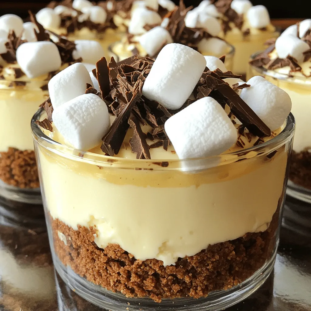 To make No-Bake S’mores Cheesecake Cups, gather these key items: - 1 cup graham cracker crumbs - 1/4 cup unsweetened cocoa powder - 1/3 cup sugar - 1/2 cup unsalted butter, melted - 16 oz cream cheese, softened - 1 cup powdered sugar - 1 teaspoon vanilla extract - 1 cup heavy whipping cream - 1 cup mini marshmallows - 1/2 cup chocolate chips (semi-sweet or milk chocolate) You can add fun toppings to your cheesecake cups. Here are some ideas: - Extra mini marshmallows for a fluffy touch - Chocolate shavings for a gourmet look - Toasted mini marshmallows for a campfire vibe - Crushed graham crackers for extra crunch If you need to swap ingredients, try these options: - Use vegan cream cheese for a dairy-free version. - Replace heavy cream with coconut cream for a lighter option. - Substitute cane sugar with coconut sugar for a different flavor. - Use gluten-free graham crackers for a gluten-free dessert. Start by gathering your ingredients. You will need graham cracker crumbs, cocoa powder, sugar, and melted butter. In a mixing bowl, combine the graham cracker crumbs, cocoa powder, and sugar. Mix these dry ingredients well. Then, pour in the melted butter and stir until it resembles wet sand. This texture is key for a good crust. Next, divide the crust mixture into small dessert cups. Use about one tablespoon per cup. Press down firmly to create an even layer. This crust will be a strong base for your cheesecake. Now, let’s make the cheesecake! In a large bowl, beat the softened cream cheese with an electric mixer. Mix until it is smooth and creamy. Gradually add the powdered sugar and vanilla extract. Keep mixing until you have a creamy mixture with no lumps. In another bowl, whip the heavy cream. You want it to form stiff peaks. This whipped cream will make your cheesecake fluffy. Gently fold the whipped cream into the cream cheese mixture. Be careful not to deflate it. Finally, add the mini marshmallows and chocolate chips. Stir until well mixed. It’s time to assemble! Spoon the cheesecake mixture over the crust in each cup. Fill them to the top for a nice finish. Make sure each cup has a good amount of the light cheesecake layer. This is where the magic happens. The combination of crust and cheesecake will create a delightful treat. After you have filled the cups, it’s time for the chilling process. Place the cheesecake cups in the refrigerator. Let them chill for at least 2-3 hours. This step is crucial. It helps the cheesecake set properly. Once they are set, you can decorate them with extra mini marshmallows and chocolate shavings. For a fun twist, toast some mini marshmallows with a kitchen torch before topping your cups. This will give them a delicious, smoky flavor. To get a smooth, creamy cheesecake, use softened cream cheese. Cold cream cheese will not mix well. Beat it until it is fluffy. Adding whipped cream makes your cheesecake light and airy. Fold it gently into the cream cheese mixture. Avoid over-mixing, as this can make it dense. Keep your cheesecake cups in the fridge. Use an airtight container to prevent them from drying out. They will stay fresh for up to three days. If you want to keep them longer, try freezing them. Use plastic wrap and foil to wrap each cup tightly. Serve your cheesecake cups chilled for the best taste. Top them with extra mini marshmallows and chocolate shavings. For a fun twist, toast the marshmallows before adding them. This adds a smoky flavor. You can serve these cups at parties or as a sweet treat after dinner. They are sure to impress everyone! {{image_2}} You can switch up the cheesecake flavor easily. Try adding different extracts. For a lemon twist, use lemon extract instead of vanilla. For chocolate lovers, add cocoa powder to the cheesecake mix. You could even use peanut butter for a nutty flavor. Just remember, adjust the sugar to balance the taste. While graham cracker crust is classic, you can explore other options. Use crushed Oreos for a rich, chocolatey base. For a nutty crunch, try ground almonds or pecans mixed with butter. If you prefer a gluten-free option, use gluten-free graham crackers or almond flour. Each crust will give your dessert a unique twist. Toppings can make your dessert pop! Besides marshmallows and chocolate shavings, try crushed candies or nuts. Caramel drizzle can add sweetness and flair. You could also use fresh berries for a fruity kick. Get creative with your toppings to match your taste and style! Store your leftover cheesecake cups in the fridge. Use an airtight container to keep them fresh. If you layer them with parchment paper, it helps prevent sticking. They will stay good for about 3-5 days. Always cover them well to keep out air and moisture. You can freeze these cheesecake cups if you want to save some for later. Just make sure they are in a freezer-safe container. Wrap each cup in plastic wrap before placing them in the container. They will last for about 1-2 months in the freezer. When you are ready to eat them, thaw them in the fridge overnight. To keep your cheesecake cups fresh, avoid adding toppings until you serve them. This way, the marshmallows and chocolate shavings won’t get soggy. If you notice any extra moisture in the container, pat it dry gently. This helps keep the texture perfect. Always check for any signs of spoilage before eating. Yes, you can use any chocolate you like. Dark chocolate adds a rich taste. Milk chocolate gives a sweeter flavor. You can even use white chocolate for a fun twist. Just be sure to chop it into small pieces for easy mixing. These cheesecake cups last for about 3 to 5 days in the fridge. Keep them in a sealed container to stay fresh. If you want to enjoy them later, make sure they are well covered. The longer they sit, the softer the crust may become. Yes, you can make this recipe gluten-free! Use gluten-free graham crackers or a similar substitute for the crust. Check the labels to ensure they are truly gluten-free. This way, you can still enjoy the same great taste without the gluten. If you need a substitute for cream cheese, try Greek yogurt. It gives a creamy texture and tangy taste. Another option is mascarpone cheese, which is richer and sweeter. Silken tofu also works for a dairy-free choice. Just blend it until smooth before mixing. You now know how to make amazing cheesecake cups. We discussed essential ingredients, step-by-step instructions, and helpful tips. You can try different flavors and toppings to make them your own. Remember to store your leftovers right to keep them fresh. This dessert is fun, easy, and perfect for any occasion. Enjoy your cheesecake cups and let your creativity shine!