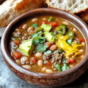 - 1 lb ground beef - 1 cup pinto beans, soaked overnight and drained - 2 cups green chiles, roasted and chopped The main ingredients create a hearty base for this soup. Ground beef offers protein and flavor. Pinto beans add creaminess and fiber. Green chiles bring a mild kick. You can choose mild or hot chiles based on your taste. - 1 medium onion, diced - 2 cloves garlic, minced Aromatics enhance the flavor of the soup. Diced onion gives sweetness. Minced garlic adds depth. Sautéing these two together creates a wonderful aroma that fills your kitchen. - 4 cups beef broth - 1 can (14 oz) diced tomatoes - 2 tablespoons olive oil - 1 teaspoon cumin - 1 teaspoon chili powder - Salt and pepper to taste The liquids and seasonings are key to the soup’s taste. Beef broth adds richness. Diced tomatoes bring acidity and sweetness. Olive oil helps with sautéing and adds flavor. Cumin and chili powder give warmth and spice. Salt and pepper help balance all the flavors. Using these ingredients, you can create a soup that is both comforting and delicious. Soaking pinto beans First, soak the pinto beans in water overnight. This helps them cook faster and makes them easier to digest. Drain the beans before using them in the soup. Chopping vegetables Next, dice the onion and mince the garlic. Fresh pieces add great flavor to the soup. You can use a sharp knife for this task to make it easier. Sautéing aromatics In a large pot, heat two tablespoons of olive oil at medium heat. Add the diced onion and minced garlic. Sauté them until the onion turns clear, about 3-4 minutes. This step builds a tasty base for your soup. Browning beef Now, raise the heat to medium-high. Add one pound of ground beef to the pot. Cook it while breaking it apart with a wooden spoon. Keep cooking until it turns brown, which takes about 5-7 minutes. If there’s extra fat, drain it off. Combining main ingredients Stir in the roasted green chiles, drained pinto beans, one teaspoon of cumin, one teaspoon of chili powder, a can of diced tomatoes, and four cups of beef broth. Mix everything well so all the flavors blend. Cooking time Bring the soup to a boil. Then, lower the heat to simmer. Let it cook uncovered for about 45 minutes. Stir it occasionally. The pinto beans will soften, and the flavors will come together. Adjusting seasonings After cooking, taste the soup. Add salt and pepper to enhance the flavor. Adjust these based on your taste preference. Once everything is perfect, remove the pot from heat. To make your Pinto Bean Green Chile Beef Soup even tastier, consider these spices: - Cumin: This spice adds warmth and depth. - Chili powder: It gives a nice kick. Adjust it to your spice level. - Smoked paprika: This can add a smoky flavor that enhances the soup. For toppings, I suggest: - Shredded cheese: Cheddar or Monterey Jack works well. - Diced avocado: It adds creaminess and freshness. - Sour cream: A dollop brings extra richness. - Fresh cilantro: It brightens the dish. You can choose different methods to cook your soup: - Stovetop: This method brings out the flavors quickly. Simmer for about 45 minutes. - Slow cooker: This allows for a deep flavor. Cook on low for 6-8 hours. - Instant Pot: Quick and easy! Cook on high pressure for 30 minutes, then let it release naturally. Pair your soup with these sides for a complete meal: - Warm crusty bread: Perfect for dipping. - Tortilla chips: They add crunch and fun. For storage, use: - Glass containers: They keep the soup fresh. - Plastic containers: Ensure they are BPA-free. These tips will help you create the best soup possible! Enjoy the process and the delicious results. {{image_2}} You can easily make this soup vegetarian. Start by substituting the ground beef with a plant-based meat alternative. Use products made from soy or pea protein. They work well in this dish. For the broth, swap beef broth with vegetable broth. It still gives a rich taste. The pinto beans add protein and fiber, making this soup hearty. The green chiles are key to the flavor. You can choose mild or hot green chiles based on your taste. If you like it spicy, go for hot chiles. To add extra heat, include cayenne pepper or crushed red pepper flakes. Stir them in while the soup simmers. This lets the flavors blend well. If you want to switch up the beans, you have options. Black beans or kidney beans work great in this soup. They bring their unique flavors and textures. You can also combine different legumes. Mixing pinto beans with black beans adds depth. This makes the soup more interesting and nutritious. To store leftover soup, let it cool first. Then, pour it into an airtight container. Seal it well to keep out air. You can keep it in the fridge for up to four days. This soup tastes even better the next day as flavors blend. For long-term storage, freeze the soup. Use a freezer-safe container or bag. Leave some space to allow for expansion. You can freeze it for up to three months. When ready to eat, thaw it overnight in the fridge. Reheat it on the stove over low heat. Stir often for even warming. Prepare the soup in advance for easy meals. You can make a big batch on the weekend. Portion it into single servings for quick lunches or dinners. This way, you’ll have healthy meals ready to go. Just heat and enjoy! If you want alternatives to pinto beans, you have several great options. You can use black beans, kidney beans, or navy beans. Each type has its own flavor and texture. For a lighter option, try using lentils. They cook fast and add a nice taste to the soup. If you're avoiding beans altogether, you can add more veggies like corn or zucchini. Yes, you can make this soup ahead of time. It tastes even better after resting. To meal prep, cook the soup and let it cool. Then, store it in the fridge for up to three days. You can also freeze it for up to three months. Just make sure to cool it completely before freezing. This way, you can enjoy a warm bowl whenever you want! Store any leftovers in airtight containers. This keeps the soup fresh and tasty. Place the soup in the fridge if you plan to eat it within a few days. For longer storage, use freezer-safe containers. When you're ready to eat, thaw the soup overnight in the fridge. Reheat it on the stove or in the microwave until it’s hot. Enjoy the comfort of your hearty soup again! This article covered how to make a hearty soup with simple ingredients. We discussed main ingredients like ground beef, pinto beans, and green chiles. You learned about cooking techniques, tips for flavor, and storage methods. I shared how to adapt the recipe for different tastes and diets. Try this recipe to warm your family on cold days. Each step helps create a delicious meal that everyone will enjoy. Enjoy cooking and experimenting with flavors!