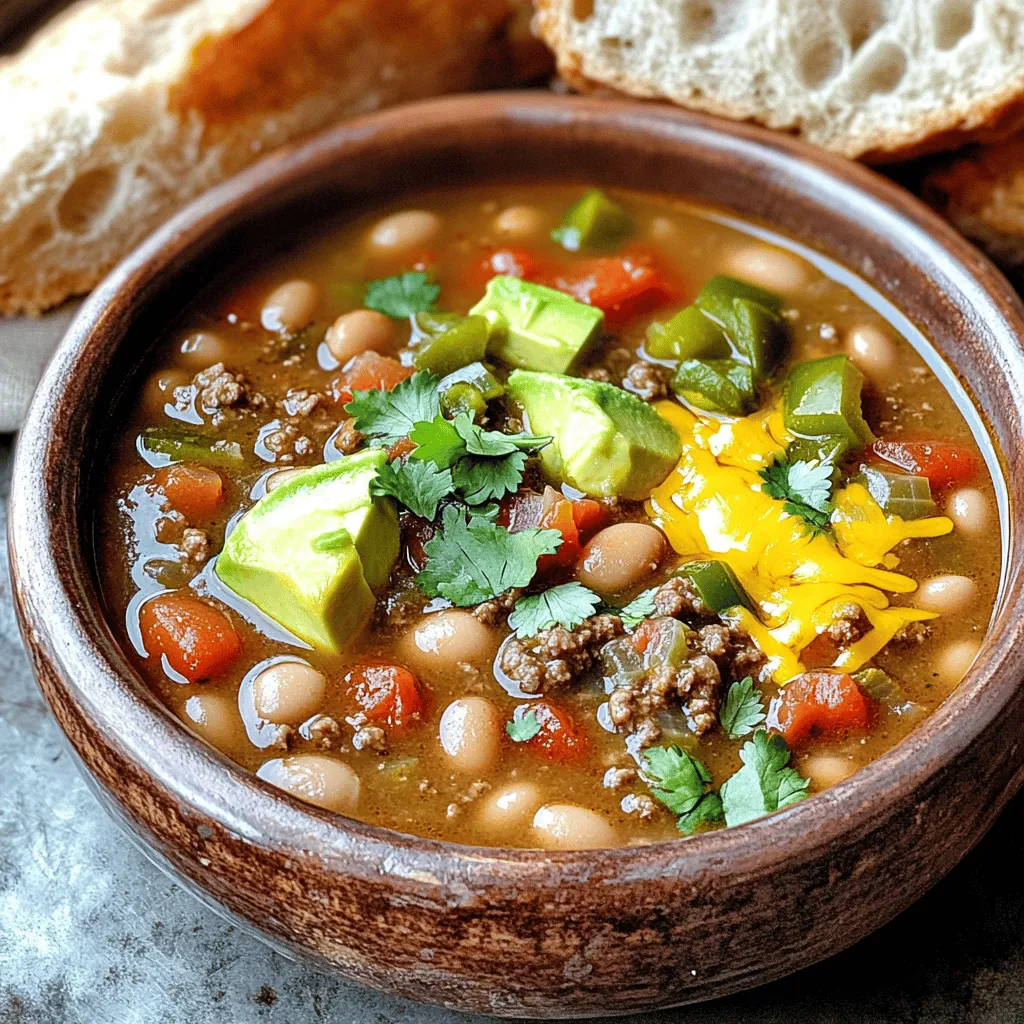 - 1 lb ground beef - 1 cup pinto beans, soaked overnight and drained - 2 cups green chiles, roasted and chopped The main ingredients create a hearty base for this soup. Ground beef offers protein and flavor. Pinto beans add creaminess and fiber. Green chiles bring a mild kick. You can choose mild or hot chiles based on your taste. - 1 medium onion, diced - 2 cloves garlic, minced Aromatics enhance the flavor of the soup. Diced onion gives sweetness. Minced garlic adds depth. Sautéing these two together creates a wonderful aroma that fills your kitchen. - 4 cups beef broth - 1 can (14 oz) diced tomatoes - 2 tablespoons olive oil - 1 teaspoon cumin - 1 teaspoon chili powder - Salt and pepper to taste The liquids and seasonings are key to the soup’s taste. Beef broth adds richness. Diced tomatoes bring acidity and sweetness. Olive oil helps with sautéing and adds flavor. Cumin and chili powder give warmth and spice. Salt and pepper help balance all the flavors. Using these ingredients, you can create a soup that is both comforting and delicious. Soaking pinto beans First, soak the pinto beans in water overnight. This helps them cook faster and makes them easier to digest. Drain the beans before using them in the soup. Chopping vegetables Next, dice the onion and mince the garlic. Fresh pieces add great flavor to the soup. You can use a sharp knife for this task to make it easier. Sautéing aromatics In a large pot, heat two tablespoons of olive oil at medium heat. Add the diced onion and minced garlic. Sauté them until the onion turns clear, about 3-4 minutes. This step builds a tasty base for your soup. Browning beef Now, raise the heat to medium-high. Add one pound of ground beef to the pot. Cook it while breaking it apart with a wooden spoon. Keep cooking until it turns brown, which takes about 5-7 minutes. If there’s extra fat, drain it off. Combining main ingredients Stir in the roasted green chiles, drained pinto beans, one teaspoon of cumin, one teaspoon of chili powder, a can of diced tomatoes, and four cups of beef broth. Mix everything well so all the flavors blend. Cooking time Bring the soup to a boil. Then, lower the heat to simmer. Let it cook uncovered for about 45 minutes. Stir it occasionally. The pinto beans will soften, and the flavors will come together. Adjusting seasonings After cooking, taste the soup. Add salt and pepper to enhance the flavor. Adjust these based on your taste preference. Once everything is perfect, remove the pot from heat. To make your Pinto Bean Green Chile Beef Soup even tastier, consider these spices: - Cumin: This spice adds warmth and depth. - Chili powder: It gives a nice kick. Adjust it to your spice level. - Smoked paprika: This can add a smoky flavor that enhances the soup. For toppings, I suggest: - Shredded cheese: Cheddar or Monterey Jack works well. - Diced avocado: It adds creaminess and freshness. - Sour cream: A dollop brings extra richness. - Fresh cilantro: It brightens the dish. You can choose different methods to cook your soup: - Stovetop: This method brings out the flavors quickly. Simmer for about 45 minutes. - Slow cooker: This allows for a deep flavor. Cook on low for 6-8 hours. - Instant Pot: Quick and easy! Cook on high pressure for 30 minutes, then let it release naturally. Pair your soup with these sides for a complete meal: - Warm crusty bread: Perfect for dipping. - Tortilla chips: They add crunch and fun. For storage, use: - Glass containers: They keep the soup fresh. - Plastic containers: Ensure they are BPA-free. These tips will help you create the best soup possible! Enjoy the process and the delicious results. {{image_2}} You can easily make this soup vegetarian. Start by substituting the ground beef with a plant-based meat alternative. Use products made from soy or pea protein. They work well in this dish. For the broth, swap beef broth with vegetable broth. It still gives a rich taste. The pinto beans add protein and fiber, making this soup hearty. The green chiles are key to the flavor. You can choose mild or hot green chiles based on your taste. If you like it spicy, go for hot chiles. To add extra heat, include cayenne pepper or crushed red pepper flakes. Stir them in while the soup simmers. This lets the flavors blend well. If you want to switch up the beans, you have options. Black beans or kidney beans work great in this soup. They bring their unique flavors and textures. You can also combine different legumes. Mixing pinto beans with black beans adds depth. This makes the soup more interesting and nutritious. To store leftover soup, let it cool first. Then, pour it into an airtight container. Seal it well to keep out air. You can keep it in the fridge for up to four days. This soup tastes even better the next day as flavors blend. For long-term storage, freeze the soup. Use a freezer-safe container or bag. Leave some space to allow for expansion. You can freeze it for up to three months. When ready to eat, thaw it overnight in the fridge. Reheat it on the stove over low heat. Stir often for even warming. Prepare the soup in advance for easy meals. You can make a big batch on the weekend. Portion it into single servings for quick lunches or dinners. This way, you’ll have healthy meals ready to go. Just heat and enjoy! If you want alternatives to pinto beans, you have several great options. You can use black beans, kidney beans, or navy beans. Each type has its own flavor and texture. For a lighter option, try using lentils. They cook fast and add a nice taste to the soup. If you're avoiding beans altogether, you can add more veggies like corn or zucchini. Yes, you can make this soup ahead of time. It tastes even better after resting. To meal prep, cook the soup and let it cool. Then, store it in the fridge for up to three days. You can also freeze it for up to three months. Just make sure to cool it completely before freezing. This way, you can enjoy a warm bowl whenever you want! Store any leftovers in airtight containers. This keeps the soup fresh and tasty. Place the soup in the fridge if you plan to eat it within a few days. For longer storage, use freezer-safe containers. When you're ready to eat, thaw the soup overnight in the fridge. Reheat it on the stove or in the microwave until it’s hot. Enjoy the comfort of your hearty soup again! This article covered how to make a hearty soup with simple ingredients. We discussed main ingredients like ground beef, pinto beans, and green chiles. You learned about cooking techniques, tips for flavor, and storage methods. I shared how to adapt the recipe for different tastes and diets. Try this recipe to warm your family on cold days. Each step helps create a delicious meal that everyone will enjoy. Enjoy cooking and experimenting with flavors!