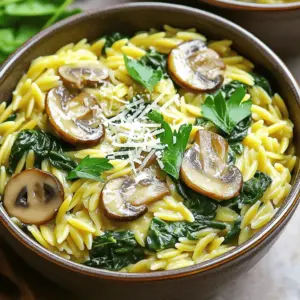 To make this creamy mushroom spinach orzo, gather these simple ingredients: - 1 cup orzo pasta - 2 tablespoons olive oil - 1 medium onion, diced - 3 cloves garlic, minced - 8 oz cremini mushrooms, sliced - 4 cups vegetable broth - 1 cup heavy cream - 3 cups fresh spinach - ½ teaspoon dried thyme - Salt and pepper to taste - ½ cup grated Parmesan cheese - Fresh parsley, chopped (for garnish) For this dish, I recommend cremini mushrooms. They have a rich flavor and firm texture. You can also use button mushrooms for a milder taste. If you want something special, try shiitake mushrooms. Their unique taste adds depth to the dish. If you prefer a lighter option, use half-and-half instead of heavy cream. For a vegan version, swap the heavy cream with coconut milk. You can also use nutritional yeast instead of Parmesan cheese for a cheesy flavor without dairy. First, gather all your ingredients. You need orzo, olive oil, onion, garlic, cremini mushrooms, vegetable broth, heavy cream, spinach, thyme, salt, pepper, Parmesan cheese, and parsley. Chop your onion and mince the garlic. Slice the mushrooms thinly. This prep helps the cooking go smoothly. Next, heat the olive oil in a large pot over medium heat. Add the diced onion. Cook it for 3-4 minutes until it softens. Now, stir in the minced garlic and sliced mushrooms. Cook these for 5-7 minutes. The mushrooms should be tender and brown. Add the orzo to the pot and stir well. Let it toast for about 1 minute. Then, pour in the vegetable broth. Bring it to a gentle boil. Lower the heat and let it simmer for 10-12 minutes. Stir occasionally until the orzo is al dente. Once cooked, mix in the heavy cream, fresh spinach, dried thyme, salt, and pepper. Cook for another 2-3 minutes. This makes the spinach wilt and the sauce creamy. Remove the pot from the heat. Stir in the grated Parmesan cheese. It melts and combines well with the dish. Taste and adjust the seasoning if needed. Serve hot in deep bowls. Top with fresh parsley and extra Parmesan for a nice touch. Enjoy your creamy mushroom spinach orzo! To get the best creaminess in your orzo, start with heavy cream. This makes a rich sauce. Stir in the cream slowly after cooking the orzo. If the sauce seems too thick, add a splash of vegetable broth. This helps keep it silky. Always mix in the cheese after the heat is off. This keeps it melty and smooth. You can switch up the mushrooms if you want. Button mushrooms work well too. For a lighter dish, use half-and-half instead of heavy cream. If you want to add more veggies, throw in some peas or bell peppers. They add color and taste. For more flavor, try adding garlic powder or crushed red pepper. If you want a crunchy top, bake your dish. After cooking, transfer it to a baking dish. Sprinkle extra cheese on top. Then, broil it for 3-5 minutes until golden. Keep an eye on it so it doesn’t burn. This gives a lovely texture contrast to the creamy orzo. {{image_2}} You can add protein to make this dish heartier. Chicken or tofu works well. For chicken, use cooked, diced pieces. Stir them in with the spinach. For tofu, choose firm tofu. Press it to remove water, then cube it. Sauté it in olive oil until golden before adding it to the pot. This adds flavor and texture. Herbs and spices can elevate the taste of your dish. Fresh herbs like basil or dill add brightness. You can also add a pinch of red pepper flakes for heat. Experiment with smoked paprika for a warm, smoky flavor. Mix these in when you add the spinach. This way, their flavors blend nicely into the creamy sauce. You can easily make this dish gluten-free or vegan. For gluten-free, swap orzo with gluten-free pasta. Check labels to ensure it fits your needs. For a vegan version, use plant-based cream and skip the cheese. Nutritional yeast can replace Parmesan for a cheesy flavor. Adjust the broth to ensure it’s also vegan. This keeps the dish tasty while meeting dietary needs. After enjoying your meal, let any leftovers cool down. Place them in an airtight container. You can store them in the fridge for up to three days. Make sure to label the container with the date. This helps you keep track of freshness. To reheat your creamy mushroom spinach orzo, add it to a pot over low heat. Stir in a splash of vegetable broth or cream to keep it moist. Heat until warm, stirring often. You can also use a microwave. Heat in short intervals, stirring between each. This keeps the dish from drying out. If you want to save some orzo for later, freezing is a great option. Allow the dish to cool completely. Then, scoop portions into freezer-safe bags or containers. Remove as much air as possible before sealing. It can last in the freezer for up to three months. When ready to eat, thaw it in the fridge overnight and reheat as mentioned above. Orzo is a small, rice-shaped pasta. It cooks quickly and has a nice texture. You can use it in soups, salads, or main dishes. It absorbs flavors well, making it great for creamy recipes like this one. Yes, you can use other pasta shapes. Small shapes like ditalini or small shells work well. Just keep an eye on cooking times. Larger pasta may need longer to cook, so adjust the liquid as needed. This dish lasts about 3 to 4 days in the fridge. Store it in an airtight container. The pasta may soak up some sauce, but it will still taste good. Reheat it gently on the stove or in the microwave. Yes, you can make this dish ahead and warm it later. Cook it as directed, then cool it quickly before storing. You might want to add a splash of broth when reheating to keep it creamy. This blog post covered key ingredients, steps, and tips for making a great dish. You learned about the best mushrooms, preparation methods, and ways to ensure a creamy result. We explored flavorful variations, storage tips, and answered common questions. Now, you can confidently create a delicious meal tailored to your taste. Remember, cooking is fun! Experiment with ingredients and make it your own. Enjoy each bite and share your successes.