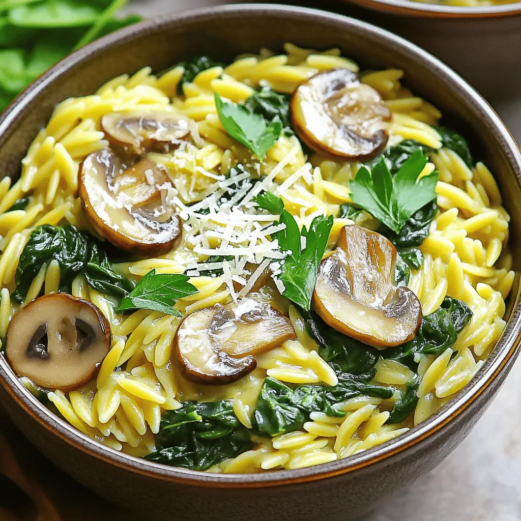 To make this creamy mushroom spinach orzo, gather these simple ingredients: - 1 cup orzo pasta - 2 tablespoons olive oil - 1 medium onion, diced - 3 cloves garlic, minced - 8 oz cremini mushrooms, sliced - 4 cups vegetable broth - 1 cup heavy cream - 3 cups fresh spinach - ½ teaspoon dried thyme - Salt and pepper to taste - ½ cup grated Parmesan cheese - Fresh parsley, chopped (for garnish) For this dish, I recommend cremini mushrooms. They have a rich flavor and firm texture. You can also use button mushrooms for a milder taste. If you want something special, try shiitake mushrooms. Their unique taste adds depth to the dish. If you prefer a lighter option, use half-and-half instead of heavy cream. For a vegan version, swap the heavy cream with coconut milk. You can also use nutritional yeast instead of Parmesan cheese for a cheesy flavor without dairy. First, gather all your ingredients. You need orzo, olive oil, onion, garlic, cremini mushrooms, vegetable broth, heavy cream, spinach, thyme, salt, pepper, Parmesan cheese, and parsley. Chop your onion and mince the garlic. Slice the mushrooms thinly. This prep helps the cooking go smoothly. Next, heat the olive oil in a large pot over medium heat. Add the diced onion. Cook it for 3-4 minutes until it softens. Now, stir in the minced garlic and sliced mushrooms. Cook these for 5-7 minutes. The mushrooms should be tender and brown. Add the orzo to the pot and stir well. Let it toast for about 1 minute. Then, pour in the vegetable broth. Bring it to a gentle boil. Lower the heat and let it simmer for 10-12 minutes. Stir occasionally until the orzo is al dente. Once cooked, mix in the heavy cream, fresh spinach, dried thyme, salt, and pepper. Cook for another 2-3 minutes. This makes the spinach wilt and the sauce creamy. Remove the pot from the heat. Stir in the grated Parmesan cheese. It melts and combines well with the dish. Taste and adjust the seasoning if needed. Serve hot in deep bowls. Top with fresh parsley and extra Parmesan for a nice touch. Enjoy your creamy mushroom spinach orzo! To get the best creaminess in your orzo, start with heavy cream. This makes a rich sauce. Stir in the cream slowly after cooking the orzo. If the sauce seems too thick, add a splash of vegetable broth. This helps keep it silky. Always mix in the cheese after the heat is off. This keeps it melty and smooth. You can switch up the mushrooms if you want. Button mushrooms work well too. For a lighter dish, use half-and-half instead of heavy cream. If you want to add more veggies, throw in some peas or bell peppers. They add color and taste. For more flavor, try adding garlic powder or crushed red pepper. If you want a crunchy top, bake your dish. After cooking, transfer it to a baking dish. Sprinkle extra cheese on top. Then, broil it for 3-5 minutes until golden. Keep an eye on it so it doesn’t burn. This gives a lovely texture contrast to the creamy orzo. {{image_2}} You can add protein to make this dish heartier. Chicken or tofu works well. For chicken, use cooked, diced pieces. Stir them in with the spinach. For tofu, choose firm tofu. Press it to remove water, then cube it. Sauté it in olive oil until golden before adding it to the pot. This adds flavor and texture. Herbs and spices can elevate the taste of your dish. Fresh herbs like basil or dill add brightness. You can also add a pinch of red pepper flakes for heat. Experiment with smoked paprika for a warm, smoky flavor. Mix these in when you add the spinach. This way, their flavors blend nicely into the creamy sauce. You can easily make this dish gluten-free or vegan. For gluten-free, swap orzo with gluten-free pasta. Check labels to ensure it fits your needs. For a vegan version, use plant-based cream and skip the cheese. Nutritional yeast can replace Parmesan for a cheesy flavor. Adjust the broth to ensure it’s also vegan. This keeps the dish tasty while meeting dietary needs. After enjoying your meal, let any leftovers cool down. Place them in an airtight container. You can store them in the fridge for up to three days. Make sure to label the container with the date. This helps you keep track of freshness. To reheat your creamy mushroom spinach orzo, add it to a pot over low heat. Stir in a splash of vegetable broth or cream to keep it moist. Heat until warm, stirring often. You can also use a microwave. Heat in short intervals, stirring between each. This keeps the dish from drying out. If you want to save some orzo for later, freezing is a great option. Allow the dish to cool completely. Then, scoop portions into freezer-safe bags or containers. Remove as much air as possible before sealing. It can last in the freezer for up to three months. When ready to eat, thaw it in the fridge overnight and reheat as mentioned above. Orzo is a small, rice-shaped pasta. It cooks quickly and has a nice texture. You can use it in soups, salads, or main dishes. It absorbs flavors well, making it great for creamy recipes like this one. Yes, you can use other pasta shapes. Small shapes like ditalini or small shells work well. Just keep an eye on cooking times. Larger pasta may need longer to cook, so adjust the liquid as needed. This dish lasts about 3 to 4 days in the fridge. Store it in an airtight container. The pasta may soak up some sauce, but it will still taste good. Reheat it gently on the stove or in the microwave. Yes, you can make this dish ahead and warm it later. Cook it as directed, then cool it quickly before storing. You might want to add a splash of broth when reheating to keep it creamy. This blog post covered key ingredients, steps, and tips for making a great dish. You learned about the best mushrooms, preparation methods, and ways to ensure a creamy result. We explored flavorful variations, storage tips, and answered common questions. Now, you can confidently create a delicious meal tailored to your taste. Remember, cooking is fun! Experiment with ingredients and make it your own. Enjoy each bite and share your successes.