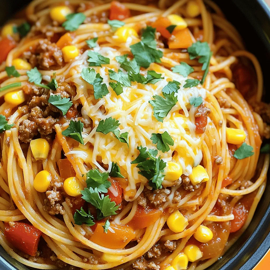 - 12 oz spaghetti - 1 lb ground beef - 1 medium onion, diced - 2 cloves garlic, minced - 1 bell pepper, diced (any color) Cowboy spaghetti starts with a solid base. First, cook the spaghetti. I love using 12 ounces. It gives a nice amount for sharing. Next, the ground beef adds rich flavor and protein. One pound is just right. Then, we need fresh veggies: a medium onion, two cloves of minced garlic, and one diced bell pepper. Use any color bell pepper you like. This mix brings great taste and texture. - 2 tablespoons taco seasoning - 1 teaspoon smoked paprika - Salt and pepper to taste Seasonings make this dish stand out. I use two tablespoons of taco seasoning for a fun kick. Smoked paprika adds a warm depth. A teaspoon will do. Don’t forget salt and pepper. Adjust these to your taste. They help balance all the flavors. - Shredded cheddar cheese - Fresh cilantro Toppings finish the dish perfectly. I love adding shredded cheddar cheese. It melts beautifully on top. Fresh cilantro adds a bright note. Just sprinkle some on before serving. This makes your cowboy spaghetti not just tasty, but also pretty! Sautéing Onion and Garlic Start by heating two tablespoons of olive oil in a large pot over medium heat. Add one diced onion and cook it for about three to four minutes. You want the onion to turn soft and clear. Then, toss in two minced garlic cloves. Stir it all for two minutes. The smell will be amazing! Adding Bell Pepper Next, add one diced bell pepper. You can use any color you like—red, green, or yellow. Cook for another two minutes. This adds great flavor and color to your dish. Cooking Until No Longer Pink Now, it’s time for the star of the show: the ground beef. Add one pound of ground beef to the pot. Break it apart with a spoon. Cook until it’s brown and no longer pink, which should take about five to seven minutes. Draining Excess Fat Once the beef is browned, you may see some fat at the bottom. Carefully drain this excess fat. This helps keep your dish tasty and not greasy. Adding Tomatoes and Broth Now, pour in one can of diced tomatoes (with juice) and one cup of beef broth. This will give your spaghetti a rich flavor. Stir it all together. Incorporating Spaghetti and Beans Finally, add twelve ounces of spaghetti and one can of rinsed black beans. Make sure the spaghetti is submerged in the liquid. Also, toss in one cup of frozen corn. Stir well to combine everything. Now you are ready to cook! Adjusting Seasonings Adjusting the seasonings is key. Start with the taco seasoning and smoked paprika. Taste as you go. If it needs more spice, add a bit more seasoning. You can also sprinkle in a pinch of salt. This will help bring out all the flavors. Don't forget to add some black pepper for a little kick! Using Fresh vs. Canned Ingredients Using fresh ingredients can boost flavor. Fresh veggies like bell peppers add crunch. However, canned tomatoes and beans save time. They also work well in this dish. Just make sure to rinse canned beans to cut down on sodium. Fresh or canned, both options will make your meal tasty. Ensuring Spaghetti is Submerged When you add the spaghetti, make sure it is submerged. This helps it cook evenly. Stir the pot a few times to mix it well. If needed, add a bit more beef broth. This keeps the pasta from sticking. A well-simmered spaghetti will soak up all the flavors. Managing Heat for Optimal Cooking Control the heat while cooking. Start with medium heat to bring everything to a boil. Then, lower the heat to let it simmer. A gentle simmer lets the spaghetti cook just right. Stir occasionally to prevent sticking. This will help the flavors blend together well. Pairing with Side Dishes Pair your One-Pot Cowboy Spaghetti with a fresh salad. A green salad adds a nice crunch. You could also serve it with garlic bread. Both options add more flavor to the meal. They make it feel extra special. Options for Vegetarian Variations For a vegetarian twist, swap out the beef. Use mushrooms or lentils instead. They both add great texture and taste. You can also include more vegetables like zucchini or spinach. This makes the dish hearty and healthy without meat. {{image_2}} You can easily change the protein in this dish. Ground beef is common, but turkey, chicken, or even tofu work well. Each choice brings a unique flavor. For a lighter meal, try turkey or chicken. Tofu is great for a vegan option. You can also swap the vegetables. Use zucchini, mushrooms, or spinach instead of bell peppers. Each vegetable adds its own taste and texture. Mix and match based on what you have at home. This flexibility keeps the dish exciting. Experimenting with spices is fun. Try adding cumin, chili powder, or oregano for a twist. Each spice changes the dish’s flavor. You can also think about fresh herbs, like basil or parsley, for a fresh taste. If you like heat, add hot sauce. A few dashes can spice things up. You can also mix in jalapeños for a bold kick. Adjust the spice to suit your taste buds. For gluten-free options, use gluten-free spaghetti. Many brands offer tasty alternatives that cook well. This way, everyone can enjoy the meal. If you want a vegan dish, replace beef with lentils or mushrooms. Use vegetable broth instead of beef broth for a richer taste. Make sure to skip the cheese topping or use a vegan cheese. These swaps keep the dish flavorful and satisfying for all diets. To store leftover One-Pot Cowboy Spaghetti, let it cool first. Place it in an airtight container. This keeps the meal fresh and tasty. You can store it in the fridge for up to three days. For best results, eat it within two days. I suggest using glass or BPA-free plastic containers. They seal tightly and prevent spills. Plus, they help keep your spaghetti safe from odors in the fridge. When it's time to eat again, reheating is key. The best method is using the stove. Heat a pan over medium-low heat. Add a splash of beef broth or water to keep it moist. Stir often to avoid sticking. If you prefer the microwave, use a microwave-safe bowl. Add a bit of liquid and cover it with a lid or wrap. Heat in short bursts of 1-2 minutes, stirring in between. This way, your spaghetti stays soft and full of flavor. If you want to save some for later, freezing works well. Let the spaghetti cool completely before you freeze it. Portion it into freezer-safe bags or containers. Squeeze out the air to prevent freezer burn. It can last up to three months in the freezer. To thaw, place it in the fridge overnight. If you're in a hurry, you can use the microwave. Cook it on low power until it's warm. Reheat it on the stove as needed to bring back its texture. Look for a few signs. First, check the color. It should look light and firm. Then, taste a strand. It should be tender but still have a slight bite. This is called "al dente." Usually, spaghetti takes about 8 to 12 minutes to cook. Keep an eye on it to avoid overcooking. If it’s too soft, it won’t hold up in your dish. Yes, you can! Making this dish ahead saves time. Cook it as usual, then let it cool. Store it in an airtight container in the fridge. It stays fresh for about three days. If you freeze it, use a freezer-safe container. It can last for up to three months. Just thaw it in the fridge before reheating. Get creative with toppings! Besides shredded cheddar cheese, try crumbled feta or Monterey Jack. Fresh herbs like parsley or basil add flavor, too. You can also use sliced jalapeños for heat. A dollop of sour cream or guacamole makes it extra tasty. Mix and match to find your favorite combination! In this blog post, we explored all your needs for making Cowboy Spaghetti. We covered the necessary ingredients like spaghetti, ground beef, and fresh veggies. I explained how to sauté your base, brown the beef, and combine those tasty flavors. You also learned about tips for the best spicing and serving ideas. With these simple steps, you can make a dish your friends and family will love. Enjoy eating this meal and feel free to personalize it to your taste!