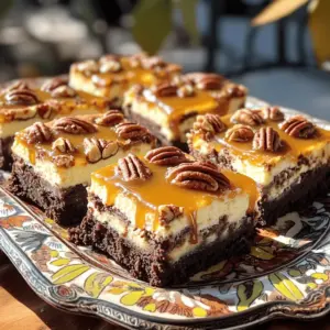 - 1 cup unsalted butter, melted - 2 cups granulated sugar - 4 large eggs - 1 teaspoon vanilla extract - 1 cup all-purpose flour - 1 cup unsweetened cocoa powder - 1/2 teaspoon salt The brownie base is rich and fudgy. The melted butter adds moisture. Granulated sugar gives it sweetness. Eggs add structure and help it rise. Vanilla extract enhances the flavor. The flour and cocoa powder create a soft texture. Salt balances the sweetness and deepens the taste. - 16 oz cream cheese, softened - 1 cup powdered sugar - 2 large eggs - 1 teaspoon vanilla extract The cheesecake layer is creamy and smooth. Softened cream cheese provides a rich base. Powdered sugar sweetens it without grittiness. Eggs help set the layer, making it firm. Vanilla extract gives that classic cheesecake flavor, making it irresistible. - 1 cup pecans, chopped - 1 cup caramel sauce (store-bought or homemade) The caramel pecan topping is a delightful mix of flavors. Chopped pecans add crunch and nuttiness. Caramel sauce brings a sweet, sticky finish. Together, they create a beautiful and tasty layer on top of the cheesecake. This topping makes the bars fun and festive. First, preheat your oven to 350°F (175°C). This step is key for even baking. While the oven heats, prep your baking pan. You can grease a 9x13 inch baking pan. Alternatively, line the pan with parchment paper. This makes it easy to lift the bars out later. In a large bowl, mix the melted butter and granulated sugar. Whisk them together until smooth. Next, add the eggs one at a time. Make sure to mix well after each addition. Stir in the vanilla extract for flavor. Now, sift in the flour, cocoa powder, and salt. Gently fold until just combined. Be careful not to overmix. Pour this brownie batter into your prepared pan, spreading it evenly. For the cheesecake layer, beat the softened cream cheese in a mixing bowl. You want it to be smooth and creamy. Gradually add the powdered sugar, mixing until well blended. Then, add the eggs and vanilla extract. Mix again until everything is nicely incorporated. Pour the cheesecake mixture over the brownie base. Spread it out evenly across the top. Now, bake this in your preheated oven for about 30 to 35 minutes. The cheesecake should look set but still jiggle a bit in the center. Check that the brownie layer is firm to the touch. After baking, let the bars cool for about 10 minutes. Sprinkle the chopped pecans evenly over the cheesecake layer. Then, drizzle the caramel sauce on top. If you like, use a knife to gently swirl the caramel into the cheesecake. Return the bars to the oven for an extra 5 to 10 minutes. This warms the pecans and caramel. Let the bars cool completely in the pan. Finally, refrigerate them for at least 2 hours to set. Once chilled, lift them out using the parchment paper, slice, and enjoy! To make the best brownies, always start with fresh ingredients. Use high-quality cocoa powder. Melt your butter completely for a rich flavor. Whisk the sugar and butter well to blend them. Add eggs one at a time, mixing after each. This helps create a smooth batter. When adding dry ingredients, sift them first. This avoids lumps and adds air for a light texture. Mix gently to avoid overmixing. Overmixing can lead to dense brownies. A smooth cheesecake layer is key. Make sure your cream cheese is softened to room temperature. This helps it blend more easily. Beat it well until creamy and free of lumps. Gradually add powdered sugar to avoid a grainy texture. Mix in the eggs and vanilla slowly. This keeps the mixture smooth. Pour the cheesecake layer gently over the brownie base. Spread it evenly for even baking. For a great caramel swirl, use warm caramel sauce. If it's cold, it won't swirl well. After baking, let the bars cool for about 10 minutes. This gives the cheesecake layer time to set. Sprinkle chopped pecans on top first. Drizzle the warm caramel sauce over this layer. Use a knife to gently swirl the caramel into the cheesecake. Be careful not to mix too much. You want distinct swirls for the best look! {{image_2}} You can boost the brownie base flavor easily. Here are some ideas: - Chocolate Chips: Add 1 cup of chocolate chips for extra chocolate goodness. - Coffee: Mix in 1 tablespoon of instant coffee for a rich taste. - Nut Butter: Stir in 1/2 cup of peanut butter or almond butter for a nutty twist. These simple changes make each bite more exciting and delicious. Toppings can change the whole vibe of your dessert. Here are some tasty options: - Fresh Fruit: Add sliced strawberries or raspberries for a fresh touch. - Whipped Cream: Serve with a dollop of whipped cream for added creaminess. - Dark Chocolate Drizzle: Drizzle melted dark chocolate over the top for an elegant finish. Mix and match these toppings to suit your taste or the season. If you need a gluten-free version, it’s easy to adapt: - Gluten-Free Flour: Replace all-purpose flour with a 1:1 gluten-free baking blend. - Check Ingredients: Ensure your caramel sauce and other toppings are gluten-free. This way, everyone can enjoy these delightful bars without worry. To keep your caramel pecan cheesecake brownie bars fresh, store them in an airtight container. Place a piece of wax paper between layers to prevent sticking. You can keep them in the fridge for up to one week. This way, you can enjoy the rich flavors for days. If you want to save some for later, freezing is a great option. First, let the bars cool completely. Then, slice them into squares. Wrap each square tightly in plastic wrap and then in aluminum foil. Place them in a freezer-safe bag. These bars freeze well for up to three months. When you crave a treat, just thaw them in the fridge. To enjoy your bars warm, you can reheat them. Place a square on a microwave-safe plate and heat for about 10-15 seconds. Keep an eye on them to avoid overheating. You can also place the bars in a preheated oven at 350°F (175°C) for about 5-10 minutes. This will make the caramel gooey again, bringing back that fresh-baked taste. Yes, you can use other nuts. Walnuts or almonds work great. Just chop them up like you would pecans. They add a nice crunch, too. Each nut gives a unique flavor, so feel free to experiment. Making caramel sauce is simple. You need sugar and butter. Start by melting 1 cup of sugar in a pan over low heat. Stir until it turns golden brown. Then add 6 tablespoons of butter. Mix until smooth. Finally, pour in 1/2 cup of heavy cream. Stir until it thickens. Let it cool before using. If you need a cream cheese substitute, use Greek yogurt or ricotta cheese. Both options provide a creamy texture. For a dairy-free option, try cashew cream. Just blend soaked cashews with a bit of lemon juice and water until smooth. These bars last up to one week in the fridge. Store them in an airtight container for best results. You can also freeze them for up to three months. Just make sure to wrap them tightly before freezing. This way, they stay fresh and tasty! This blog post covered how to make delicious caramel pecan cheesecake brownies. We discussed the key ingredients, from the brownie base to the creamy topping. I shared step-by-step instructions for baking and assembling the dessert. You also learned tips for perfect results and tasty variations. Keep these ideas in mind as you bake. Enjoy your homemade treats, and don't forget to share them! With practice, you'll master this recipe and impress everyone with your skills. Happy baking!