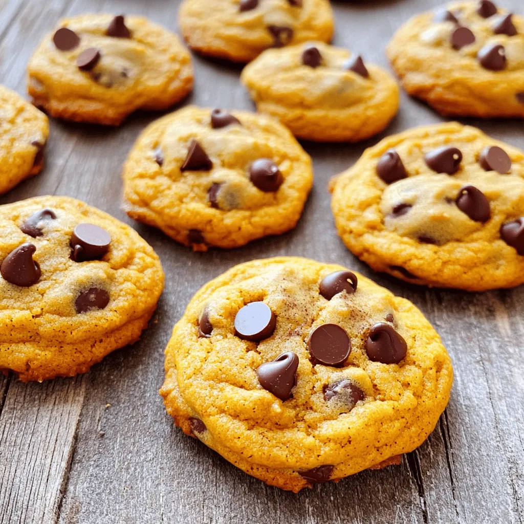 To make soft pumpkin chocolate chip cookies, you need to gather some key items. Here’s what you'll need: - 1 cup pumpkin puree - 1/2 cup unsalted butter, softened - 1 cup brown sugar, packed - 1/2 cup granulated sugar - 1 large egg - 1 teaspoon vanilla extract - 2 cups all-purpose flour - 1 teaspoon baking soda - 1 teaspoon baking powder - 1 teaspoon ground cinnamon - 1/2 teaspoon ground nutmeg - 1/4 teaspoon ground ginger - 1/2 teaspoon salt - 1 cup semi-sweet chocolate chips The pumpkin puree makes these cookies soft and moist. It gives them a rich flavor. The butter must be softened to mix well with the sugars. This helps create that light and fluffy texture you want. Brown sugar adds moisture, while granulated sugar adds sweetness. Together, they make the perfect blend. Flour is the backbone of the cookie, but don't overmix. This keeps them tender. To make your cookies even more special, consider adding some fun extras. You can throw in a handful of chopped nuts, like walnuts or pecans, for crunch. Dried cranberries or raisins can add a sweet twist. If you love spice, add more ground ginger or cloves. These options let you create a cookie that suits your taste perfectly. Start by gathering your ingredients. You need pumpkin puree, butter, sugars, an egg, and chocolate chips. Measure out 1 cup of pumpkin puree and set it aside. Then, soften 1/2 cup of unsalted butter. You can leave it out for a while or microwave it for a few seconds. Grab your sugars: 1 cup of brown sugar and 1/2 cup of granulated sugar. Have a large mixing bowl ready for the next steps. Don't forget your baking sheet! Line it with parchment paper to make cleanup easy. In your large mixing bowl, add the softened butter, brown sugar, and granulated sugar. Mix these together until fluffy. This takes about two minutes. Next, add the pumpkin puree, 1 large egg, and 1 teaspoon of vanilla extract. Beat this mixture until smooth. In another bowl, whisk together 2 cups of flour, 1 teaspoon of baking soda, 1 teaspoon of baking powder, and spices: 1 teaspoon of cinnamon, 1/2 teaspoon of nutmeg, 1/4 teaspoon of ginger, and 1/2 teaspoon of salt. Gradually mix the dry ingredients into the wet mixture. Stir gently until just combined. Be careful not to overmix! Finally, fold in 1 cup of semi-sweet chocolate chips. Now it’s time to bake! Use a cookie scoop or tablespoon to drop rounded balls of dough onto the lined baking sheet. Make sure to leave space between each cookie for spreading. Bake them in your preheated oven at 350°F (175°C) for 10 to 12 minutes. They should look set at the edges and slightly underbaked in the center. This gives them that soft texture we love. After baking, let the cookies cool on the sheet for about 5 minutes. Then, transfer them to a wire rack to cool completely. Enjoy the warm, soft cookies! To make the softest pumpkin chocolate chip cookies, focus on a few key steps. First, use room-temperature butter. This helps mix the butter and sugars well. It gives your cookies a light and airy texture. Next, do not overmix your dough. Once you add the dry mix, stir gently. Overmixing can lead to tough cookies. Finally, bake only until the edges set. This keeps the centers soft and chewy. Many home bakers make simple mistakes that affect cookie softness. One mistake is using cold butter. Cold butter does not blend well, making cookies dense. Another error is measuring flour incorrectly. Too much flour can dry your cookies out. Always spoon flour into the measuring cup and level it with a knife. Lastly, avoid opening the oven often while baking. Each time you do, heat escapes, which can lead to uneven baking. You can easily adapt this recipe for dietary needs. If you need a dairy-free option, use vegan butter instead of unsalted butter. You can also replace the egg with flaxseed meal. Mix one tablespoon of flaxseed meal with three tablespoons of water and let it sit. For a gluten-free version, swap all-purpose flour with a gluten-free flour blend. Always check that your chocolate chips are dairy-free if needed. {{image_2}} To make spiced pumpkin chocolate chip cookies, add more spices. Try using up to 2 teaspoons of cinnamon. You can also add a teaspoon of allspice or cloves for warmth. This will add depth to the flavor. Each bite will feel cozy, perfect for fall. Your friends and family will love this twist. If you want some crunch, add nuts. Walnuts or pecans work well. Chop them up and mix in about half a cup. They will give a nice texture contrast to the soft cookies. You can even toast the nuts for a deeper flavor. This makes the cookies even more special. Want to make gluten-free cookies? No problem! Just swap the all-purpose flour for a gluten-free blend. Make sure it has xanthan gum for better texture. You can also add a pinch of baking powder for extra rise. These cookies will still be soft and delicious. Enjoy your tasty treat without worry! To keep your soft pumpkin chocolate chip cookies fresh, store them in an airtight container. This helps lock in moisture. Place a piece of bread inside the container. This will keep the cookies soft for longer. You can also stack them with parchment paper between layers. This prevents sticking. Store them at room temperature for up to one week. If you want to keep your cookies for more than a week, freezing is a great option. First, let the cookies cool completely. Then, place them in a single layer on a baking sheet and freeze for about two hours. Once frozen, transfer the cookies to a freezer-safe bag or container. They will last for up to three months in the freezer. When ready to eat, simply thaw at room temperature. If your cookies lose some softness, don’t worry! You can refresh them easily. Preheat your oven to 300°F (150°C). Place the cookies on a baking sheet for about 5 minutes. This will help regain their soft texture. You can also microwave them for about 10 seconds. This warms them up and makes them soft again. Enjoy your delicious cookies! Yes, you can use fresh pumpkin. First, cook the pumpkin until soft. Then mash it well. Strain out extra moisture to keep cookies from being too wet. Canned pumpkin is easier but fresh gives a nice taste. The cookies are done when the edges are set and lightly golden. They may look soft in the center. This is fine! They will firm up as they cool. Keep an eye on them after 10 minutes. You can use many options! Try white chocolate chips, butterscotch chips, or even nuts. Dried fruit like cranberries or raisins works great too. Each will add a unique twist to your cookies. Enjoy trying different flavors! You've learned the key ingredients for soft cookies and how to mix them well. The step-by-step instructions will help you bake with ease. Remember the tips to get the softest cookies and avoid mistakes. You can also try fun variations like spiced pumpkin or gluten-free options. Store cookies properly and refresh them when needed. Baking can be simple and fun. Enjoy your cookies knowing you have the skills to make them great. Keep this guide handy for tasty results every time. Happy baking!