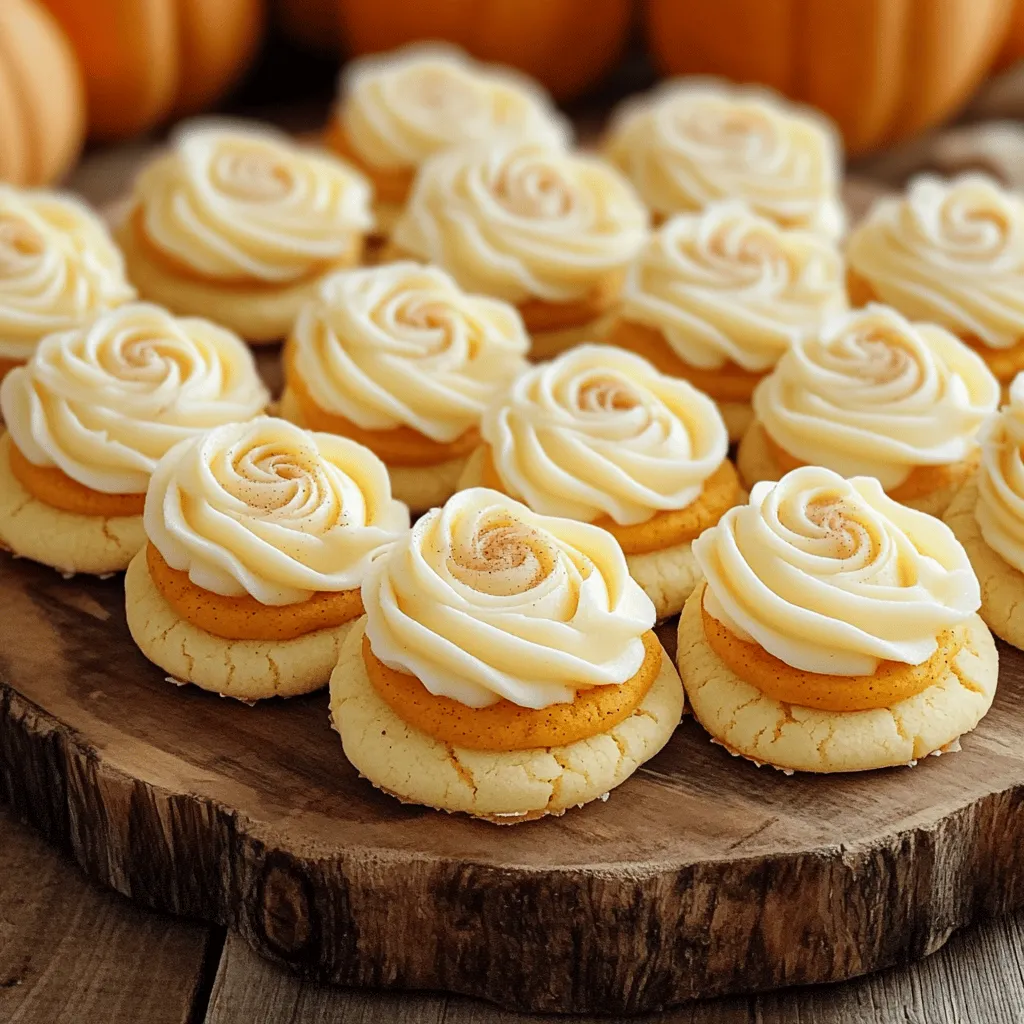 - 2 ½ cups all-purpose flour - 1 teaspoon baking powder - 1 teaspoon baking soda - 1 tablespoon pumpkin pie spice - ½ teaspoon salt For the pumpkin sugar cookies, I use all-purpose flour. This flour gives the cookies a nice structure. Baking powder and baking soda make the cookies rise. They help create a light texture. Pumpkin pie spice adds warmth and flavor. It’s a mix of cinnamon, nutmeg, and ginger. A pinch of salt balances the sweetness and enhances the taste. - 8 oz cream cheese, softened - ½ cup unsalted butter, softened - 4 cups powdered sugar - 1 teaspoon vanilla extract - A pinch of cinnamon for garnish For the cream cheese frosting, I use softened cream cheese. It gives a rich, tangy flavor. I also add softened unsalted butter for creaminess. The powdered sugar sweetens the frosting and makes it fluffy. A splash of vanilla adds warmth. Finally, I sprinkle a pinch of cinnamon on top. It not only looks nice but also adds a hint of spice. This frosting pairs perfectly with the cookies. 1. Preheat the oven and prepare baking sheets. Set your oven to 350°F (175°C). Line two baking sheets with parchment paper. This step helps cookies bake evenly and prevents sticking. 2. Mix the dry ingredients. In a medium bowl, whisk together: - 2 ½ cups all-purpose flour - 1 teaspoon baking powder - 1 teaspoon baking soda - 1 tablespoon pumpkin pie spice - ½ teaspoon salt Set this mixture aside for later. 3. Cream the butter and sugar. In a large mixing bowl, beat together: - 1 cup unsalted butter, softened - 1 cup granulated sugar Mix until light and fluffy, about 3-4 minutes. This aeration adds texture to the cookies. 4. Add egg and pumpkin puree. Beat in: - 1 large egg - 1 cup canned pumpkin puree - 1 teaspoon vanilla extract Mix until everything is smooth and well combined. 5. Incorporate dry ingredients. Gradually add the dry mixture to the wet ingredients. Mix until just combined. Be careful not to over-mix; this keeps cookies tender. 6. Scoop and place cookies on baking sheets. Use a cookie scoop or tablespoons to drop rounded dough balls onto the prepared sheets. Space them about 2 inches apart to allow for spreading. 7. Bake the cookies. Place the sheets in the oven and bake for 10-12 minutes. The edges should be lightly golden. The centers may seem underbaked, but that’s fine. They will firm up as they cool. 8. Cooling tips on wire racks. After baking, let the cookies cool on the sheets for 5 minutes. Then, transfer them to wire racks to cool completely. This helps them stay soft and not soggy. 9. Prepare the cream cheese frosting. In a medium bowl, beat together: - 8 oz cream cheese, softened - ½ cup unsalted butter, softened Mix until smooth. Gradually add: - 4 cups powdered sugar Continue mixing until fluffy. Stir in: - 1 teaspoon vanilla extract 10. Frosting tips to achieve the perfect texture. If the frosting is too thick, add a little milk. For a fluffier texture, beat it longer. Once cookies are cool, spread the frosting generously on each cookie. 11. Garnish. Sprinkle a pinch of cinnamon over the frosted cookies. This adds a nice touch and enhances the flavor. To get the best texture for your pumpkin sugar cookies, start with the butter and sugar. Beat them together until they look light and fluffy. This process takes about 3-4 minutes. The air you add here helps the cookies rise. Be careful not to over-mix once you add the dry ingredients. Mixing too much makes the cookies tough. You want just enough to blend everything smoothly. When you make cream cheese frosting, it's key to soften the cream cheese. You can leave it out at room temperature for about 30 minutes. This makes it easy to blend with the butter. Adjust the sweetness of your frosting to your taste. If you like it sweeter, add more powdered sugar. Just remember to mix it in slowly to keep the texture smooth. To know when your cookies are done, look at the edges. They should be lightly golden. The centers might look a bit soft, but that is fine. They will continue to bake on the sheet after you take them out. To avoid dry cookies, keep an eye on the baking time. Don’t bake them for too long. If you notice them browning too much, take them out a minute early. Enjoy your soft, chewy cookies! {{image_2}} You can have fun with flavors in your pumpkin sugar cookies. One tasty option is adding chocolate chips. The rich chocolate pairs well with the warm spices in the cookies. Just fold in about a cup of semi-sweet or dark chocolate chips when you mix the dough. This twist adds a delightful surprise in every bite. Another way to change the flavor is by exploring spice variations. You might try adding ginger, nutmeg, or allspice to the pumpkin pie spice. Each spice brings a unique warmth and depth to the cookies. A pinch of cardamom can also give a lovely twist. Play around with the amounts to find what you love best. Switching up the frosting can also create a new experience. You can use different flavors, like maple or vanilla, to keep things exciting. Simply replace the vanilla extract in the cream cheese frosting with maple extract. This will give your cookies a sweet, fall-like flavor. If you're looking for dairy-free options, try a coconut cream frosting. Just whip together coconut cream with powdered sugar and a bit of vanilla. This alternative will keep your cookies creamy and delicious without dairy. You can also use a store-bought dairy-free frosting for ease. When serving your pumpkin sugar cookies, consider some great beverage pairings. A warm cup of chai tea or spiced apple cider complements the cookies nicely. The warm spices in the drinks enhance the flavors in the cookies. For plating, try stacking the cookies on a colorful plate. Add a few cinnamon sticks or a sprinkle of pumpkin seeds for decoration. This adds a nice touch and makes your cookies look extra special. You can also serve them alongside a scoop of vanilla ice cream for a fun dessert twist. To keep your pumpkin sugar cookies fresh, store them in an airtight container. This method helps maintain softness and flavor. You can keep them at room temperature for up to five days. If you want them to last longer, place them in the fridge. Refrigerated cookies can stay fresh for about two weeks. If you want to save some cookies, freezing is a great option. Follow these steps: 1. Cool Completely: First, let your cookies cool on a wire rack. 2. Wrap Well: Wrap each cookie in plastic wrap. This keeps them from getting freezer burn. 3. Place in a Bag: Put the wrapped cookies in a freezer bag or container. Label it with the date. 4. Frosting Storage: For the frosting, store it in a separate airtight container in the fridge. To thaw, take out the cookies and let them sit at room temperature for about 30 minutes. If you want to refrost them, make sure the cookies are cool first. For the best flavor and texture, eat your cookies within a week. If you store them correctly, they will taste great. Use a container that seals tightly to keep air out. This simple step helps keep the cookies soft and tasty. Enjoy your delightful treats as they stay fresh and delicious! Yes, you can use fresh pumpkin. Fresh pumpkin adds a brighter, fresher flavor. It also has a different texture, which can change the cookie's outcome. Make sure to cook and puree the pumpkin until smooth. Drain any extra moisture to avoid soggy cookies. To make these cookies gluten-free, swap all-purpose flour with gluten-free flour. A blend that includes almond flour and coconut flour works well. You can also use a store-bought gluten-free flour mix. Just check that it contains a binding agent like xanthan gum. If your cookies spread too much, check your butter. It should be softened, not melted. If it's too warm, chill the dough for 30 minutes before baking. Also, ensure you measure flour correctly. Too little flour can cause spreading. Yes, you can prepare the dough ahead of time. After mixing, wrap it tightly in plastic wrap. Store it in the fridge for up to three days. You can also freeze the dough for up to three months. Just thaw it in the fridge overnight before baking. To enhance the frosting flavor, add a teaspoon of maple syrup or a splash of orange juice. You can also mix in spices like nutmeg or ginger for a warm touch. Experiment with different extracts like almond or lemon for unique flavors. Pumpkin sugar cookies are a tasty treat with rich flavors and smooth frosting. In this post, we covered the key ingredients, detailed steps for preparation, and helpful tips. You learned about fun variations and proper storage methods. Always remember to adjust baking times for the perfect cookie. Enjoy creating these delicious cookies, experimenting with flavors, and sharing them with friends. Your baking journey starts here, so get to it and savor every bite!