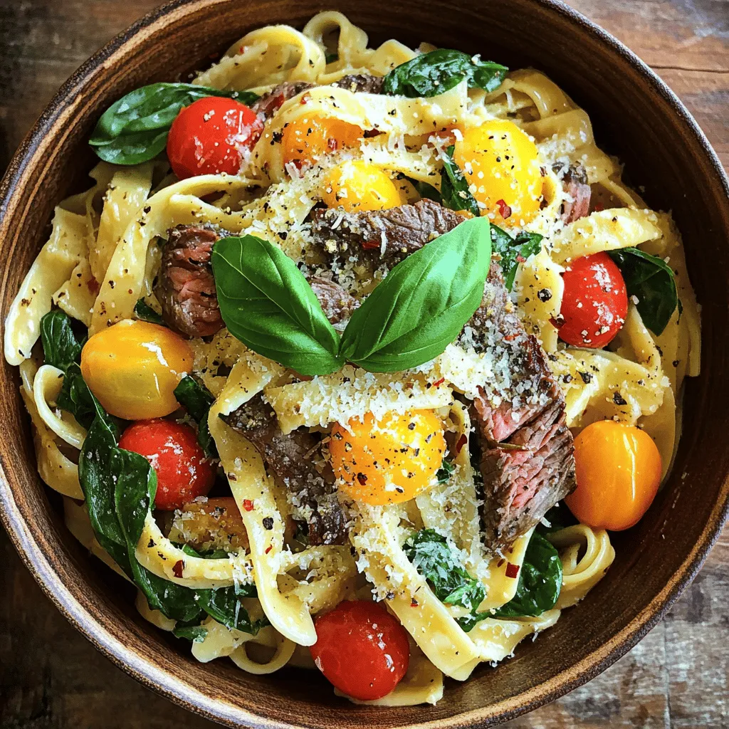 - 8 oz fettuccine pasta - 1 lb flank steak or sirloin, thinly sliced - 4 cloves garlic, minced - 1 cup cherry tomatoes, halved - 1 cup spinach leaves - ½ cup heavy cream - ½ cup grated Parmesan cheese I love using fettuccine pasta for this dish. It holds the sauce well and gives great texture. I often choose flank steak or sirloin because they are tender and flavorful. Garlic is a must in this recipe; it adds depth and aroma. Cherry tomatoes bring sweetness and color, while spinach leaves add nutrition and a vibrant touch. The heavy cream makes the sauce rich and creamy, and Parmesan cheese brings a salty finish. - 2 tablespoons olive oil - 1 teaspoon crushed red pepper flakes - Salt and pepper to taste - Fresh basil leaves for garnish I use olive oil to cook the steak and garlic. It has a smooth flavor and helps with browning. Crushed red pepper flakes add a nice kick without being overwhelming. Salt and pepper are essential for enhancing all the flavors. Finally, I love garnishing with fresh basil leaves. They add a burst of freshness and make the dish look beautiful. To make perfect garlic steak pasta, start with the fettuccine. First, bring a large pot of salted water to a boil. Once boiling, add 8 oz of fettuccine pasta. Cook according to the package instructions until the pasta is al dente. This usually takes about 8 to 10 minutes. After it's done, drain the pasta, but keep about ½ cup of the pasta water for later. Set the pasta aside. Next, we’ll sear the steak. Use 1 lb of flank steak or sirloin, thinly sliced. Heat 1 tablespoon of olive oil in a large skillet over medium-high heat. Season the steak slices with salt and pepper. Add the steak to the skillet in a single layer. Cook for about 2 to 3 minutes until it turns brown. Flip the steak and cook for another 2 to 3 minutes until fully cooked. Once done, remove the steak from the skillet and set it aside. Now, let’s make the creamy sauce. In the same skillet, add the remaining tablespoon of olive oil. Sauté 4 minced garlic cloves and 1 teaspoon of crushed red pepper flakes for about 30 seconds until fragrant. Then, add 1 cup of halved cherry tomatoes. Cook them for an additional 2 to 3 minutes until they start to soften. To finish the sauce, lower the heat and pour in ½ cup of heavy cream. Stir in 1 cup of spinach leaves until they wilt. Add the cooked steak back into the skillet and mix well, making sure everything heats through. If the sauce is too thick, add some reserved pasta water to adjust the thickness. Now it’s time to bring everything together. Add the cooked fettuccine and ½ cup of grated Parmesan cheese to the skillet. Toss everything together until the pasta is well coated in the creamy sauce. Taste and adjust seasoning with salt and pepper as needed. For serving, plate the garlic steak pasta into bowls. Garnish with fresh basil leaves and extra Parmesan cheese if you like. This adds a nice touch and makes it look appealing. Enjoy your savory and satisfying meal! - Choosing the right cut: I love using flank steak or sirloin. Both cuts are tender and full of flavor. They cook quickly and absorb seasonings well. Look for a cut with good marbling for juiciness. - Techniques for tender steak: To make your steak tender, slice it against the grain. This helps break down the muscle fibers. Also, don't skip resting the steak after cooking. Let it sit for a few minutes before slicing. - Suggested spices and herbs: Besides salt and pepper, I recommend crushed red pepper flakes. They add a nice kick. Fresh basil leaves brighten the dish. You can also try rosemary or thyme for added depth. - Best practices for seasoning the pasta: Always salt your pasta water. It should taste like the sea. This step makes a big difference in flavor. Toss the pasta with olive oil after draining to keep it from sticking. - Avoiding sticky pasta: To keep your pasta from sticking, stir it in the first minute of cooking. Make sure you have enough water in the pot, too. This helps the pasta move freely. - Importance of cooking al dente: Cooking pasta al dente means it’s firm to the bite. This texture holds up well in the dish. Remember, the pasta will continue to cook when you mix it with the sauce. {{image_2}} You can switch up the protein in garlic steak pasta. Chicken or shrimp work great as substitutes. For chicken, use thinly sliced breasts. Cook them the same way as the steak. Shrimp only needs a few minutes to cook. Sauté them until they turn pink and opaque. If you want a vegetarian option, mushrooms and tofu are excellent choices. Use portobello mushrooms for a meaty texture. Sauté them until they are tender. For tofu, use firm tofu and cube it. Cook it until golden brown for a nice crunch. You can make a lighter sauce if you want. Just use less cream and add more broth. This change keeps the dish tasty but cuts down on calories. You can also add different cheeses for flavor. Try feta or goat cheese for a tangy twist. They melt well and add a nice creaminess. If you need gluten-free options, use gluten-free or whole wheat pasta. They both taste great in this dish. You can also try other pasta shapes. Penne or rigatoni work well too. They hold sauce nicely and add variety to your meal. To store garlic steak pasta, place leftovers in an airtight container. Keep it in the refrigerator for up to three days. When reheating, I suggest using a skillet over medium heat. This warms the pasta without making it dry. You can add a splash of water or cream to keep the sauce smooth. Stir it gently to mix the flavors well and enjoy every bite. If you want to freeze garlic steak pasta, let it cool first. Then, put it in a freezer-safe container. This meal can last up to three months in the freezer. When you're ready to eat, thaw it overnight in the fridge. For reheating, use a skillet on low heat, adding a little cream or pasta water. This helps bring back the creamy texture you love. To make garlic steak pasta spicy, you can add more crushed red pepper flakes. This simple step elevates the heat. You can also try adding cayenne pepper or chili powder. Start with a little and taste as you go. Adjust until you reach your desired spice level. You can also add fresh jalapeños for a fresh kick. Spice can enhance the overall dish, so don’t be afraid to experiment. Yes, you can make garlic steak pasta ahead of time. To do this, cook your pasta and steak, then store them separately. Keep them in airtight containers in the fridge. When you are ready to eat, reheat the steak in a skillet. Add the pasta and sauce, and mix until heated through. This method keeps your meal fresh and tasty. Just be mindful that the pasta may absorb the sauce. A good wine pairing for garlic steak pasta is a red wine. A medium-bodied red, like a Merlot, complements the flavors well. You can also try a Cabernet Sauvignon for a bolder choice. If you prefer white wine, a Chardonnay works nicely. The creaminess of the dish pairs well with both types of wine. Choose a wine you enjoy for the best experience. To prevent steak from becoming tough, choose the right cut. Flank steak or sirloin works best for this dish. Marinating helps tenderize the meat, so consider using a simple marinade. You can use olive oil, vinegar, and spices. Let the steak marinate for at least 30 minutes. When cooking, avoid overcooking the steak; aim for medium-rare. This keeps it juicy and tender. Always slice against the grain to ensure each bite is soft. This dish brings together simple yet flavorful ingredients. You learned about fettuccine, steak, garlic, and spinach, along with spices to enhance taste. We explored cooking steps, from boiling pasta to searing steak and making a creamy sauce. Remember, you can swap proteins and pasta types to suit your taste. Proper storage and reheating tips ensure your meal stays fresh. With these insights, you can create a delicious garlic steak pasta that's both tasty and easy to prepare. Enjoy making this delightful dish every time hunger strikes!