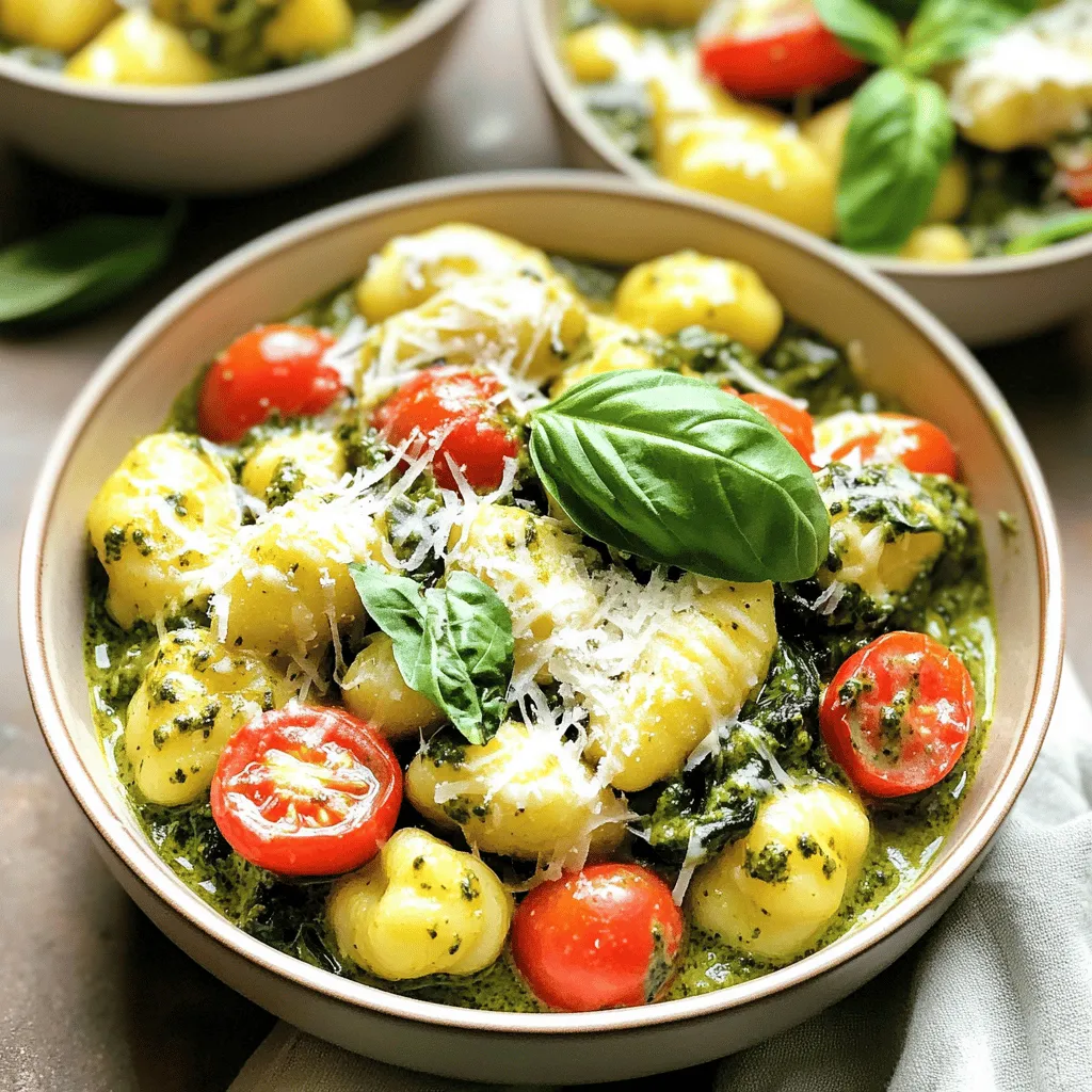 To make One-Pot Creamy Pesto Chicken Gnocchi, you will need the following items: - 1 lb (450g) chicken breast, diced - 1 tablespoon olive oil - 3 cloves garlic, minced - 1 cup cherry tomatoes, halved - 1 cup chicken broth - 1 cup heavy cream - 1 cup prepared basil pesto - 1 lb (450g) gnocchi - 1 cup fresh spinach - 1/2 cup grated Parmesan cheese - Salt and pepper to taste - Fresh basil leaves for garnish You can swap some ingredients if needed. Here are a few ideas: - Use turkey breast instead of chicken. - Swap heavy cream for half-and-half for less fat. - Try vegetable broth if you want a lighter taste. - Use sun-dried tomatoes instead of fresh ones for more flavor. - Replace Parmesan with nutritional yeast for a dairy-free option. Each serving of One-Pot Creamy Pesto Chicken Gnocchi contains: - Calories: 600 - Protein: 30g - Carbohydrates: 45g - Fat: 35g - Fiber: 2g - Sugar: 3g This dish is rich and filling. It’s perfect for a cozy dinner or a family gathering. Enjoy creating this creamy delight! 1. Start with a large pot or Dutch oven. Heat one tablespoon of olive oil over medium heat. 2. Add one pound of diced chicken breast to the pot. Season with salt and pepper. 3. Cook the chicken for about five to seven minutes. Make sure it is browned and cooked through. Remove the chicken and set it aside. 4. In the same pot, add three cloves of minced garlic. Sauté for one minute until the garlic smells great. 5. Next, stir in one cup of halved cherry tomatoes. Cook these for two to three minutes until they soften. 6. Pour in one cup of chicken broth and bring it to a simmer. 7. Add one cup of heavy cream and one cup of prepared basil pesto. Stir until well mixed. 8. Gently fold in one pound of gnocchi. Make sure they are fully submerged in the sauce. 9. Bring this mix to a gentle boil. Then reduce the heat and cover the pot. Cook for three to five minutes until the gnocchi is tender. 10. Finally, stir in the cooked chicken, one cup of fresh spinach, and half a cup of grated Parmesan cheese. Mix until the cheese melts and the spinach wilts. - Use a large pot to allow enough space for the ingredients. - Make sure to season the chicken well for better flavor. - Stir the mixture gently to avoid breaking the gnocchi. - Keep the heat low while simmering for a creamy texture. - Don’t overcrowd the pot with too many ingredients; it can affect cooking. - Avoid overcooking the gnocchi; they should be tender but not mushy. - Don’t skip the seasoning; it enhances the overall taste. To make your creamy pesto chicken gnocchi burst with flavor, use fresh ingredients. Fresh basil leaves give a bright taste. You can also try different pesto types, like sun-dried tomato or arugula. For a kick, add a pinch of red pepper flakes. This small change can make a big difference! Timing is key in one-pot meals. Keep an eye on the gnocchi as it cooks. Gnocchi cooks quickly, usually in just 3-5 minutes. If you want a thicker sauce, let it simmer a bit longer. Just remember to stir often to prevent sticking. One-pot cooking is all about ease. Start with the chicken to build flavor. Sautéing garlic right after adds a nice aroma. Always scrape the bottom of the pot to mix in all the good bits. This will give your dish depth. Lastly, adjust seasoning at the end for the best taste. Enjoy the process! {{image_2}} You can swap chicken for other proteins. Try shrimp for a seafood twist. Cook it just like the chicken. You can also use diced turkey or pork. These meats will work well with the creamy sauce. If you like beef, ground beef is a fun option. It adds a hearty flavor that many enjoy. Each protein will give a unique taste to your dish. To make this dish vegetarian, just skip the chicken. Use mushrooms or zucchini instead. They add texture and flavor. For a vegan version, replace heavy cream with coconut milk or cashew cream. Use a plant-based pesto to keep it vegan. You can also add more veggies like bell peppers or peas. This way, you get a colorful and nutritious meal. Pesto is key to this dish, so feel free to get creative! You can try sun-dried tomato pesto for a tangy kick. Spinach or kale pesto also works great for a twist. If you like a nutty flavor, use walnut or almond pesto. Each type of pesto will change the taste and feel of your dish. Experiment with different flavors to find your favorite! To keep your One-Pot Creamy Pesto Chicken Gnocchi fresh, let it cool first. Use an airtight container for storage. Place it in the fridge for up to three days. Make sure to separate any toppings, like fresh basil or cheese, to keep their taste bright. When you’re ready to enjoy leftovers, reheat gently. Heat it on the stove over low heat. Add a splash of chicken broth or cream if it looks dry. Stir it often. You can also use the microwave. Heat in short bursts, stirring in between, to warm evenly. If you want to freeze this dish, place it in a freezer-safe container. It can last up to three months in the freezer. To avoid mushy gnocchi, consider freezing the sauce and gnocchi separately. When you're ready to eat, thaw overnight in the fridge before reheating. Yes, you can use store-bought gnocchi. It saves time and effort. Just cook it according to the package. You can add it to the pot right after the cream and pesto mix. This shortcut still gives you a great meal! To make this dish healthier, consider these tips: - Use skinless chicken breast for less fat. - Swap heavy cream for coconut milk or low-fat milk. - Add more veggies like zucchini or bell peppers. - Use whole wheat or gluten-free gnocchi. These changes create a lighter dish without losing flavor. You can serve this dish with: - A fresh garden salad with a light vinaigrette. - Garlic bread for a warm, crispy side. - Steamed or roasted veggies for added nutrients. These sides enhance the meal and make it a feast! This post covered everything you need to know about making One-Pot Creamy Pesto Chicken Gnocchi. We explored the key ingredients, cooking steps, and common mistakes to avoid. I shared tips to enhance flavor and offered variations to suit your taste. Proper storage techniques, reheating, and freezer advice help you enjoy your dish longer. With these insights, you can create a delicious, easy meal that fits your needs. Keep this guide handy for a tasty cooking experience!