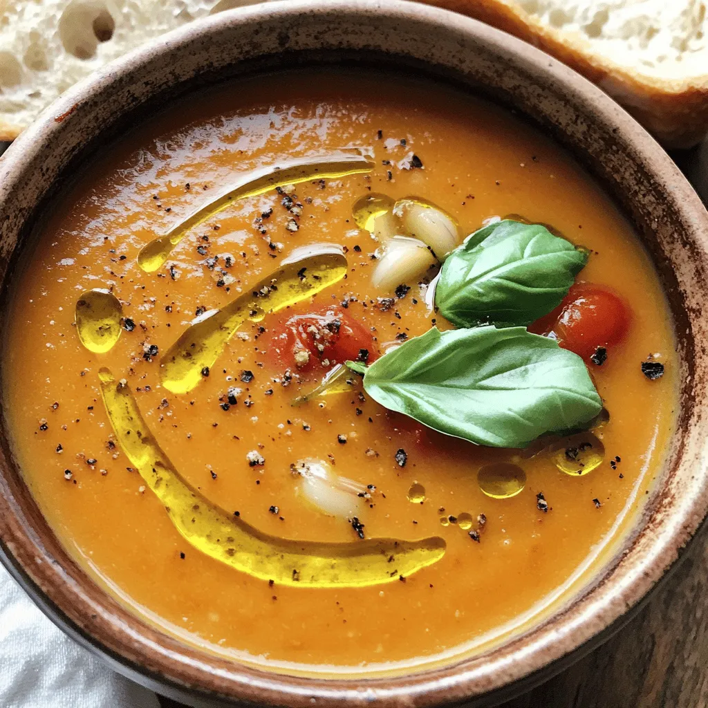 To make this tasty roasted tomato basil soup, gather these key items: - 2 lbs ripe tomatoes, halved - 1 medium onion, quartered - 4 cloves garlic, unpeeled - 3 tablespoons olive oil - 1 teaspoon salt - 1/2 teaspoon black pepper - 1 teaspoon dried oregano - 4 cups vegetable broth - 1 cup fresh basil leaves, packed - 1 tablespoon balsamic vinegar - Fresh basil leaves for garnish You can add extra flavor to your soup with these options: - A pinch of red pepper flakes for heat - A splash of cream for richness - Some grated cheese, like Parmesan, for a savory touch - Crusty bread for dipping If you can’t find an ingredient, try these swaps: - Use garlic powder instead of fresh garlic. - Swap vegetable broth for chicken broth if you prefer. - Use canned tomatoes if fresh ones aren’t available. - Replace fresh basil with a teaspoon of dried basil. These ingredients work together to create a rich and savory flavor. It’s easy to make, and you can adjust it based on what you have on hand! Start by preheating your oven to 400°F (200°C). This step is key for roasting. Grab a large baking sheet and lay out the halved tomatoes, quartered onion, and unpeeled garlic cloves. Drizzle three tablespoons of olive oil over the veggies. Then, sprinkle one teaspoon of salt, half a teaspoon of black pepper, and one teaspoon of dried oregano on top. Toss the vegetables gently to coat them evenly in the oil and spices. Now, place the baking sheet in the preheated oven. Roast the vegetables for about 30 to 35 minutes. You want them to become soft and a little charred. This brings out their natural sweetness. After roasting, take the baking sheet out and let it cool for a few minutes. Peel the garlic cloves and set them aside. In a blender, add the roasted tomatoes, onions, and peeled garlic. Pour in four cups of vegetable broth. Blend everything until smooth. Next, transfer this mixture to a pot over medium heat. Add one cup of fresh basil leaves and one tablespoon of balsamic vinegar. Stir well and let the soup simmer for about 10 minutes. This helps blend the flavors. After simmering, taste your soup. Adjust the seasoning with more salt or pepper if needed. Serve it hot, garnished with fresh basil leaves. For a heartier meal, pair the soup with slices of crusty bread. This adds a nice touch and makes the meal more filling. Enjoy your delicious roasted tomato basil soup! To get the best flavor, use ripe tomatoes. They bring sweetness and depth. Roasting them with garlic and onion adds a rich, savory taste. Olive oil helps meld all the flavors together. Use fresh basil for a burst of freshness. A splash of balsamic vinegar brightens the soup. This small step boosts the taste. Taste the soup before serving. Adjust salt and pepper as needed. For a smooth texture, blend the soup well. If you like it thicker, add less broth. If it’s too thick, add more broth until you reach your desired consistency. Let it simmer for a while. This helps the flavors combine. If you want a chunky soup, reserve some roasted tomatoes. Stir them back in after blending. This gives you a nice contrast in texture. Garnish your soup with fresh basil leaves. This adds color and enhances the flavor. You can also drizzle olive oil on top for richness. Crusty bread pairs well with the soup. Serve slices on the side for dipping. If you want a bit of crunch, add croutons. They add fun and texture to each bite. {{image_2}} To make this soup dairy-free, skip any cream or milk. The roasted tomatoes and garlic add rich flavor. Use a splash of extra virgin olive oil for a smooth finish. You can even add a bit of coconut milk for a creamy touch. Want to make it heartier? Add some protein. Grilled chicken works well and adds a nice texture. Tofu is a great choice for a plant-based option. Simply cube the tofu and sauté it before adding it to the soup. Both options will keep you full and satisfied. You can boost the flavor with spices or herbs. Try adding a pinch of red pepper flakes for a kick. Thyme or rosemary can bring a new twist to the taste. Fresh herbs like parsley or chives also work well. They add a nice pop of color and flavor. To store your leftover roasted tomato basil soup, let it cool first. Once cooled, transfer it to an airtight container. You can keep it in the fridge for up to five days. Make sure to label the container with the date. This helps you track freshness. Freezing is a great option if you want to save your soup for later. Pour the cooled soup into freezer-safe bags or containers. Leave some space at the top because the soup will expand as it freezes. You can freeze it for up to three months. When you're ready to eat, take it out and let it thaw in the fridge overnight. Reheating the soup is easy. You can warm it on the stove over medium heat. Stir it often so it heats evenly. If you use a microwave, heat it in short bursts. Stir in between to avoid hot spots. Make sure it's hot all the way through before serving. Enjoy your tasty meal once again! Roasted Tomato Basil Soup has roots in Italian cuisine. Italians love using ripe tomatoes and fresh basil. This soup captures summer’s flavors. Roasting the tomatoes brings out their natural sweetness. The addition of basil gives it a fresh taste. It is a simple dish with deep flavors. Yes, you can use canned tomatoes. They are a great option when fresh ones aren’t available. Look for high-quality canned tomatoes for the best taste. Use around two 14-ounce cans for this recipe. Drain excess liquid to keep the soup from being too watery. Tomato soup offers many health benefits. Tomatoes are rich in vitamins C and K. They also have antioxidants like lycopene, which may help heart health. The soup is low in calories and can be filling. Adding basil boosts the soup’s flavor and adds more nutrients. Roasted tomato soup lasts about 5 days in the fridge. Store it in an airtight container to keep it fresh. Be sure to let it cool before sealing. If you want it to last longer, consider freezing it. It can stay good in the freezer for up to 3 months. This guide covered every step to make delicious roasted tomato basil soup. You learned about key ingredients and tasty optional ones. The cooking steps show how to get great flavor and texture. Tips help you enhance your soup even more, and variations offer fun twists. Don’t forget storage info to keep leftovers fresh. Enjoy making this comforting dish again and again! It’s easy, satisfying, and perfect for any meal. You now have all the knowledge to create a fantastic soup that you can share with others.