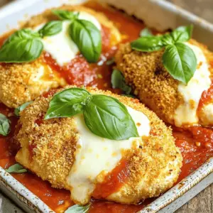 To make Easy Baked Chicken Parmesan, you need the following ingredients: - 4 boneless, skinless chicken breasts - 1 cup breadcrumbs (preferably seasoned) - 1/2 cup grated Parmesan cheese - 1 cup marinara sauce - 1 1/2 cups shredded mozzarella cheese - 2 tablespoons olive oil - 1 teaspoon garlic powder - 1 teaspoon Italian seasoning - Salt and pepper to taste - Fresh basil leaves for garnish These ingredients blend together to create a dish that is both simple and tasty. The chicken breasts provide the base, while the breadcrumbs and cheese add crunch and flavor. The marinara sauce brings a nice, rich taste that ties everything together. I enjoy using fresh basil for a pop of color and flavor. Each ingredient plays a key role in making this dish a winner. You can adjust the amounts based on your taste, but I recommend sticking to the recipe for the best results. - Preheat your oven to 375°F (190°C). This step is key for even cooking. - Prepare the chicken by drizzling olive oil over the breasts. Rub the oil in well. This helps the breading stick and adds flavor. - Mix the breadcrumb mixture in a medium bowl. Combine breadcrumbs, grated Parmesan cheese, garlic powder, Italian seasoning, salt, and pepper. This mixture gives the chicken a tasty crust. - Dredging process: Take each chicken breast and dip it in the breadcrumb mix. Press down firmly so the crumbs stick well. This adds a nice crunch when cooked. - First baking phase for chicken: Place the coated chicken breasts on a greased baking sheet. Bake for 20 minutes or until the chicken is no longer pink. - Adding marinara and mozzarella: Carefully remove the chicken from the oven. Spoon marinara sauce over each piece, then sprinkle shredded mozzarella cheese on top. - Final baking phase: Return the chicken to the oven. Bake for an additional 10 minutes, or until the cheese is melted and bubbly. This makes the dish rich and creamy. To ensure even cooking, flatten the chicken breasts. This helps them cook at the same rate. Use a meat mallet or a rolling pin to gently pound the chicken to an even thickness. To achieve a crispy coating, use seasoned breadcrumbs. Press the breadcrumbs firmly onto the chicken. This way, they stick well while baking. A drizzle of olive oil adds flavor and helps with browning. If you want alternatives for breadcrumbs, try crushed cornflakes or panko. Both give a nice crunch. For a gluten-free option, use ground almonds or gluten-free breadcrumbs. When it comes to cheese, you can swap mozzarella for provolone or gouda. Both melt nicely and add a unique taste to your dish. Pair your chicken Parmesan with a fresh salad or garlic bread. A side of pasta also works well. For presentation, serve the chicken on a bright plate. Add a sprinkle of fresh basil on top for color and flavor. {{image_2}} You can add heat to your dish with spices. Try using crushed red pepper flakes or cayenne pepper. Just a pinch can give the chicken a nice kick. Mix these spices into your breadcrumb mixture before coating the chicken. The heat will blend well with the cheese and sauce, creating a bold flavor. If you want a lighter meal, opt for low-fat alternatives. Use whole wheat breadcrumbs instead of regular ones. You can also replace some cheese with a lower-fat option. Try using part-skim mozzarella cheese to cut down on fat. This way, you get all the taste without the extra calories. For a meat-free meal, substitute chicken with eggplant. Slice the eggplant into thick rounds. Salt the slices and let them sit for 30 minutes to draw out moisture. Rinse and dry them before dipping in the breadcrumb mix. Bake as you would the chicken. This option is just as tasty and offers a unique flavor twist. To store leftovers, let the chicken cool down first. Place the chicken in an airtight container. This helps keep it fresh. You can store it in the fridge for up to three days. Make sure to label the container with the date. This way, you won't forget when you made it! If you want to freeze your chicken Parmesan, wrap it tightly in plastic wrap. Then, put it in a freezer bag or container. It will last up to three months in the freezer. For best results, freeze it right after it cools down. This keeps the taste and texture nice. To reheat, the best method is using the oven. Preheat your oven to 350°F (175°C). Place the chicken on a baking sheet and cover it with foil. Heat for about 15-20 minutes. This method keeps the chicken juicy and the cheese melty. You can also use a microwave, but it may not be as crispy. If you use the microwave, heat for one minute at a time until warm. It takes about 40 minutes total. You need 10 minutes to prep. The first baking phase takes 20 minutes. Then, the cheese melts for 10 more minutes. Yes, you can use pre-cooked chicken. Just follow these steps: - Heat the oven to 375°F (190°C). - Skip the first baking step. - Spread marinara sauce and cheese on cooked chicken. - Bake for 10 minutes or until cheese melts. Chicken Parmesan pairs well with many sides. Here are some great options: - Spaghetti with marinara sauce - Garlic bread for a crunchy side - Steamed broccoli for a healthy touch - Caesar salad for a refreshing bite These sides add flavor and balance to your meal. You learned how to make Chicken Parmesan step-by-step in this post. From prepping ingredients to baking, each part matters. Remember to follow the tips for a crispy crust and tasty results. You can mix things up with spicy, healthy, or vegetarian options. Store any leftovers properly to keep them fresh. Experiment with sides to enhance your meal. Now, you're ready to enjoy Chicken Parmesan at home whenever you want!