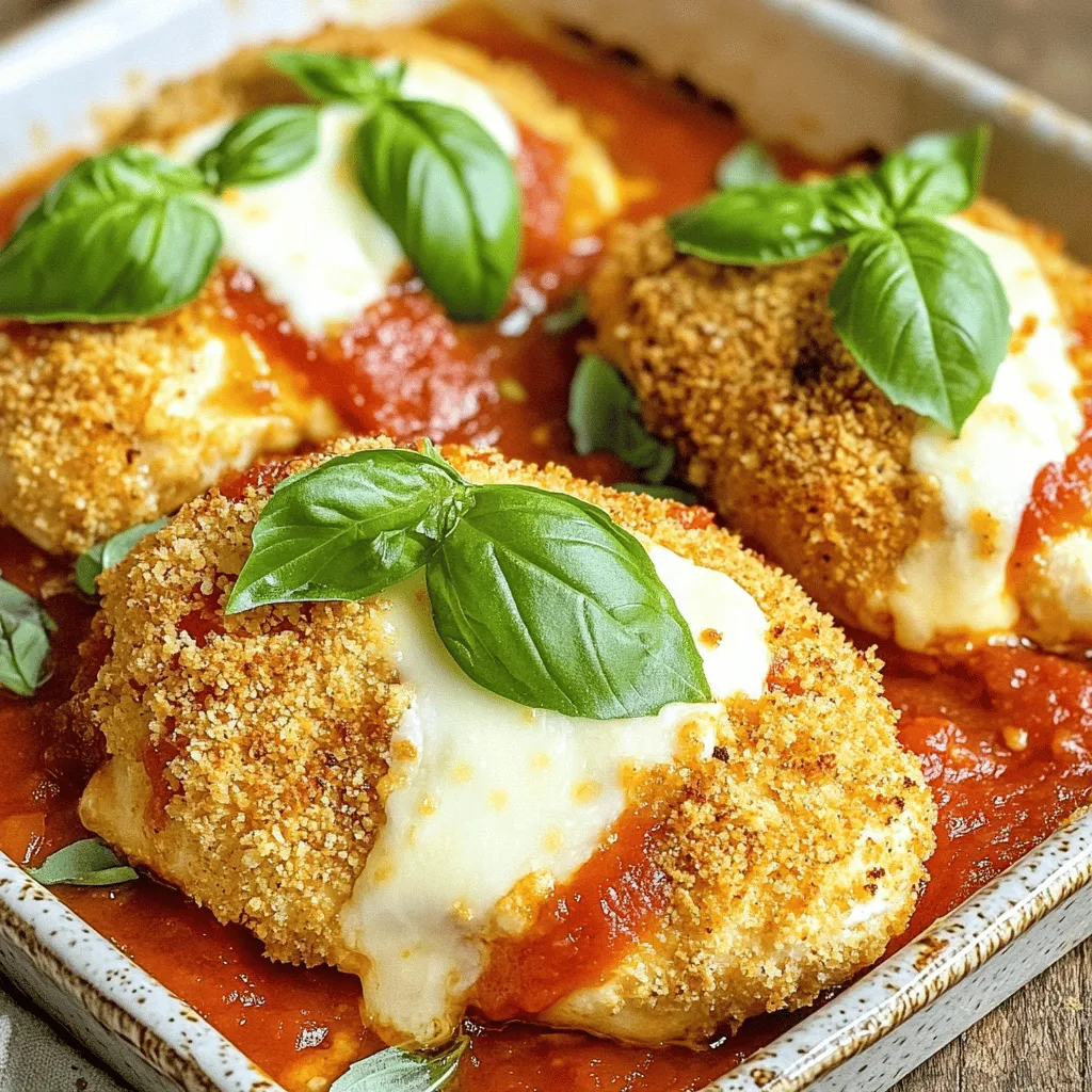To make Easy Baked Chicken Parmesan, you need the following ingredients: - 4 boneless, skinless chicken breasts - 1 cup breadcrumbs (preferably seasoned) - 1/2 cup grated Parmesan cheese - 1 cup marinara sauce - 1 1/2 cups shredded mozzarella cheese - 2 tablespoons olive oil - 1 teaspoon garlic powder - 1 teaspoon Italian seasoning - Salt and pepper to taste - Fresh basil leaves for garnish These ingredients blend together to create a dish that is both simple and tasty. The chicken breasts provide the base, while the breadcrumbs and cheese add crunch and flavor. The marinara sauce brings a nice, rich taste that ties everything together. I enjoy using fresh basil for a pop of color and flavor. Each ingredient plays a key role in making this dish a winner. You can adjust the amounts based on your taste, but I recommend sticking to the recipe for the best results. - Preheat your oven to 375°F (190°C). This step is key for even cooking. - Prepare the chicken by drizzling olive oil over the breasts. Rub the oil in well. This helps the breading stick and adds flavor. - Mix the breadcrumb mixture in a medium bowl. Combine breadcrumbs, grated Parmesan cheese, garlic powder, Italian seasoning, salt, and pepper. This mixture gives the chicken a tasty crust. - Dredging process: Take each chicken breast and dip it in the breadcrumb mix. Press down firmly so the crumbs stick well. This adds a nice crunch when cooked. - First baking phase for chicken: Place the coated chicken breasts on a greased baking sheet. Bake for 20 minutes or until the chicken is no longer pink. - Adding marinara and mozzarella: Carefully remove the chicken from the oven. Spoon marinara sauce over each piece, then sprinkle shredded mozzarella cheese on top. - Final baking phase: Return the chicken to the oven. Bake for an additional 10 minutes, or until the cheese is melted and bubbly. This makes the dish rich and creamy. To ensure even cooking, flatten the chicken breasts. This helps them cook at the same rate. Use a meat mallet or a rolling pin to gently pound the chicken to an even thickness. To achieve a crispy coating, use seasoned breadcrumbs. Press the breadcrumbs firmly onto the chicken. This way, they stick well while baking. A drizzle of olive oil adds flavor and helps with browning. If you want alternatives for breadcrumbs, try crushed cornflakes or panko. Both give a nice crunch. For a gluten-free option, use ground almonds or gluten-free breadcrumbs. When it comes to cheese, you can swap mozzarella for provolone or gouda. Both melt nicely and add a unique taste to your dish. Pair your chicken Parmesan with a fresh salad or garlic bread. A side of pasta also works well. For presentation, serve the chicken on a bright plate. Add a sprinkle of fresh basil on top for color and flavor. {{image_2}} You can add heat to your dish with spices. Try using crushed red pepper flakes or cayenne pepper. Just a pinch can give the chicken a nice kick. Mix these spices into your breadcrumb mixture before coating the chicken. The heat will blend well with the cheese and sauce, creating a bold flavor. If you want a lighter meal, opt for low-fat alternatives. Use whole wheat breadcrumbs instead of regular ones. You can also replace some cheese with a lower-fat option. Try using part-skim mozzarella cheese to cut down on fat. This way, you get all the taste without the extra calories. For a meat-free meal, substitute chicken with eggplant. Slice the eggplant into thick rounds. Salt the slices and let them sit for 30 minutes to draw out moisture. Rinse and dry them before dipping in the breadcrumb mix. Bake as you would the chicken. This option is just as tasty and offers a unique flavor twist. To store leftovers, let the chicken cool down first. Place the chicken in an airtight container. This helps keep it fresh. You can store it in the fridge for up to three days. Make sure to label the container with the date. This way, you won't forget when you made it! If you want to freeze your chicken Parmesan, wrap it tightly in plastic wrap. Then, put it in a freezer bag or container. It will last up to three months in the freezer. For best results, freeze it right after it cools down. This keeps the taste and texture nice. To reheat, the best method is using the oven. Preheat your oven to 350°F (175°C). Place the chicken on a baking sheet and cover it with foil. Heat for about 15-20 minutes. This method keeps the chicken juicy and the cheese melty. You can also use a microwave, but it may not be as crispy. If you use the microwave, heat for one minute at a time until warm. It takes about 40 minutes total. You need 10 minutes to prep. The first baking phase takes 20 minutes. Then, the cheese melts for 10 more minutes. Yes, you can use pre-cooked chicken. Just follow these steps: - Heat the oven to 375°F (190°C). - Skip the first baking step. - Spread marinara sauce and cheese on cooked chicken. - Bake for 10 minutes or until cheese melts. Chicken Parmesan pairs well with many sides. Here are some great options: - Spaghetti with marinara sauce - Garlic bread for a crunchy side - Steamed broccoli for a healthy touch - Caesar salad for a refreshing bite These sides add flavor and balance to your meal. You learned how to make Chicken Parmesan step-by-step in this post. From prepping ingredients to baking, each part matters. Remember to follow the tips for a crispy crust and tasty results. You can mix things up with spicy, healthy, or vegetarian options. Store any leftovers properly to keep them fresh. Experiment with sides to enhance your meal. Now, you're ready to enjoy Chicken Parmesan at home whenever you want!
