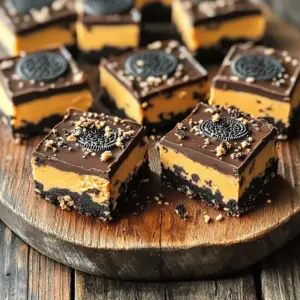 To make No-Bake Oreo Peanut Butter Bars, you need a few simple ingredients. Here’s what you will need: - 24 Oreo cookies, crushed - 1 cup creamy peanut butter - 1/2 cup unsalted butter, melted - 1 cup powdered sugar - 1 teaspoon vanilla extract - 1 cup semi-sweet chocolate chips - 2 tablespoons coconut oil (optional for smoothness) These ingredients are easy to find at any grocery store. The crushed Oreos form the base, giving a rich and sweet flavor. Creamy peanut butter adds a nice nutty taste and smooth texture. Melted butter helps bind the cookies together. Powdered sugar sweetens the mix, while vanilla extract enhances the flavor. The chocolate chips make for a delightful topping, and coconut oil, if used, makes the chocolate smooth and shiny. Gather these ingredients before starting. It makes the process quick and fun! To start, grab 24 Oreo cookies and crush them into small pieces. You can use a food processor or place them in a bag and smash them with a rolling pin. Next, melt 1/2 cup of unsalted butter. Combine the crushed Oreos and melted butter in a large bowl. Mix until it looks like wet sand. The right consistency should be crumbly but hold together when pressed. Now, let's make the peanut butter layer. Add 1 cup of creamy peanut butter, 1 cup of powdered sugar, and 1 teaspoon of vanilla extract to the Oreo mix. Stir it well until everything blends into a smooth mixture. Make sure there are no lumps. This layer adds a rich and creamy taste to your bars. Next, line an 8x8-inch baking dish with parchment paper. Leave some paper hanging over the edges for easy removal. Press the Oreo peanut butter mixture into the bottom of the dish firmly. Use a spatula or the back of a measuring cup to smooth it out. Then, melt 1 cup of semi-sweet chocolate chips in a microwave-safe bowl. If you want extra smoothness, add 2 tablespoons of coconut oil. Heat in 30-second bursts, stirring each time until melted. Pour the chocolate over the peanut butter layer and smooth it out evenly. Now, it's time to chill! Place the baking dish in the refrigerator for at least 2 hours. This helps the bars set and become firm. Once chilled, lift the bars out using the parchment paper. Cut them into squares. You can sprinkle some crushed Oreos on top for a nice touch. Enjoy your tasty treat! To get the best texture, fully combine your ingredients. Mix the crushed Oreos and melted butter until it looks like wet sand. This helps the crust hold together well. When you add the peanut butter, powdered sugar, and vanilla extract, stir gently. Make sure everything is smooth and mixed well. Press the mixture firmly into the baking dish. Use a spatula or the back of a measuring cup to pack it down tightly. This step is key for a strong base. If it’s not pressed well, the bars may crumble when you cut them. Melting chocolate in the microwave is simple. Start by putting the chocolate chips in a microwave-safe bowl. Add coconut oil if you want a smoother finish. Heat it on high for 30 seconds. Then, take it out and stir. Repeat this until the chocolate is melted and smooth. If you don’t have a microwave, you can use a double boiler. Fill a pot with water and bring it to a simmer. Place a heat-safe bowl on top, making sure it doesn’t touch the water. Add the chocolate chips and stir until they melt. Make your bars look great when serving. Cut them into squares and place them on a nice platter. You can sprinkle crushed Oreo crumbs on top for more texture. For an extra treat, drizzle melted chocolate or peanut butter over the bars. This adds flavor and makes them pop visually. Consider serving with a scoop of ice cream for a fun dessert twist! {{image_2}} You can make your No-Bake Oreo Peanut Butter Bars a bit healthier. Here are a couple of easy swaps: - Using reduced-fat peanut butter: This option cuts some fat but keeps the great taste. - Substituting with sugar-free Oreos: This swap lowers sugar and helps some diets. Want to change the taste? Adding extra flavors is a fun way to customize: - Incorporating chopped nuts or candies: Try adding peanuts or chocolate candies for crunch. - Adjusting the chocolate type: Experiment with dark, white, or milk chocolate for a new twist. These bars can fit into various diets, making them a great treat for many people: - Vegan options available: Use plant-based butter and dairy-free chocolate for a vegan treat. - Gluten-free adaptations: Choose gluten-free Oreos to make sure everyone can enjoy these bars. To keep your No-Bake Oreo Peanut Butter Bars fresh, use an airtight container. This will lock in moisture and flavor. If you don’t have one, a covered dish works too but may not be as effective. Always store the bars in the fridge. The cool temperature helps them stay firm and tasty. You can store these bars for about one week in the fridge. After that, they may start to spoil. Signs of spoilage include a change in texture or an off smell. If the bars feel sticky or look dry, it's best to toss them. Enjoy them fresh for the best flavor! Yes, you can freeze these bars. To freeze, cut them into squares. Wrap each square in plastic wrap or foil. Place them in an airtight container. They can last up to three months in the freezer. To thaw, take them out and leave them in the fridge for a few hours. You can also let them sit at room temperature for about 30 minutes. This makes them soft again. To boost the chocolate flavor, add more chocolate chips. Use a layer of chocolate on top and in the mix. You can melt extra chocolate and spread it on the top layer. Mixing in cocoa powder with the peanut butter layer also adds a rich taste. You can even use dark chocolate for a deeper flavor. If you don’t have coconut oil, you can use butter instead. Vegetable oil is another good option. Both will keep the chocolate smooth. Just use the same amount as the coconut oil. This will help your chocolate layer stay nice and glossy. These bars can last up to a week in the fridge. Store them in an airtight container. Make sure they are cool before sealing. After a few days, they may lose some texture. For the best taste, enjoy them within the first few days. These Oreo peanut butter bars are easy and fun to make. You mix crushed Oreos with butter for the crust. Then, you blend peanut butter, sugar, and vanilla for the filling. After pressing it into a dish, you melt chocolate for the topping. Chill, cut into squares, and enjoy. Remember, you can customize these bars to fit your taste. Try different toppings or flavors. Store them well to keep them fresh. Enjoy making and sharing these tasty treats with friends and family!