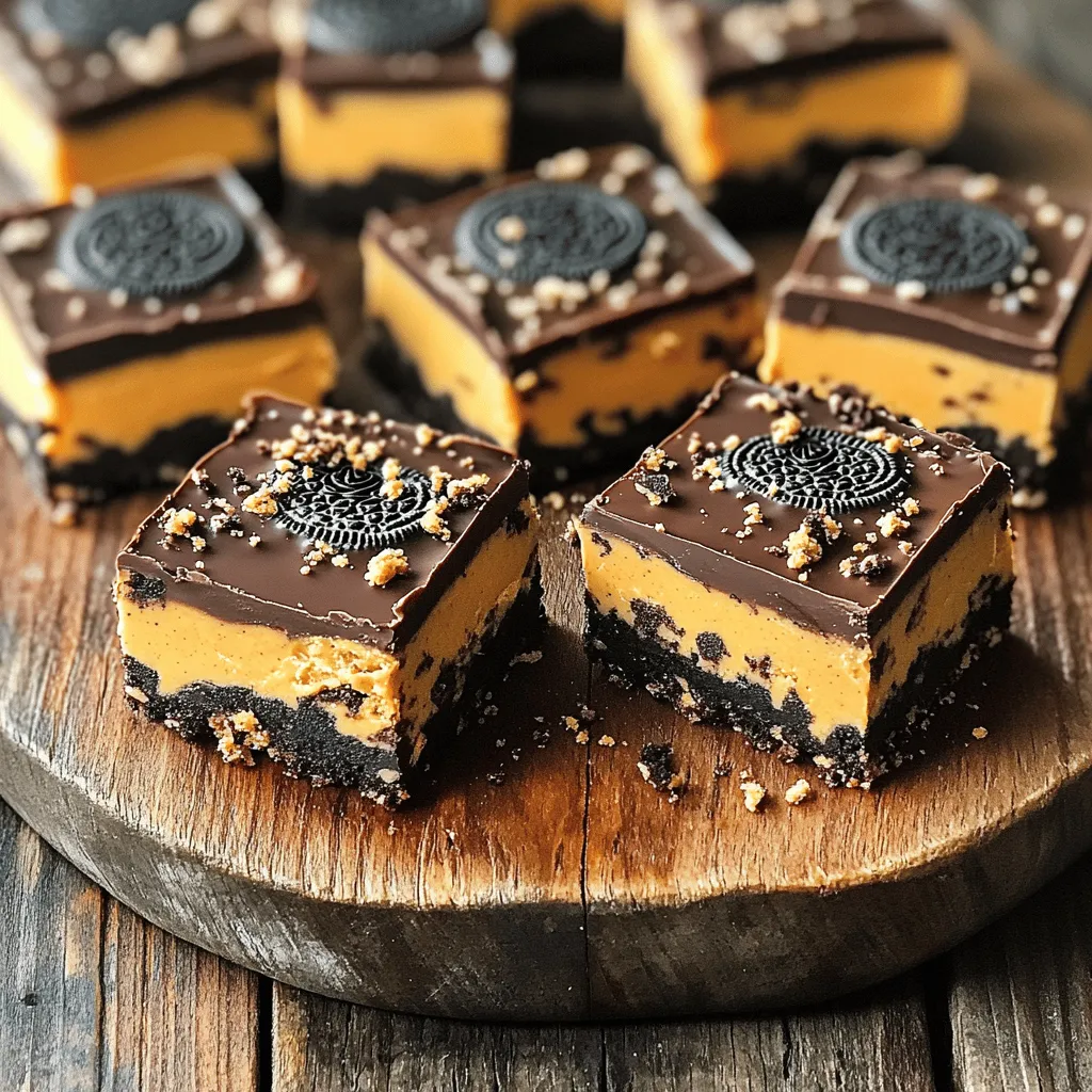To make No-Bake Oreo Peanut Butter Bars, you need a few simple ingredients. Here’s what you will need: - 24 Oreo cookies, crushed - 1 cup creamy peanut butter - 1/2 cup unsalted butter, melted - 1 cup powdered sugar - 1 teaspoon vanilla extract - 1 cup semi-sweet chocolate chips - 2 tablespoons coconut oil (optional for smoothness) These ingredients are easy to find at any grocery store. The crushed Oreos form the base, giving a rich and sweet flavor. Creamy peanut butter adds a nice nutty taste and smooth texture. Melted butter helps bind the cookies together. Powdered sugar sweetens the mix, while vanilla extract enhances the flavor. The chocolate chips make for a delightful topping, and coconut oil, if used, makes the chocolate smooth and shiny. Gather these ingredients before starting. It makes the process quick and fun! To start, grab 24 Oreo cookies and crush them into small pieces. You can use a food processor or place them in a bag and smash them with a rolling pin. Next, melt 1/2 cup of unsalted butter. Combine the crushed Oreos and melted butter in a large bowl. Mix until it looks like wet sand. The right consistency should be crumbly but hold together when pressed. Now, let's make the peanut butter layer. Add 1 cup of creamy peanut butter, 1 cup of powdered sugar, and 1 teaspoon of vanilla extract to the Oreo mix. Stir it well until everything blends into a smooth mixture. Make sure there are no lumps. This layer adds a rich and creamy taste to your bars. Next, line an 8x8-inch baking dish with parchment paper. Leave some paper hanging over the edges for easy removal. Press the Oreo peanut butter mixture into the bottom of the dish firmly. Use a spatula or the back of a measuring cup to smooth it out. Then, melt 1 cup of semi-sweet chocolate chips in a microwave-safe bowl. If you want extra smoothness, add 2 tablespoons of coconut oil. Heat in 30-second bursts, stirring each time until melted. Pour the chocolate over the peanut butter layer and smooth it out evenly. Now, it's time to chill! Place the baking dish in the refrigerator for at least 2 hours. This helps the bars set and become firm. Once chilled, lift the bars out using the parchment paper. Cut them into squares. You can sprinkle some crushed Oreos on top for a nice touch. Enjoy your tasty treat! To get the best texture, fully combine your ingredients. Mix the crushed Oreos and melted butter until it looks like wet sand. This helps the crust hold together well. When you add the peanut butter, powdered sugar, and vanilla extract, stir gently. Make sure everything is smooth and mixed well. Press the mixture firmly into the baking dish. Use a spatula or the back of a measuring cup to pack it down tightly. This step is key for a strong base. If it’s not pressed well, the bars may crumble when you cut them. Melting chocolate in the microwave is simple. Start by putting the chocolate chips in a microwave-safe bowl. Add coconut oil if you want a smoother finish. Heat it on high for 30 seconds. Then, take it out and stir. Repeat this until the chocolate is melted and smooth. If you don’t have a microwave, you can use a double boiler. Fill a pot with water and bring it to a simmer. Place a heat-safe bowl on top, making sure it doesn’t touch the water. Add the chocolate chips and stir until they melt. Make your bars look great when serving. Cut them into squares and place them on a nice platter. You can sprinkle crushed Oreo crumbs on top for more texture. For an extra treat, drizzle melted chocolate or peanut butter over the bars. This adds flavor and makes them pop visually. Consider serving with a scoop of ice cream for a fun dessert twist! {{image_2}} You can make your No-Bake Oreo Peanut Butter Bars a bit healthier. Here are a couple of easy swaps: - Using reduced-fat peanut butter: This option cuts some fat but keeps the great taste. - Substituting with sugar-free Oreos: This swap lowers sugar and helps some diets. Want to change the taste? Adding extra flavors is a fun way to customize: - Incorporating chopped nuts or candies: Try adding peanuts or chocolate candies for crunch. - Adjusting the chocolate type: Experiment with dark, white, or milk chocolate for a new twist. These bars can fit into various diets, making them a great treat for many people: - Vegan options available: Use plant-based butter and dairy-free chocolate for a vegan treat. - Gluten-free adaptations: Choose gluten-free Oreos to make sure everyone can enjoy these bars. To keep your No-Bake Oreo Peanut Butter Bars fresh, use an airtight container. This will lock in moisture and flavor. If you don’t have one, a covered dish works too but may not be as effective. Always store the bars in the fridge. The cool temperature helps them stay firm and tasty. You can store these bars for about one week in the fridge. After that, they may start to spoil. Signs of spoilage include a change in texture or an off smell. If the bars feel sticky or look dry, it's best to toss them. Enjoy them fresh for the best flavor! Yes, you can freeze these bars. To freeze, cut them into squares. Wrap each square in plastic wrap or foil. Place them in an airtight container. They can last up to three months in the freezer. To thaw, take them out and leave them in the fridge for a few hours. You can also let them sit at room temperature for about 30 minutes. This makes them soft again. To boost the chocolate flavor, add more chocolate chips. Use a layer of chocolate on top and in the mix. You can melt extra chocolate and spread it on the top layer. Mixing in cocoa powder with the peanut butter layer also adds a rich taste. You can even use dark chocolate for a deeper flavor. If you don’t have coconut oil, you can use butter instead. Vegetable oil is another good option. Both will keep the chocolate smooth. Just use the same amount as the coconut oil. This will help your chocolate layer stay nice and glossy. These bars can last up to a week in the fridge. Store them in an airtight container. Make sure they are cool before sealing. After a few days, they may lose some texture. For the best taste, enjoy them within the first few days. These Oreo peanut butter bars are easy and fun to make. You mix crushed Oreos with butter for the crust. Then, you blend peanut butter, sugar, and vanilla for the filling. After pressing it into a dish, you melt chocolate for the topping. Chill, cut into squares, and enjoy. Remember, you can customize these bars to fit your taste. Try different toppings or flavors. Store them well to keep them fresh. Enjoy making and sharing these tasty treats with friends and family!