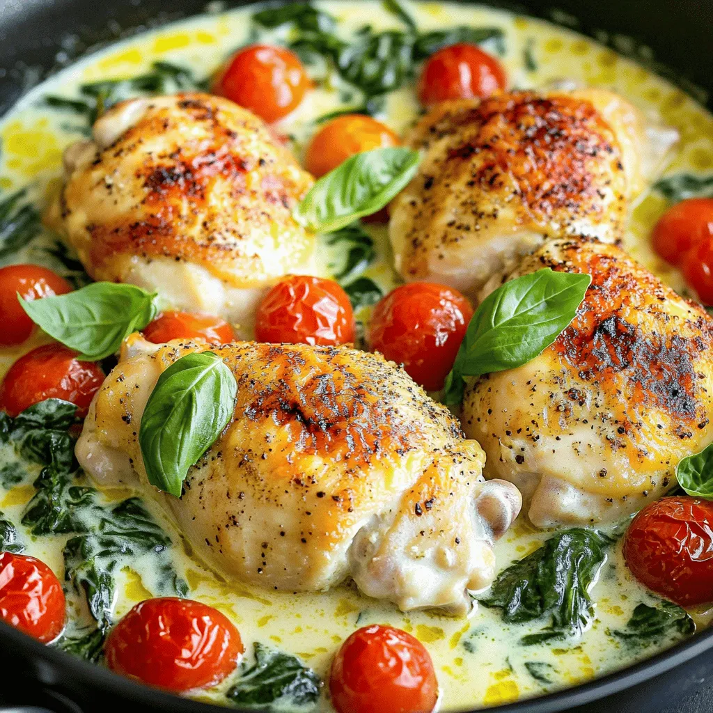 To make One-Pan Tuscan Chicken, you need these key ingredients: - 4 boneless, skinless chicken breasts - 2 tablespoons olive oil - 1 teaspoon Italian seasoning - Salt and pepper to taste - 3 cups fresh spinach - 1 cup cherry tomatoes, halved - 1/2 cup sun-dried tomatoes, chopped - 1 cup heavy cream - 1/2 cup grated Parmesan cheese - 1 teaspoon garlic powder - Fresh basil leaves for garnish These ingredients create a rich and creamy dish. The chicken stays juicy, while the spinach and tomatoes add color and flavor. If you don’t have an ingredient, here are some smart swaps: - Use chicken thighs instead of breasts for more flavor. - Swap olive oil with avocado oil for a different taste. - Replace heavy cream with half-and-half for a lighter sauce. - If you lack fresh spinach, use frozen spinach. Just thaw and drain it first. - You can use feta or mozzarella cheese instead of Parmesan for a twist. These alternatives still give a tasty result without losing the essence of the dish. Garnishes can elevate your meal. Here are some ideas: - Sprinkle extra Parmesan cheese on top. - Add fresh basil leaves for a burst of flavor. - Drizzle a bit of balsamic glaze for sweetness. - Serve with lemon wedges for a zesty kick. These simple additions enhance the look and taste of your One-Pan Tuscan Chicken. Enjoy exploring different options! Start by seasoning the chicken breasts. Use olive oil, Italian seasoning, salt, and pepper. Rub the mixture on both sides of the chicken. This step adds a lot of flavor. Make sure each piece is well coated. Heat a large skillet over medium-high heat. Add the seasoned chicken. Cook each piece for about 6-7 minutes. You want them golden brown and fully cooked. After cooking, remove the chicken from the skillet. Set it aside on a plate. In the same skillet, add the spinach first. Sauté for 1-2 minutes until it wilts. Then, add halved cherry tomatoes and chopped sun-dried tomatoes. Cook them for another 2-3 minutes. This makes the vegetables soft and flavorful. When cooking the vegetables, you can stir them often. This helps mix the flavors well. Adding a pinch of salt while cooking enhances the taste. Don’t rush this step; it builds the base for your sauce. Using a large skillet is key. It lets you cook everything evenly. A non-stick pan helps prevent sticking. This makes serving easier and keeps your meal looking nice. Plus, it saves on cleanup time! To create a rich, creamy sauce, start with heavy cream. This adds a nice thickness. Cook the cream on low heat to avoid burning. Stir in garlic powder and Parmesan cheese for flavor. Let it simmer until it thickens slightly. This will give the sauce a smooth texture and taste. Always season your chicken well. Use salt, pepper, and Italian seasoning for the best flavor. Brown the chicken on medium-high heat for 6-7 minutes on each side. This helps lock in moisture. Make sure not to overcrowd the pan. If needed, cook in batches to keep the chicken juicy. Serve the One-Pan Tuscan Chicken with fresh basil on top for a pop of color. It pairs well with pasta or rice to soak up the sauce. A side salad adds freshness. For a drink, try a crisp white wine. It complements the creamy flavors nicely. {{image_2}} You can switch the chicken for other proteins. Try using shrimp or salmon. Both cook quickly and soak up the flavors well. For shrimp, just sauté them until they turn pink. For salmon, cook it skin-side down for a nice crisp. Each option adds a unique taste to the dish. You can make a tasty vegetarian version of this dish. Instead of chicken, use firm tofu or portobello mushrooms. Press the tofu to remove excess water, then cube it. Sauté the tofu or mushrooms until golden. Follow the recipe as usual, and enjoy a creamy, veggie-rich meal. You can easily customize the flavor of this dish. Add herbs like thyme or oregano for a twist. You might also try a pinch of red pepper flakes for heat. For a fresh taste, throw in lemon zest or squeeze some lemon juice before serving. Each variation gives the dish a new life and keeps it exciting. To store leftovers of your One-Pan Tuscan Chicken, follow these steps: - Cool Down: Let the chicken cool at room temperature for about 30 minutes. - Use Airtight Containers: Place the chicken and sauce in airtight containers. This keeps it fresh and prevents odors from mixing in the fridge. - Separate Storage: If you have leftover veggies, store them separately to maintain their texture. When it comes to reheating, you want to keep the dish creamy and tasty. Here are my tips: - Microwave Method: Place the chicken in a microwave-safe dish. Cover it with a damp paper towel and heat in 1-minute intervals until hot. Stir the sauce gently to mix. - Stovetop Method: Reheat in a skillet over low heat. Add a splash of cream or water if the sauce thickens too much. - Glass Containers: They are great for heat retention and do not stain. - BPA-Free Plastic Containers: Lightweight and easy to stack in your fridge. - Cooked Chicken: Lasts 3-4 days in the fridge. - Cream and Sauce: Best used within 2-3 days for the best flavor and texture. - Fresh Vegetables: Use within 2 days for optimal freshness. By following these storage tips, you can enjoy your One-Pan Tuscan Chicken even after the first meal! Yes, you can use frozen chicken. However, you need to thaw it first. Thawing ensures even cooking. You can do this overnight in the fridge. If you're in a hurry, use the microwave. Just be sure it's fully thawed before cooking. This helps prevent any raw spots. You have many options! Here are a few great ideas: - Rice: White or brown rice works well. - Pasta: A light pasta can soak up the sauce. - Bread: Crusty bread is perfect for dipping. - Salad: A fresh green salad adds crunch. Here are some easy ways to lighten your meal: - Dairy-free substitutes: Use coconut cream instead of heavy cream. This makes it creamy without dairy. Use nutritional yeast for a cheesy flavor. - Low-calorie modifications: Replace chicken with turkey breasts for fewer calories. Use low-fat cheese and less oil. You can also add more veggies for bulk without many calories. This blog post covered how to make One-Pan Tuscan Chicken. We discussed key ingredients, substitutes, and optional garnishes. I shared steps to prepare and cook the dish, ensuring juicy chicken and a creamy sauce. You learned helpful tips and variations, including vegetarian options. Lastly, I gave storage advice and answered common questions. When you try this recipe, you will impress your family and friends with the flavors. Enjoy cooking!