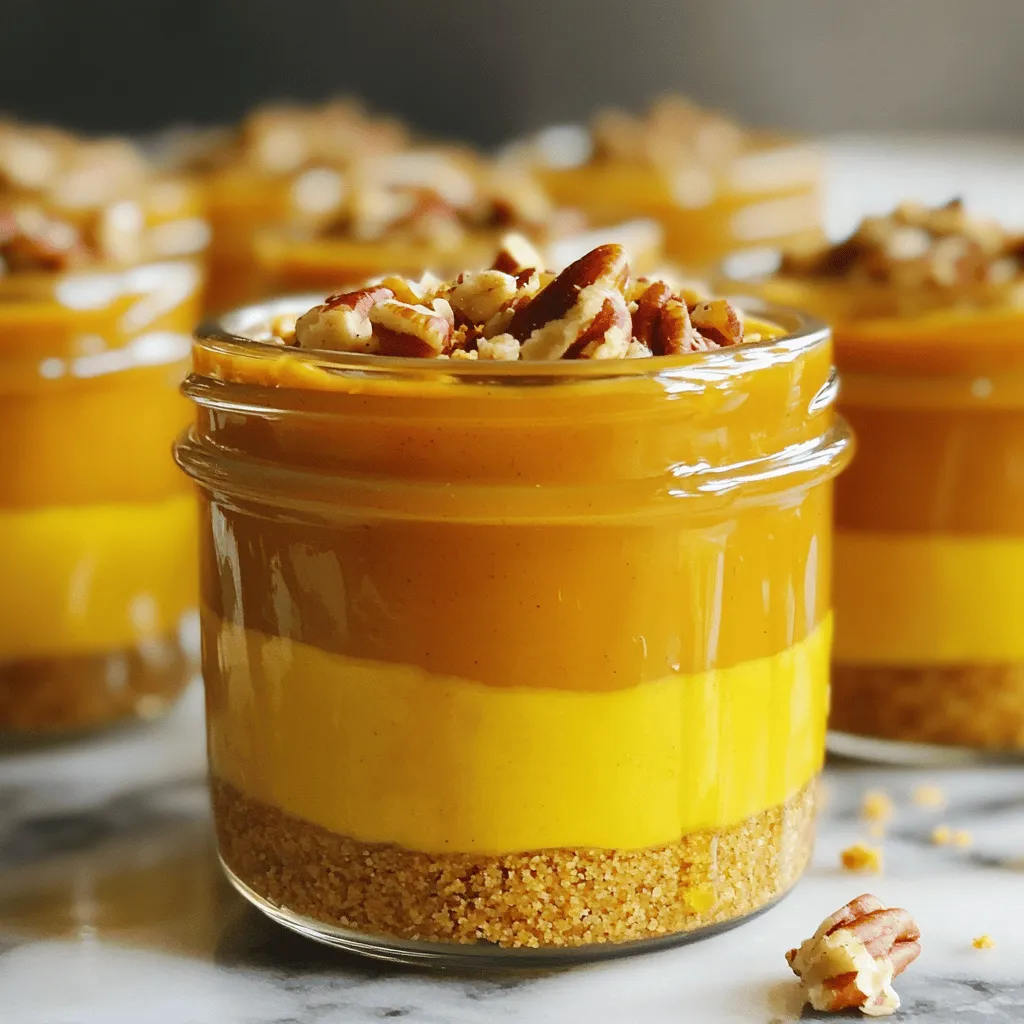 - 1 cup pumpkin puree - 1/2 cup cream cheese, softened - 1/2 cup whipped topping The main ingredients create a rich and creamy filling for your no-bake cups. Pumpkin puree gives a warm, earthy flavor. Cream cheese adds a tangy twist, balancing the sweetness. Whipped topping brings a light, airy texture. - 1/3 cup maple syrup - 1 teaspoon vanilla extract - 1 teaspoon pumpkin pie spice - 1/2 teaspoon ground cinnamon These flavor enhancers make the filling shine. Maple syrup sweetens the mix with a hint of caramel. Vanilla extract adds depth, enhancing the overall taste. Pumpkin pie spice and cinnamon bring that classic fall flavor, making each bite cozy. - 1 cup graham cracker crumbs - 1/4 cup unsalted butter, melted - 1/4 cup crushed pecans (for topping) The graham crust provides a delightful crunch. Graham cracker crumbs create a sweet and buttery base. Melted butter binds the crumbs, forming a sturdy layer. Crushed pecans on top add extra texture and flavor, making these cups feel gourmet. First, grab a mixing bowl. Add the pumpkin puree and softened cream cheese. Whisk them together until smooth. Next, pour in the maple syrup, vanilla extract, pumpkin pie spice, and ground cinnamon. Mix it well to combine all the flavors. This creamy pumpkin mixture is the heart of your cups. Now, gently fold in the whipped topping. This step adds lightness to the filling. Make sure the whipped topping blends in fully. Set this delicious mixture aside while you work on the crust. In another bowl, combine the graham cracker crumbs with melted butter. Stir until all the crumbs are coated well. This mixture gives your cups a crunchy base. Take small dessert cups or mini mason jars. Layer the bottom with about two tablespoons of the graham cracker mixture. Press it down slightly to create a firm crust. Now, it’s time to layer! Spoon the pumpkin filling over the graham cracker crust. Fill each cup until it is about three-quarters full. If you use larger cups, you can add another layer. Repeat the process with more graham cracker mixture and then more pumpkin filling. This extra layer makes it extra special. After assembling the cups, refrigerate them. Let them chill for at least two hours. This step helps the layers set perfectly. Before serving, sprinkle crushed pecans on top for added crunch. This finishing touch enhances both flavor and texture. Then, enjoy your delightful No-Bake Pumpkin Pie Cups! Using softened cream cheese is key for a smooth filling. Cold cream cheese will create lumps. Leave it out at room temperature for about 30 minutes before mixing. This small step makes a big difference! When you fold in the whipped topping, do it gently. Use a spatula and scoop from the bottom. This helps keep the mixture light and airy. You can switch up the flavors in your cups! Try adding chocolate for a rich twist. Simply mix in cocoa powder or melted chocolate. Maple adds a lovely sweetness too. Just swap some maple syrup for part of the pumpkin. For toppings, think outside the box! You can add whipped cream, chocolate shavings, or even a drizzle of caramel. Personalize each cup to suit your taste. Layering is all about patience. Start with a firm base of graham cracker crumbs. Press them down well to avoid a soggy crust. Use a spoon to evenly layer the pumpkin filling on top. If you use larger cups, repeat the layers. This builds a beautiful look and adds depth of flavor. Remember, the key is to keep those layers distinct. {{image_2}} You can switch things up by using chocolate graham crackers. They add a rich taste that pairs well with pumpkin. Just crush them like you would regular graham crackers. Mix with melted butter and layer as usual. For those who need gluten-free options, try using gluten-free graham crackers. They work just as well. The taste stays delicious without any gluten. To enhance the flavor, consider adding spices like nutmeg or allspice. A pinch can elevate the taste. Mix in these spices when you combine the pumpkin puree and cream cheese. You can also incorporate layers of caramel or chocolate. These flavors blend nicely with the pumpkin filling. Drizzle them between the layers for a sweet surprise. If you want vegan options, swap out the cream cheese and whipped topping. Use coconut cream or a vegan cream cheese instead. This keeps the dessert rich and creamy without dairy. For a sugar-free version, replace maple syrup with a sugar-free sweetener. Options like stevia or erythritol work well here. They help keep the sweetness without the extra sugar. Store your No-Bake Pumpkin Pie Cups in the fridge. They last up to four days. Use airtight containers or cover each cup tightly with plastic wrap. This keeps them fresh and tasty. Yes, you can freeze No-Bake Pumpkin Pie Cups! Just make sure to cover them well. Use freezer-safe containers or wrap each cup in foil. They can stay frozen for up to two months. To thaw, place them in the fridge overnight. Serve them cold for the best flavor and texture. These cups are perfect for fall gatherings or holiday parties. They make a fun dessert for Thanksgiving. Pair them with hot drinks like spiced cider or coffee. You can also serve them with whipped cream or a sprinkle of extra cinnamon. Enjoy the festive vibes! Yes, you can use homemade whipped topping. Homemade is often fresher and creamier. It allows you to control the sweetness and flavor. Store-bought is quick and easy, but may contain preservatives. To make your own whipped topping, follow these steps: 1. Chill a mixing bowl and beaters for about 15 minutes. 2. Add 1 cup of heavy cream to the chilled bowl. 3. Whip on medium speed until soft peaks form. 4. Gradually add 2 tablespoons of powdered sugar and 1 teaspoon of vanilla. 5. Continue whipping until stiff peaks form. This topping pairs perfectly with pumpkin pie cups. You can soften cream cheese in a few simple ways. The fastest method is to cut it into small cubes. Place the cubes in a microwave-safe bowl. Heat in the microwave for about 10 seconds. Check the texture and repeat if necessary. Another way is to leave the cream cheese out at room temperature for 30 minutes. This method also keeps the texture smooth. Avoid overheating, as this can cause it to melt. Yes, you can easily double the recipe. This will give you twelve cups instead of six. Adjust all ingredient amounts accordingly. For larger servings, use bigger cups. You may need to increase chilling time to ensure they set properly. Remember to mix and layer carefully to keep the texture right. To wrap up, we explored how to create delicious No-Bake Pumpkin Pie Cups. You learned about key ingredients like pumpkin puree and cream cheese, plus spices for flavor. We covered step-by-step instructions for mixing and assembling these treats, along with tips to get creamy filling and perfect layers. You also discovered variations, like gluten-free crusts and flavor tweaks. Finally, we discussed storage tips to keep your cups fresh. These tasty cups are easy to make and perfect for any gathering. Enjoy bringing this treat to your table!