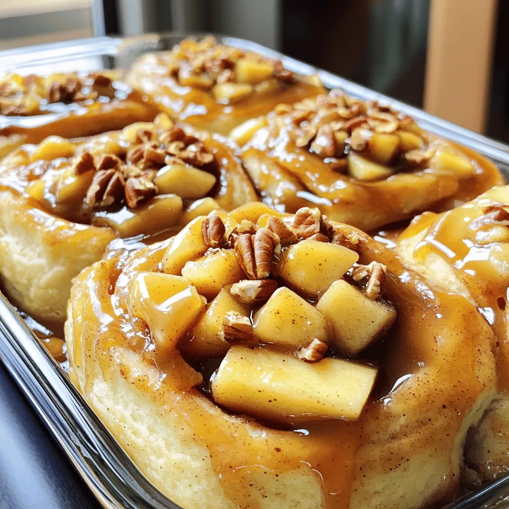 To make this tasty Caramel Apple Cinnamon Roll Bake, you will need: - 2 cans (12.4 oz each) refrigerated cinnamon rolls - 2 large apples, peeled, cored, and diced - 1/2 cup packed brown sugar - 1/4 cup granulated sugar - 2 teaspoons ground cinnamon - 1/2 teaspoon nutmeg - 1/4 cup pecans or walnuts, chopped (optional) - 1 cup caramel sauce (store-bought or homemade) - 1 tablespoon butter, melted - 1/2 teaspoon vanilla extract - 1/4 teaspoon salt These ingredients come together to create a warm, gooey treat. Choosing the right apples makes a big difference. I recommend using: - Granny Smith: They are tart and hold their shape well. - Honeycrisp: They are sweet and crunchy, adding a nice balance. Both types work great in this dish. Feel free to mix things up! Here are some fun ideas: - Nuts: You can add chopped pecans or walnuts for a crunchy texture. - Dried fruit: Raisins or cranberries can add extra sweetness. - Spices: A pinch of ginger or allspice can give a warm flavor. These add-ins can enhance your bake, making it even more delightful. First, I preheat my oven to 350°F (175°C). This step warms the oven for even baking. Next, I lightly grease a 9x13 inch baking dish. This keeps my bake from sticking. In a large bowl, I combine the diced apples, brown sugar, granulated sugar, ground cinnamon, nutmeg, and chopped nuts, if I choose to use them. I mix these together until the apples are covered well. This mixture will add flavor and sweetness. Then, I open the cans of cinnamon rolls. I cut each roll into quarters. I place these pieces in my greased baking dish. This helps them bake nicely. I take my apple mixture and pour it evenly over the cinnamon rolls. I spread it out so every bite has apple goodness. In a separate small bowl, I mix melted butter, vanilla extract, and salt. I drizzle this mixture over the apple and cinnamon rolls. This adds rich flavor. Next, I drizzle half of the caramel sauce over the whole dish. I save the other half for later. Now, it’s time to bake! I place the dish in the oven for 25-30 minutes. I watch for the cinnamon rolls to become golden brown and the apples to soften. When the baking time is up, I take the dish out of the oven. I let it cool for a few minutes. Then, I drizzle the remaining caramel sauce over the top. To serve, I scoop out portions while it's still warm. For a special treat, I add a scoop of vanilla ice cream on the side. Enjoying this warm bake with ice cream is pure joy! To get the best results, follow these tips. First, preheat your oven to 350°F (175°C). This ensures even cooking. Next, use a 9x13 inch baking dish. Grease it well to prevent sticking. When mixing the apples, make sure they are coated well with sugar and spices. This adds flavor to every bite. Cut the cinnamon rolls into quarters for better distribution. Spread them evenly in the dish. Pour the apple mix over them, making sure to cover all rolls. Drizzle melted butter, vanilla, and salt on top. This adds richness. Half of the caramel sauce should go on before baking. Save the rest for serving. Avoid these common mistakes for a perfect bake. First, don’t skip greasing the pan. Your dish will stick and be hard to serve. Second, overbaking can dry out the rolls. Keep an eye on them around the 25-minute mark. Using the wrong apples can also affect taste. Stick with Granny Smith or Honeycrisp for the best flavor. If you skip the nuts, you lose nice crunch and depth. Lastly, don’t forget to let it cool for a few minutes. This helps the caramel set properly. Enhancing flavor can make this dish even better. Try adding a pinch of ginger or allspice to the apple mixture for warmth. You can also use maple syrup in place of some brown sugar. This adds a unique twist. For a richer topping, mix cream cheese into the caramel sauce. This makes it creamier and adds a touch of tang. Experiment with different nuts, like almonds or pecans, for added crunch. Lastly, serve it warm with a scoop of vanilla ice cream. This makes it a true delight! {{image_2}} If you want a gluten-free option, use gluten-free cinnamon rolls. Many stores sell these now. Just make sure to check the labels for hidden gluten. You can also use a gluten-free flour blend to make your own cinnamon rolls. This way, everyone can enjoy this tasty bake. You can change the toppings to fit your taste. Try using chopped pecans or walnuts for extra crunch. If you love chocolate, add chocolate chips on top. You can also sprinkle some shredded coconut for a tropical twist. These options let you make this dish your own. You can make this dish fit any season. In fall, add pumpkin spice to the apple mix for a warm flavor. For winter, consider adding cranberries for a tart kick. In spring, use fresh berries instead of apples for a light, fruity version. Each season brings new flavors and keeps this dish exciting. To keep your Caramel Apple Cinnamon Roll Bake fresh, store it in an airtight container. Let it cool completely before sealing. This prevents moisture build-up and keeps the rolls soft. You can store it in the fridge for up to three days. If you want to enjoy it later, freezing is a great option. To freeze your Caramel Apple Cinnamon Roll Bake, first, let it cool completely. Cut it into portions and wrap each piece tightly in plastic wrap. Then, place the wrapped pieces in a freezer-safe bag or container. This way, they will stay good for up to three months. When you're ready to eat, just take out a piece and thaw it in the fridge overnight. Reheat your leftovers in the oven for the best results. Preheat the oven to 350°F (175°C). Place the cinnamon roll bake in an oven-safe dish, cover it with foil, and heat for 15-20 minutes. This warms it through without making it dry. If you’re in a hurry, you can microwave a single portion for about 30 seconds to a minute. Just be careful not to overheat, as it can become tough. Enjoy your warm treat! Yes, you can prepare this dish ahead of time. You can assemble the ingredients in the baking dish and store it in the fridge. Just cover it tightly with plastic wrap. When you are ready to bake, let it sit for about 15 minutes at room temperature. This helps the cinnamon rolls rise and bake evenly. To check if your Caramel Apple Cinnamon Roll Bake is done, look for a golden-brown color on top. The apples should be tender, and you can insert a toothpick into the center. If it comes out clean, your dish is ready. Bake it for 25-30 minutes at 350°F (175°C). This treat pairs well with a scoop of vanilla ice cream. You can also serve it with whipped cream or extra caramel sauce. For a nice touch, add some chopped nuts on top for crunch. It’s perfect for brunch or a sweet dessert. This recipe guide detailed all you need for a Caramel Apple Cinnamon Roll Bake. First, we covered the essential ingredients and how to prep them. Then, I walked you through each step of baking, including tips for perfection. We also explored variations, storage, and answers to common questions. I hope you find joy in making this treat. With the right apples and a few tricks, you'll create a warm, tasty dessert. Enjoy every bite and share your success!