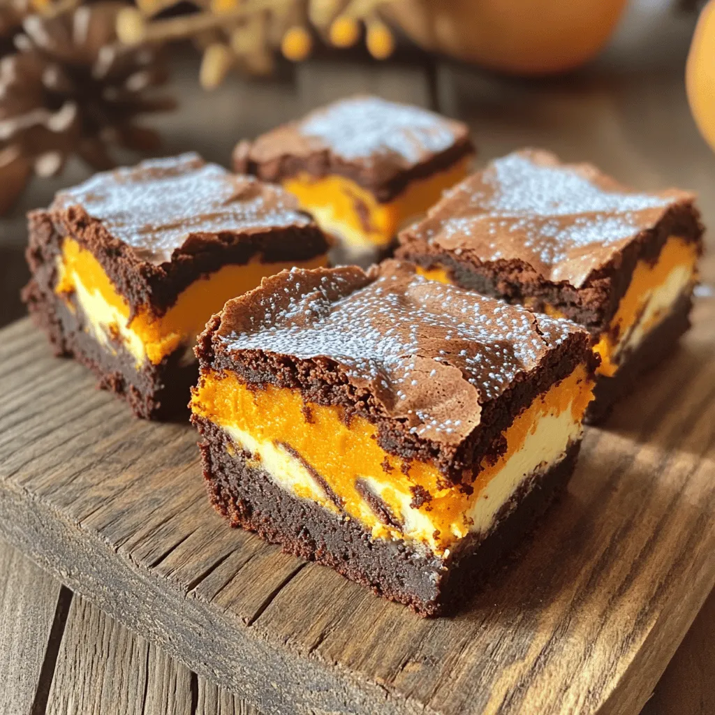 - 1 cup unsalted butter, melted - 2 cups granulated sugar - 4 large eggs - 8 oz cream cheese, softened - 1/2 cup powdered sugar - 1 cup pumpkin puree - 1 cup all-purpose flour - 1/2 cup unsweetened cocoa powder - 1/2 teaspoon baking powder - 1/4 teaspoon salt - 1 teaspoon cinnamon - 1/4 teaspoon nutmeg Gathering the right ingredients is key for success in making Pumpkin Cream Cheese Swirl Brownies. Start with unsalted butter, which adds rich flavor. Granulated sugar gives the brownies sweetness and nice texture. You will also need large eggs for binding. For the cream cheese swirl, use softened cream cheese. It blends better and gives a smooth texture. Powdered sugar adds sweetness and helps the swirl set. Pumpkin puree lends a warm flavor and moisture. Next, prepare your dry ingredients. All-purpose flour forms the brownie base. Unsweetened cocoa powder adds deep chocolate flavor. Baking powder helps the brownies rise slightly, while salt enhances all flavors. Finally, spices like cinnamon and nutmeg bring warmth and seasonal notes. Each ingredient plays an important role in creating this delightful treat. - Preheat your oven to 350°F (175°C). - Grease a 9x13-inch baking dish or line it with parchment paper. - In a large bowl, mix the melted butter and granulated sugar until combined. - Add four large eggs one at a time. Mix well after each egg. Then stir in one teaspoon of vanilla extract. - In another bowl, sift together one cup of all-purpose flour, half a cup of cocoa powder, half a teaspoon of baking powder, and a quarter teaspoon of salt. - Gradually add this dry mix to the wet mix. Stir until just combined. - In a separate bowl, mix one cup of pumpkin puree, eight ounces of softened cream cheese, half a cup of powdered sugar, one teaspoon of cinnamon, and a quarter teaspoon of nutmeg until smooth. - Pour half of the brownie batter into the baking dish and spread it evenly. Spoon dollops of the pumpkin cream cheese mixture over the brownie batter. Then pour the rest of the brownie batter on top. - Use a knife or toothpick to swirl the batters together for a marbled look. - Bake in the preheated oven for 30 to 35 minutes. Check with a toothpick; it should come out mostly clean. - After baking, let the brownies cool in the pan for at least 15 minutes before slicing them into squares. Checking doneness To check if your brownies are done, use a toothpick. Insert it into the center of the brownies. If it comes out with a few moist crumbs, they are ready. If the toothpick is clean, they may be overbaked. Swirling techniques For the best swirl, use a knife or toothpick. After layering the batters, gently swirl them together. Avoid stirring too much; you want to see the marbled effect. Serving suggestions Serve your brownies on a rustic wooden board. This adds a nice touch for any gathering. You can cut them into squares or rectangles for easy serving. Garnishing ideas Dust the brownies lightly with powdered sugar. A sprinkle of cinnamon on top adds a warm flavor. Use festive pumpkin-themed plates to enhance the seasonal vibe. Overmixing the batter Be careful not to overmix the brownie batter. This can lead to dense and tough brownies. Mix just until combined for the best texture. Not using room temperature ingredients Make sure your cream cheese and eggs are at room temperature. This helps them blend smoothly into the batter. Cold ingredients can cause lumps and uneven mixing. {{image_2}} You can easily change the flavors of these brownies. Adding chocolate chips brings a sweet touch. I like to sprinkle a cup of semi-sweet chocolate chips into the batter. They melt nicely and blend well with the chocolate flavor. Incorporating nuts adds a nice crunch. Walnuts or pecans work great here. Just chop them roughly and fold in half a cup. The nuts give the brownies a rich texture and a homey feel. If you want a lighter version, try some simple swaps. Use unsweetened applesauce instead of butter. This keeps the brownies moist but cuts down on fat. You can also use a sugar substitute for a sweeter treat without the calories. For vegan options, replace the eggs with flaxseed meal. Mix one tablespoon of flaxseed meal with three tablespoons of water for each egg. Use almond milk instead of regular milk for a lighter taste. You can make these brownies fit any season. For Halloween, add fun toppings, like candy corn or spooky sprinkles. This makes the brownies festive and fun for kids and adults alike. For Thanksgiving, sprinkle in some chopped pecans and add extra cinnamon. This gives the brownies a warm, spicy flavor that fits the holiday. You can even top them with whipped cream for a special touch. To keep your pumpkin cream cheese swirl brownies fresh, store them in an airtight container. This helps keep them moist and prevents them from drying out. You can place parchment paper between layers to avoid sticking. For best results, store the brownies at room temperature for up to four days. If you want them to last longer, consider refrigerating them. Freezing brownies is a great way to save some for later. First, let the brownies cool completely. Then, cut them into squares. Wrap each square tightly in plastic wrap. After wrapping, place them in a freezer-safe bag or container. They can last up to three months in the freezer. To thaw, take out a square and let it sit at room temperature for about an hour. You can also warm them in the microwave for a few seconds if you prefer them warm. These brownies have a good shelf life. When stored properly, they can last up to four days at room temperature. In the fridge, they can stay fresh for about a week. Look for signs of spoilage like a dry texture or an off smell. If they start to harden or develop mold, it's best to toss them. Enjoying them fresh is always the best way! Yes, you can use fresh pumpkin. Fresh pumpkin has a bright flavor and a nice texture. To use it, follow these steps: - Choose a small sugar pumpkin or pie pumpkin. - Cut it in half, remove the seeds, and roast until tender. - Scoop out the soft flesh and blend it until smooth. This fresh puree makes your brownies taste even better. It also adds a fun cooking experience. To check if the brownies are done, use a toothpick. Insert it into the center of the brownies. If it comes out mostly clean, they are ready. A few moist crumbs are okay. Here are some extra tips: - Look for a slight puff on top. - The edges should pull away from the pan. - Let them cool for a bit before slicing. This helps them firm up. If you need to substitute cream cheese, here are some great options: - Greek yogurt gives a nice tang and creaminess. - Silken tofu is a good vegan choice, but it may change the texture. - Ricotta cheese is also a creamy option that works well. Each alternative will change the flavor slightly, so choose based on your taste preference. Brownies blend flavors and textures to delight every bite. We covered essential ingredients, from cream cheese to spices. Following clear steps ensures your brownies are a success. Remember the tips to avoid common mistakes. Variations let you customize for seasons and tastes. Storing and freezing keep your treats fresh. Enjoy experimenting with these recipes and make them your own. You will impress your friends and family with your baking skills!
