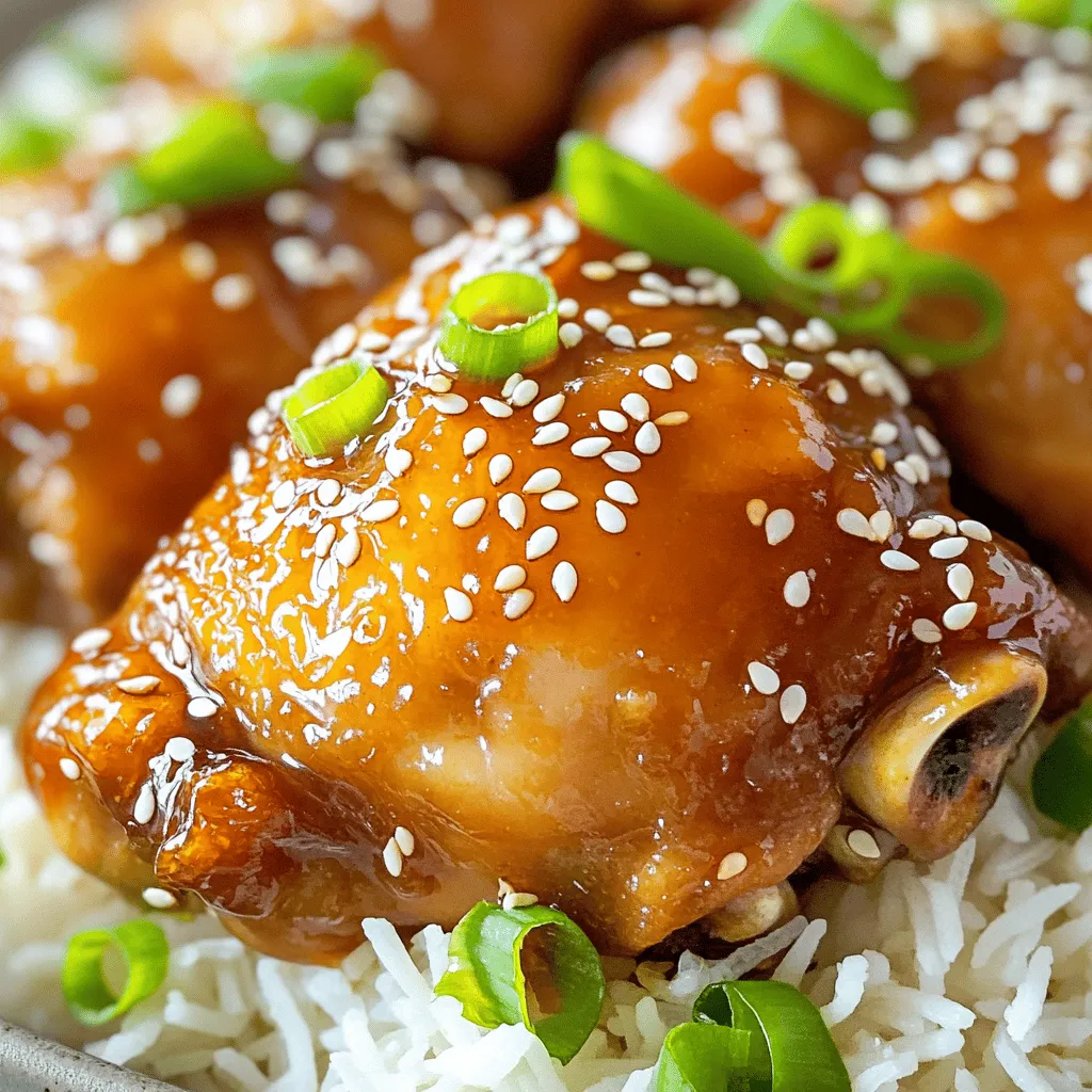 This recipe has simple and tasty ingredients. Here’s what you need: - 6 chicken thighs (bone-in, skin-on for extra flavor) - 1/2 cup honey - 1/4 cup soy sauce (low sodium) - 4 cloves garlic, minced - 1 tablespoon fresh ginger, grated - 2 tablespoons rice vinegar - 1 tablespoon sesame oil - 1 teaspoon ground black pepper - 1 teaspoon salt These ingredients create a sweet and savory flavor. The chicken thighs stay juicy and tender in the slow cooker. If you want a thicker sauce, consider adding: - 1 tablespoon cornstarch Cornstarch helps the sauce cling to the chicken. It adds a nice texture to every bite. Garnishing makes your dish look more appealing. Use these for a pop of color: - 2 green onions, sliced - Sesame seeds Sprinkle these on top just before serving. It adds freshness and a nice crunch. Enjoy the beautiful look of your meal! To start, gather your ingredients. In a mixing bowl, combine the honey, soy sauce, minced garlic, grated ginger, rice vinegar, sesame oil, black pepper, and salt. Whisk them together well. You want the flavors to blend nicely. This marinade gives the chicken a sweet and savory taste. Let it sit for a few minutes. Next, take the chicken thighs and place them in your slow cooker. Pour the marinade over the chicken. Make sure each piece is coated evenly. This step is key to getting that rich flavor. You want the chicken to soak up all the tasty sauce. Now it’s time to cook. Cover the slow cooker with its lid. You can choose to cook on low for 6-7 hours or on high for 3-4 hours. The chicken should be tender and fully cooked when done. If you want a thicker sauce, remove the chicken after cooking. Pour the sauce into a saucepan, bring it to a gentle boil, and add cornstarch mixed with cold water. Stir until it thickens. This step is optional but really enhances the dish! To make your honey garlic chicken even better, consider these tips. Use bone-in, skin-on chicken thighs. This adds more flavor and keeps the meat juicy. Marinate the chicken overnight for deeper flavor. If you want a kick, add red pepper flakes to the marinade. For a bit of crunch, brown the chicken in a pan before placing it in the slow cooker. This step adds a nice texture. You can swap some ingredients if needed. If you don’t have soy sauce, try coconut aminos. It gives a sweet and savory taste. For honey, maple syrup works well too. You can use garlic powder if you’re out of fresh garlic. Just use 1 teaspoon for each clove. Want to skip the sesame oil? Use olive oil instead; it will still taste great. Avoid these mistakes for the best results. Don’t rush the cooking time; low and slow works best. If you cook on high, check the chicken at 3 hours. Overcooking can make the chicken dry. Make sure to coat the chicken evenly with the marinade. This ensures all pieces get full flavor. Lastly, don’t skip the garnishes. Green onions and sesame seeds make your dish look and taste better. {{image_2}} You can switch chicken thighs for chicken breasts. Breasts cook faster, so check them after 2-3 hours. Pork chops also work well. They stay juicy with the marinade. For a vegetarian option, use firm tofu. Press the tofu to remove extra water. Then, cut it into cubes and marinate. Want a kick? Add red pepper flakes to the marinade. Start with a teaspoon. Taste it after cooking to see if you want more heat. You can also add sriracha for a bolder flavor. Mix it in with the honey and soy sauce. Adjust the sweetness with a bit more honey if needed. Add color and nutrition by including vegetables. Broccoli, bell peppers, or snap peas are great choices. Toss them in the slow cooker with the chicken. Adjust cooking time for softer veggies. Check them after 4 hours on high or 6 hours on low. Enjoy a one-pot meal packed with flavor! Once your honey garlic chicken thighs cool, place them in an airtight container. Store them in the fridge for up to four days. If you want to keep the chicken fresh, avoid leaving it out at room temperature for more than two hours. This helps prevent bacteria growth and keeps your meal safe. To freeze the chicken, let it cool completely. Place the chicken and any sauce in a freezer-safe bag. Remove as much air as you can before sealing. The chicken can last in the freezer for up to three months. When you’re ready to eat, thaw it in the fridge overnight. To reheat, you can use the microwave or oven. If using the microwave, heat the chicken in short bursts to avoid drying it out. If using the oven, cover the chicken with foil and heat at 350°F (175°C) for about 20 minutes. You want it hot all the way through. For extra flavor, drizzle some sauce over the chicken before reheating. Yes, you can use boneless chicken thighs. They will cook faster than bone-in thighs. Just reduce the cooking time by about an hour. Boneless thighs stay juicy and tender, perfect for this dish. Check the thickest part of the chicken. It should reach 165°F (74°C) for safety. Use a meat thermometer for the best results. The chicken should look white and no longer pink inside. Serve the chicken over jasmine rice or with steamed broccoli. These sides soak up the tasty sauce well. You can also add a fresh salad for a crisp touch. Consider serving with rice noodles for a fun twist. Yes, you can make this dish in advance. Cook it fully and store it in the fridge for up to three days. Reheat it gently on the stove or in the microwave. You can also freeze it for up to three months. Just thaw and reheat when you're ready to enjoy. You can create a delicious slow cooker honey garlic chicken dish with ease. This recipe covers everything from the main ingredients and optional thickening options to garnishes for a great look. Follow the step-by-step instructions to marinade, cook, and avoid common mistakes. Explore variations and storage tips for your meals. With these insights, you can enjoy this dish fresh or later. Now, get ready to impress with your cooking skills and enjoy every bite!