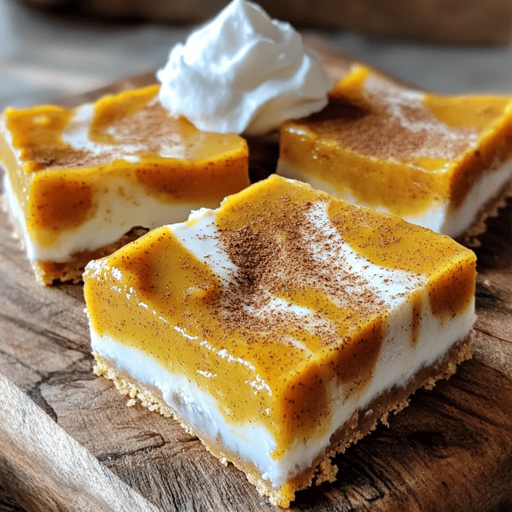 - 1 ½ cups all-purpose flour - ½ teaspoon baking powder - ½ teaspoon baking soda - ½ teaspoon salt - 1 teaspoon ground cinnamon - 1 teaspoon ground nutmeg - ½ teaspoon ginger powder - ½ cup unsalted butter, softened - 1 cup brown sugar, packed - 2 large eggs - 1 cup canned pumpkin puree - 1 teaspoon vanilla extract - ½ cup sweetened condensed milk - Whipped cream for serving To create the perfect pumpkin pie bars, you need simple yet key ingredients. The dry mix includes flour, baking powder, baking soda, salt, and warm spices. These spices are crucial. They bring out the warm, cozy flavors we love in fall. For the wet mix, use softened butter and brown sugar. This combo makes your bars rich and sweet. Add in the eggs, pumpkin puree, and vanilla. These ingredients make your bars moist and flavorful. Finally, the sweetened condensed milk gives a creamy touch. Feel free to top your bars with whipped cream. It adds a nice finish. With these ingredients, you will create a tasty treat that everyone will enjoy. - Preheat oven to 350°F (175°C). - Grease or line a 9x13 inch baking dish. Getting the oven ready is important. A hot oven helps the bars rise well. Greasing or lining the dish ensures easy removal later. - Whisk together flour, baking powder, baking soda, salt, and spices. In a medium bowl, mix the dry ingredients. This includes flour, baking powder, baking soda, salt, and spices like cinnamon, nutmeg, and ginger. Whisk until well blended to avoid clumps. - Cream softened butter and brown sugar until fluffy. In a large bowl, add softened butter and brown sugar. Use an electric mixer to beat them together for 3-4 minutes. You want a light, fluffy mix. This step adds air and sweetness to the bars. - Add eggs, pumpkin puree, and vanilla extract. Next, crack the eggs into the bowl, one at a time. Beat well after each addition. Then, mix in the pumpkin puree and vanilla extract. This gives the bars their rich flavor and moist texture. - Gradually add dry ingredients to wet ingredients. Now, gently add the dry mix to the wet mix. Stir slowly until everything is just combined. Be careful not to overmix, as this can make the bars tough. - Pour batter into prepared dish and drizzle with condensed milk. - Bake for 25-30 minutes. Pour the batter into your baking dish. Use a spatula to smooth the top. Drizzle sweetened condensed milk in a zigzag pattern over the batter. This adds a lovely marbled look. Bake for 25-30 minutes, or until a toothpick comes out clean. - Allow cooling before slicing. Once baked, let the bars cool in the pan for at least 15 minutes. This makes slicing easier. Serve warm or at room temperature. Topping with whipped cream and a sprinkle of cinnamon adds a tasty touch! To get the best texture, avoid overmixing the batter. Overmixing can make the bars tough. Mix just until combined. This keeps them soft and chewy. To check doneness, insert a toothpick into the center. If it comes out clean, your bars are ready. If it has wet batter, bake a bit longer. Serve your pumpkin pie bars warm or at room temperature. A dollop of whipped cream adds creaminess. Sprinkle some cinnamon on top for a lovely touch. For a decorative flair, drizzle caramel sauce over the bars. You can also use nuts or chocolate chips for added texture. Using room temperature ingredients is key. They mix better and help the batter rise nicely. Take the butter and eggs out of the fridge ahead of time. When it comes to the baking dish, you can grease it or line it with parchment paper. Lining makes removal easier and keeps the bars intact. {{image_2}} You can easily change the flavor of your pumpkin pie bars. Adding chocolate chips gives a sweet twist. Dark chocolate works best with pumpkin. You can also mix in nuts, like walnuts or pecans. They add a nice crunch and flavor. For spices, try different blends. Add a bit of allspice or cardamom for warmth. Each choice makes your bars unique. Want a lighter version? Use whole wheat flour instead of all-purpose flour. It adds fiber and nutrients. You can also swap out the brown sugar. Try honey or maple syrup instead. These options can make the bars taste great while being a bit healthier. If you need gluten-free bars, use a gluten-free flour blend. There are many great options now. For a dairy-free choice, replace the butter with coconut oil. You can also use coconut milk instead of sweetened condensed milk. These swaps let everyone enjoy this fall treat. To store leftover pumpkin pie bars, place them in an airtight container. This helps keep them fresh. You can also wrap them in plastic wrap. Store in the refrigerator for best results. They will last for about 4 to 5 days. If you want to save some for later, freezing is a great option. First, let the bars cool completely. Then, cut them into squares. Wrap each square in plastic wrap and place them in a freezer-safe bag. They can stay fresh in the freezer for up to 3 months. To thaw, move them to the fridge for a few hours or overnight. To reheat your pumpkin pie bars, use the oven for the best texture. Preheat the oven to 350°F (175°C). Place the bars on a baking sheet. Heat them for about 10 minutes, or until warm. You can also use a microwave. Just heat for 15-20 seconds. Enjoy them warm with a dollop of whipped cream! Yes, you can use fresh pumpkin. First, cook and puree the pumpkin until smooth. Make sure to drain excess water for the best texture. Fresh pumpkin gives a nice flavor that many love. To reduce sweetness, cut back on brown sugar. You can use half a cup instead of one cup. Another option is to use less sweetened condensed milk. Taste the batter before baking to check the sweetness. Yes, you can double the recipe easily. Just use a larger baking dish. A 12x18 inch pan works well for doubled amounts. Be sure to adjust the baking time as needed. You can serve these bars with whipped cream on top. A scoop of vanilla ice cream is a great choice too. A sprinkle of cinnamon adds a nice touch. Some like to pair them with hot drinks like coffee or cider. To check if they are done, insert a toothpick into the center. If it comes out clean or with a few crumbs, they are ready. The edges should look set, and the center should not jiggle. You now have a tasty pumpkin pie bar recipe! We covered ingredients, mixing, and baking steps. I shared tips for perfect texture and ways to make your bars shine. Explore variations for different flavors and find storage tips to keep them fresh. With this guide, you can create delicious treats and impress friends and family. Enjoy your baking journey and the smiles these bars will bring!