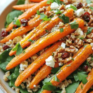 - 1 cup farro - 4 large carrots, peeled and cut into sticks - 3 tablespoons olive oil, divided - 2 tablespoons pure maple syrup - 1 teaspoon ground cinnamon - Salt and pepper to taste - 1 cup baby spinach - 1/2 cup feta cheese, crumbled - 1/4 cup walnuts, roughly chopped - 1/4 cup dried cranberries - 2 tablespoons apple cider vinegar - Fresh parsley, chopped for garnish - Edible flowers for garnish - Lemon zest for brightness - Chopped green onions for a fresh kick - Sliced almonds for extra crunch - Farro: This grain is full of fiber and helps with digestion. - Carrots: They are rich in beta-carotene, which is good for your eyes. - Olive oil: A healthy fat that can lower heart disease risk. - Maple syrup: Offers a natural sweetness and contains antioxidants. - Cinnamon: Helps control blood sugar and adds a warm flavor. - Baby spinach: Packed with vitamins A and C, it boosts your immune system. - Feta cheese: Adds protein and calcium for strong bones. - Walnuts: These nuts provide omega-3 fatty acids, great for heart health. - Dried cranberries: They are high in antioxidants and add a sweet-tart flavor. - Apple cider vinegar: Can aid digestion and add tang to the salad. - Parsley: This herb is full of vitamins and adds a fresh taste. To start, I prepare the farro. First, I bring 4 cups of water to a boil in a medium pot. Once the water is boiling, I add 1 cup of farro and a pinch of salt. Then, I reduce the heat to low and let it simmer. I cook the farro for about 30 minutes. It should become tender but still have a nice bite. When it’s ready, I drain it and set it aside. This step forms the hearty base of our salad. Next, I turn my attention to the carrots. I preheat the oven to 400°F (200°C). On a baking sheet, I toss 4 large peeled and cut carrot sticks with 2 tablespoons of olive oil. I also add 2 tablespoons of pure maple syrup, 1 teaspoon of ground cinnamon, and a pinch of salt and pepper. I make sure each carrot stick is well coated. Then, I spread them out evenly on the baking sheet. I roast the carrots for 25-30 minutes. Halfway through, I stir them to ensure even cooking. They should come out tender and caramelized, bringing a sweet flavor to the dish. Now it’s time to bring it all together. In a large bowl, I mix the cooked farro with the roasted carrots. Next, I add 1 cup of baby spinach for freshness, followed by 1/2 cup of crumbled feta cheese for creaminess. To add crunch, I toss in 1/4 cup of roughly chopped walnuts. Finally, I include 1/4 cup of dried cranberries for a sweet touch. In a small bowl, I whisk the remaining 1 tablespoon of olive oil with 2 tablespoons of apple cider vinegar. I drizzle this over the salad and toss everything gently. I taste it and adjust the seasoning if needed. Before serving, I garnish with chopped parsley for a pop of color. Roasting carrots brings out their natural sweetness. Start with fresh, firm carrots. Peel and cut them into sticks for even cooking. Toss them in olive oil, maple syrup, cinnamon, salt, and pepper. This mix adds flavor and helps with caramelization. Spread them evenly on a baking sheet. Roast at 400°F for 25-30 minutes. Stir halfway to ensure even cooking. Look for a nice golden color. They should be tender but not mushy. You can swap ingredients based on your taste or what you have. If you don't have farro, use quinoa or barley instead. For a vegan option, replace feta with avocado or tofu. Want to skip walnuts? Try pecans or sunflower seeds for crunch. For a different sweetness, honey works well instead of maple syrup. You can also use any leafy green if baby spinach is not available. Serve your salad in a large, shallow bowl. This makes it easy to share and looks great. Arrange the roasted carrots on top for a colorful display. Fresh herbs like parsley add a nice touch. For extra flair, use edible flowers. They make your salad pop with color. Pair the salad with grilled chicken or fish for a full meal. Enjoy this fresh and vibrant dish at any gathering! {{image_2}} You can easily make this salad vegetarian or vegan. To keep it vegetarian, just use feta cheese. For a vegan option, replace the feta with avocado or a nut-based cheese. Both choices add creaminess and flavor. If you want to enhance the taste, try adding nutritional yeast for a cheesy flavor without dairy. This salad shines with seasonal vegetables. In spring, add fresh peas or radishes for a crisp bite. Summer versions can include cherry tomatoes or zucchini. In fall, try roasted sweet potatoes or butternut squash. Each vegetable brings its own taste and texture, keeping the salad exciting all year round. For a protein boost, consider chickpeas or grilled chicken. Chickpeas add a hearty texture and are great for plant-based diets. Simply toss a cup of drained chickpeas into the salad. If you prefer chicken, grill or roast it first. Slice it and mix it in before serving. Both options make the salad more filling and satisfying. Store any leftover salad in an airtight container. Keep it in the fridge for up to three days. This way, the flavors stay fresh. If you have extra roasted carrots, store them separately. They can lose their crispness in the salad. I don’t recommend freezing the salad. The textures can change when thawed. However, you can freeze the roasted carrots. Place them in a freezer-safe bag. When you’re ready to eat, let them thaw in the fridge. Reheat them in the oven at 350°F (175°C) for about 10 minutes. To keep your ingredients fresh, store the farro in a cool, dry place. Cooked farro should be in the fridge and eaten within five days. For fresh spinach, keep it in a bag with a paper towel to absorb moisture. This keeps it crisp. Feta cheese lasts longer when covered and stored in its brine. Farro is an ancient grain. It has a nutty flavor and chewy texture. To prepare it, start by rinsing 1 cup of farro under cold water. In a pot, bring 4 cups of water to a boil. Add a pinch of salt and the farro. Lower the heat and let it simmer for about 30 minutes. When done, drain the water and set the farro aside. It will add a hearty base to your salad. Yes, you can prepare the salad in advance. Cook the farro and roast the carrots ahead of time. Store them separately in the fridge. When ready to serve, mix the ingredients together. This salad tastes great chilled or at room temperature. Just add the dressing right before serving for the best flavor. This salad pairs well with many dishes. Try serving it with grilled chicken or fish for protein. It also complements roasted vegetables nicely. A light soup or a fresh bread makes a great side. You can enjoy this salad on its own too. The flavors are bright and satisfying, making it perfect for any meal! This post covered everything you need to make a tasty farro salad. We looked at the key ingredients and their benefits. I shared easy step-by-step instructions for preparation. You learned tips for roasting carrots and presenting your dish nicely. We also explored variations, including vegan options and how to add protein. Lastly, I provided storage tips to keep leftovers fresh. By following these steps, you can enjoy a healthy and delicious meal. Happy cooking!