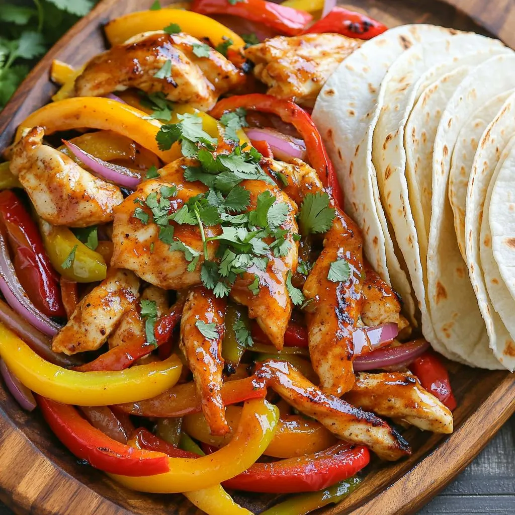 To make these sweet chili lime chicken fajitas, you need a few key ingredients. Here’s what you'll use: - 1.5 lbs boneless, skinless chicken thighs, sliced into strips - 1 red bell pepper, sliced - 1 yellow bell pepper, sliced - 1 red onion, sliced - 3 tablespoons sweet chili sauce - 2 tablespoons lime juice - 1 tablespoon olive oil - 1 teaspoon garlic powder - 1 teaspoon cumin - 1 teaspoon smoked paprika - Salt and pepper to taste These ingredients come together to create a tasty blend. Chicken thighs offer a juicy texture. The sweet chili sauce adds a nice kick and a hint of sweetness. Bell peppers and onions bring color and crunch. You can also add some fun garnishes and sides to your fajitas. Here are some options: - Fresh cilantro, chopped (for garnish) - Small flour tortillas (for serving) - Lime wedges, for a zesty touch Serving the fajitas in warm tortillas makes them even better. You can sprinkle cilantro on top for freshness. Lime wedges add a bright flavor that enhances the meal. Each serving of these sheet pan fajitas is not just delicious, but also has good nutrition. Here’s a rough idea of what you get per serving (based on four servings): - Calories: 350 - Protein: 28g - Carbohydrates: 30g - Fat: 15g - Fiber: 3g This meal is balanced and filling. It's great for a family dinner or a fun gathering. Enjoy the flavors and the nutrition! First, gather all your ingredients. You need 1.5 lbs of boneless, skinless chicken thighs, sliced into strips. Next, slice one red bell pepper, one yellow bell pepper, and one red onion. Place these in a large bowl. Add the chicken strips to the bowl with the veggies. Make sure everything is mixed well. This step helps the flavors blend together. For the marinade, take a separate bowl and add 3 tablespoons of sweet chili sauce. Then, squeeze in 2 tablespoons of fresh lime juice. Add 1 tablespoon of olive oil, 1 teaspoon of garlic powder, 1 teaspoon of cumin, and 1 teaspoon of smoked paprika. Season with salt and pepper to taste. Whisk these ingredients until they form a smooth mix. This marinade adds a sweet and tangy flavor to the chicken and veggies. Now, pour the marinade over the chicken and veggies. Toss everything until well coated. Spread the mixture out on a large sheet pan in a single layer. Preheat your oven to 400°F (200°C) and bake for 20-25 minutes. Make sure to stir halfway through. This ensures even cooking. The chicken should be cooked through and the veggies tender. Once done, remove the pan from the oven. Let it cool for a few minutes. Serve the fajitas hot, garnished with fresh cilantro. Use small flour tortillas for wrapping. Enjoy your colorful and tasty meal! To cook chicken thighs just right, start with fresh meat. Slice the thighs into strips, keeping them even in size. This step helps them cook uniformly. Marinade the chicken to add flavor and moisture. Use sweet chili sauce and lime juice for a tasty blend. Bake the chicken at 400°F (200°C) for 20-25 minutes. Use a meat thermometer to check for doneness; the internal temperature should reach 165°F (75°C). For juicy results, let the chicken rest for a few minutes before serving. When selecting vegetables, look for bright colors and firm textures. Fresh bell peppers add sweetness and crunch. Choose one red and one yellow for contrast. Red onions bring a mild flavor that complements the dish. Always wash your vegetables before cutting. Slice them evenly so they cook at the same rate. If you want a bit of spice, add jalapeños or poblano peppers. They will give your fajitas a tasty kick. To serve your fajitas, warm small flour tortillas in a pan. This step makes them soft and pliable. Place the chicken and vegetables in the center of the tortilla. Top with fresh cilantro for a vibrant touch. Add lime wedges on the side for a zesty finish. For a colorful display, arrange the fajitas on a platter, showcasing the bright peppers and chicken. You can also serve the fajitas with a side of salsa or guacamole for extra flavor. {{image_2}} You can adjust the heat to fit your taste. If you like it spicy, add sliced jalapeños or a sprinkle of red pepper flakes. For a milder dish, skip the spicy additions. You can also use a sweet chili sauce with a kick for added flavor. Feel free to mix in other veggies. Zucchini, mushrooms, or corn can add great taste. You could even try adding fresh spinach. The key is to keep the colors bright for a fun look. Just remember to slice them thinly for even cooking. To make these fajitas vegetarian, swap the chicken for firm tofu or tempeh. Press the tofu to remove water, then slice it. Marinate it just like the chicken. You can also use more beans like black beans or chickpeas for protein. This keeps the dish hearty while still being meat-free. To store leftover fajitas, let them cool first. Place the chicken and veggies in an airtight container. Make sure to separate the tortillas. Store everything in the fridge for up to three days. This keeps the flavors fresh and ready to enjoy later. Reheat fajitas in a few easy steps. Use a skillet over medium heat; add a splash of water. Heat for five to seven minutes, stirring often. This method keeps the chicken moist and veggies crisp. If you prefer the microwave, place the fajitas in a bowl. Cover and heat for one to two minutes. Check the temperature and stir halfway through. For longer storage, freeze the fajitas. Place cooled chicken and veggies in freezer bags. Remove as much air as possible before sealing. These can freeze well for up to three months. To thaw, move them to the fridge overnight. Reheat as mentioned before for a quick meal. This way, you can enjoy your sweet chili lime chicken fajitas anytime! Yes, you can use chicken breast. It cooks quicker than thighs. Cut the chicken breast into strips, just like the thighs. The flavor will change slightly, but it will still taste great. You can serve fajitas with many sides. Try rice or beans for a hearty meal. A fresh salad also works well. You can add guacamole or salsa for extra flavor. Warm tortillas are a must for wrapping the fajitas! Leftovers stay good for about three to four days. Store them in an airtight container for freshness. Reheat in the oven or microwave before serving. Enjoy your tasty meal again! Sweet chili lime chicken fajitas are easy and fun to make. We covered the key ingredients, cooking steps, and tasty serving ideas. Plus, I shared tips for perfect chicken and veggie choices. You can customize heat levels and even make a vegetarian version. Remember to store leftovers properly for the best taste. Enjoy your fajitas and impress your friends and family. Cooking can be simple and enjoyable, so dive in and have fun!