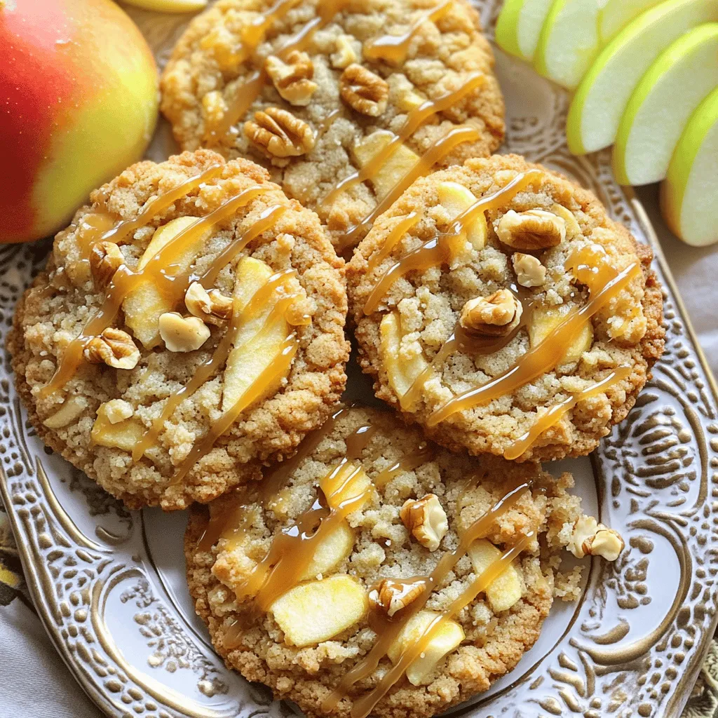 To make Crumbl Copycat Caramel Apple Cookies, gather these items: - 1 cup unsalted butter, softened - 1 cup brown sugar, packed - 1/2 cup granulated sugar - 1 large egg - 1 teaspoon vanilla extract - 2 1/2 cups all-purpose flour - 1 teaspoon baking soda - 1/2 teaspoon baking powder - 1/2 teaspoon salt - 1 teaspoon ground cinnamon - 1 cup grated apple (about 1 medium apple) - 1/2 cup caramel sauce (store-bought or homemade) - 1/2 cup chopped walnuts or pecans (optional) - 1/2 cup chocolate chips (optional) These ingredients create the perfect blend of flavors. The apple adds moisture and sweetness. The caramel brings a rich, gooey texture. The spices make each bite warm and comforting. You can swap some ingredients if needed: - Use coconut oil instead of butter for a dairy-free option. - Replace brown sugar with coconut sugar for a healthier choice. - Use egg replacers like flaxseed meal or applesauce if you want to make these cookies vegan. - For gluten-free cookies, try a gluten-free all-purpose flour blend. These substitutions keep the essence of the cookies while fitting your needs. Feel free to customize your cookies with these add-ins: - Chopped nuts like walnuts or pecans add a nice crunch. - Chocolate chips bring sweetness and richness. - Dried cranberries or raisins can add a fruity twist. - A sprinkle of sea salt on top can enhance the flavors beautifully. Add-ins can make your cookies unique and fun. Be creative with what you have! Start by preheating your oven to 350°F (175°C). This helps the cookies bake evenly. Line a baking sheet with parchment paper. This keeps the cookies from sticking. In a mixing bowl, cream 1 cup of softened butter with 1 cup of brown sugar and 1/2 cup of granulated sugar. Mix until it is light and fluffy, about 3 minutes. This step helps to create a soft texture. Next, add 1 large egg and 1 teaspoon of vanilla extract to the bowl. Beat these together until well mixed. In a separate bowl, whisk together 2 1/2 cups of all-purpose flour, 1 teaspoon of baking soda, 1/2 teaspoon of baking powder, 1/2 teaspoon of salt, and 1 teaspoon of ground cinnamon. Gradually mix the dry ingredients into the wet ingredients until just combined. Do not overmix, as this can make the cookies tough. Now, fold in 1 cup of grated apple, 1/2 cup of caramel sauce, and any optional nuts or chocolate chips. This ensures each cookie is full of flavor. Scoop out generous tablespoons of dough and place them on the prepared baking sheet. Make sure to space them about 2 inches apart. This gives them room to spread. Bake the cookies in the preheated oven for 10 to 12 minutes. Look for lightly golden edges while the centers stay soft. Remove the cookies from the oven and let them cool on the baking sheet for 5 minutes. This helps them set before moving. Transfer the cookies to wire racks to cool completely. For a fun serving idea, serve the cookies warm with a drizzle of caramel sauce on top. Sprinkle some chopped nuts for added crunch. You can also place apple slices on the side for a fresh touch. Enjoy each bite of these delicious treats! To get the best cookies, focus on your butter. Make sure it is soft but not melted. This helps the cookies become fluffy. Cream the butter and sugars together until light. This step is key for that soft texture. When you mix in the dry ingredients, do it slowly. Over-mixing can make your cookies tough. Aim for a dough that is thick but not dry. One common mistake is not measuring your flour correctly. Too much flour can lead to dry cookies. Use a spoon to fluff the flour before scooping it. Level it off with a knife for accuracy. Another mistake is baking the cookies too long. They should be soft in the middle when you take them out. Let them cool on the baking sheet for five minutes. This helps them set without getting too hard. To boost flavor, consider adding spices. A pinch of nutmeg adds warmth. You can also try different apples for more taste. Tart apples give a nice contrast to the sweet caramel. Adding a bit of lemon juice to the grated apple can help keep it fresh. If you want a richer flavor, add more caramel. You can drizzle extra on top before serving. Don't forget to sprinkle some sea salt on the warm cookies! This will enhance the sweet and salty balance. {{image_2}} You can easily make these cookies vegan. Replace the butter with coconut oil or vegan butter. Use a flax egg instead of a large egg. To make a flax egg, mix 1 tablespoon of ground flaxseed with 3 tablespoons of water. Let it sit for a few minutes to thicken. This swap keeps your cookies moist and tasty. If you need gluten-free cookies, swap all-purpose flour for a gluten-free blend. Look for a blend with xanthan gum for better texture. You can also use almond flour for a nutty flavor. Just remember, almond flour may change the cookie’s structure a bit. Add seasonal flavors to your cookies for a twist! In fall, try adding pumpkin spice or nutmeg. You can also mix in dried cranberries for a tart touch. In winter, add a hint of peppermint extract for a refreshing taste. These variations keep your cookies exciting and fun all year long! To keep your Crumbl Copycat Caramel Apple Cookies fresh, store them in an airtight container. This helps keep them soft and chewy. Place a piece of bread in the container. The bread will help absorb moisture and keep the cookies from drying out. Try to eat the cookies within a week for the best taste. Freezing cookies is easy and smart! First, let the cookies cool completely on wire racks. Then, place them in a single layer on a baking sheet. Freeze them for about one hour. Once frozen, transfer the cookies to a freezer-safe bag or container. You can store them for up to three months. Just remember to label the bag with the date! To enjoy your cookies warm, preheat your oven to 350°F (175°C). Place the cookies on a baking sheet. Heat them for about 5-7 minutes. This will make them soft again. You can also microwave a cookie for about 10-15 seconds. Enjoy the gooey caramel and apple flavor with each bite! To make these cookies nut-free, simply skip the nuts. You can replace them with extra chocolate chips or oats. This keeps the texture nice without adding nuts. Always check labels on ingredients to ensure they are nut-free. Yes, you can use any apple you like! Granny Smith apples give a nice tart flavor. Honeycrisp apples add sweetness and crunch. Just make sure to grate the apple well. This helps mix the flavor into the dough. Store leftover cookies in an airtight container. They stay fresh for up to a week. If you want them to last longer, freeze them. Place cookies in a freezer bag and remove as much air as possible. To eat, just thaw them at room temperature. You've learned how to make delicious cookies step by step. We covered the right ingredients and their substitutes. I shared tips for texture and common mistakes to avoid. You saw how to store and freeze cookies for later. Remember, you can customize with different flavors or dietary needs. Enjoy creating cookies that fit your taste and lifestyle. No matter how you make them, these cookies will be a treat. Happy baking!