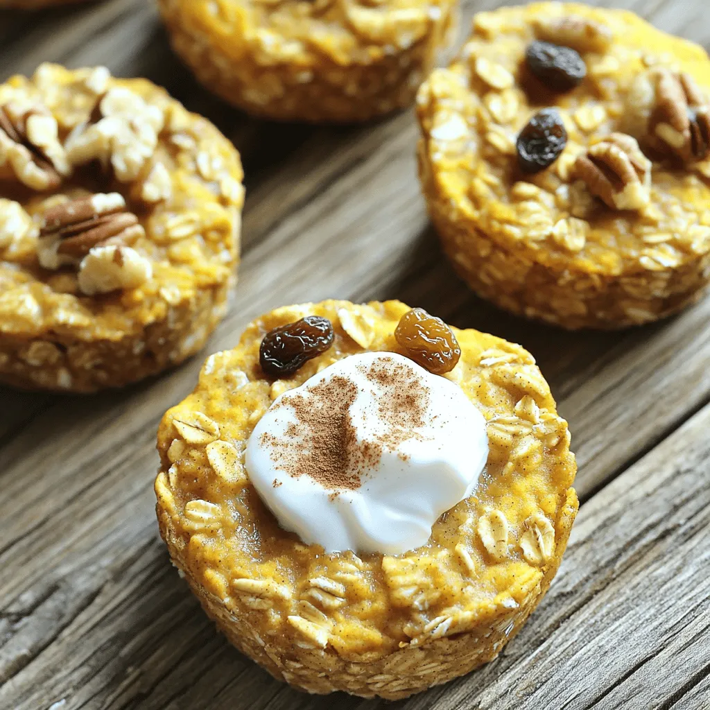 - 2 cups rolled oats - 1 cup pumpkin puree - 2 cups almond milk (or any milk of choice) For this recipe, the base starts with rolled oats. They give each cup a hearty texture. Pumpkin puree adds a rich flavor and moisture. Almond milk blends well, but any milk will work. - 1/4 cup maple syrup - 1/4 cup brown sugar - 1/4 cup coconut oil, melted The maple syrup brings a natural sweetness. Brown sugar adds a hint of caramel flavor. Melted coconut oil keeps the oatmeal cups moist and gives a slight coconut taste. - 2 teaspoons vanilla extract - 2 teaspoons baking powder - 1 teaspoon cinnamon - 1/2 teaspoon nutmeg - 1/4 teaspoon ginger - 1/4 teaspoon salt - Optional: 1/2 cup chopped nuts (walnuts or pecans) - Optional: 1/2 cup raisins or chocolate chips Vanilla extract enhances the overall flavor. Baking powder makes the cups rise and stay fluffy. The spices, like cinnamon and nutmeg, provide that cozy, warm taste of fall. Salt balances the sweetness perfectly. You can add nuts for crunch or raisins for extra sweetness. Chocolate chips are a fun option, too! - Preheat your oven to 350°F (175°C). - Grease a muffin tin or line it with paper liners. - In a large bowl, combine 2 cups rolled oats, 2 teaspoons baking powder, and spices. - Use 1 teaspoon cinnamon, 1/2 teaspoon nutmeg, 1/4 teaspoon ginger, and 1/4 teaspoon salt. - In another bowl, whisk together 1 cup pumpkin puree, 2 cups almond milk, and 1/4 cup maple syrup. - Add 1/4 cup brown sugar, 1/4 cup melted coconut oil, and 2 teaspoons vanilla extract. - Pour the wet mixture into the dry ingredients and mix well. - If you want, fold in 1/2 cup chopped nuts or 1/2 cup raisins or chocolate chips. - Evenly scoop the mixture into the muffin tin. - Fill each cup about 3/4 full for best results. - Bake for 25-30 minutes. Check if they are golden and a toothpick comes out clean. - Let them cool for 5 minutes in the tin before moving them to a wire rack. To get the best texture for your pumpkin spice baked oatmeal cups, measure your oats and liquids carefully. Too much liquid can make them soggy, while too little can dry them out. Mix the batter just until combined. Overmixing can lead to dense cups that aren't fluffy. These oatmeal cups taste great warm. Top them with Greek yogurt or almond butter for a creamy touch. For extra flavor, add a sprinkle of cinnamon on top. This simple addition makes each bite even more delightful. Use a standard muffin tin for the best results. Silicone muffin pans can also work well, as they help with easy removal. A good set of measuring cups and spoons is key for precise ingredient amounts. A whisk helps blend the wet ingredients smoothly. {{image_2}} You can make these oatmeal cups fit special diets. For a dairy-free option, use almond or oat milk. Both work just as well as regular milk. If you are gluten-free, use certified gluten-free oats. This way, everyone can enjoy these tasty treats. Want to switch up the flavor? Try adding spices like clove or allspice. These spices bring a warm twist. You can also mix in fruits like cranberries or apples. They add sweetness and a nice chew. Both options make your oatmeal cups unique and exciting. You can change the texture easily. Experiment with different nuts or seeds. Walnuts and pecans work great, but feel free to try others. If you want a sweet touch, swap chocolate chips for peanut butter chips. This change adds a creamy flavor that pairs well with pumpkin spice. Store your pumpkin spice baked oatmeal cups in an airtight container. This keeps them fresh and tasty. You can place them in the fridge for easy access. If you want to save them for later, the freezer is a great option too. Just make sure to wrap each cup tightly before freezing. When it's time to enjoy your oatmeal cups again, here are the best methods for reheating. The microwave is quick and simple. Heat each cup for about 30 seconds. Check and add a few more seconds if needed. If you prefer the oven, preheat it to 350°F (175°C). Place the cups on a baking sheet and warm them for about 10 minutes. In the fridge, these oatmeal cups last about 5 to 7 days. If you freeze them, they can last up to 3 months. Just remember to label the container with the date. This way, you always know when they were made. Enjoy these delicious treats anytime! You can use quick oats, but the texture will change. Rolled oats are thicker and give a chewier bite. Quick oats absorb liquid faster, which may make your cups softer. If you prefer a firmer cup, stick with rolled oats. If you use quick oats, reduce the baking time slightly. Look for a golden color on top. You can also do the toothpick test. Insert a toothpick into the center of a cup. If it comes out clean, they are ready. This means the mixture is cooked through. If it has wet batter on it, bake for a few more minutes. Yes, you can make these cups in advance. Prepare the mixture and fill the muffin tin, then cover it and refrigerate overnight. Bake them in the morning for a fresh taste. For storage, keep them in an airtight container. They last up to five days in the fridge. These oatmeal cups are easy to make and tasty. We covered essential ingredients, mixing steps, and baking tips. Don't forget to try different flavors and variations. You can store them conveniently for later, too. Enjoy them warm for a great start to your day. Experiment with toppings and fillings to find your favorite combo. With simple steps, you can create a delicious snack or breakfast. Try these out and make them your own!