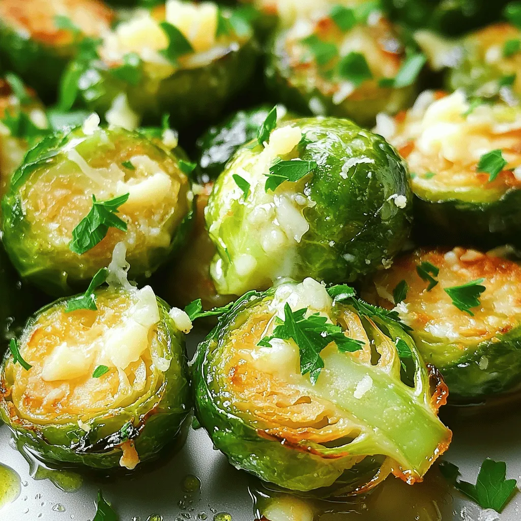 - 1 lb Brussels sprouts, trimmed and halved - 4 cloves garlic, minced - 3 tablespoons olive oil - 1/2 cup grated Parmesan cheese - 1 teaspoon salt - 1/2 teaspoon black pepper - 1/2 teaspoon crushed red pepper flakes (optional for heat) - Zest of 1 lemon - Fresh parsley, chopped for garnish - Variations in cheeses, such as Pecorino Romano or Asiago - Additional spices like garlic powder or onion powder The main ingredients form the heart of this dish. Brussels sprouts are the star, bringing a nice crunch. Garlic adds a delightful aroma and flavor. Olive oil helps achieve that crispy texture. Parmesan cheese creates a rich, savory finish. For seasoning, salt and black pepper provide balance. If you enjoy a kick, crushed red pepper flakes work well. Lemon zest brightens the dish, adding freshness. Chopped parsley not only looks nice but also adds a hint of herbiness. If you want to switch things up, try different cheeses. Pecorino Romano offers a saltier taste, while Asiago brings a nutty flavor. You can also mix in spices to enhance the taste. Garlic powder adds depth, while onion powder gives sweetness. This simple list of ingredients makes a delicious side dish. You can easily adapt it to suit your taste. 1. First, preheat your oven to 400°F (200°C). This helps cook the Brussels sprouts evenly. 2. Next, trim the ends off the Brussels sprouts and cut them in half. This makes them cook faster and absorb flavors better. 1. In a large bowl, combine the halved Brussels sprouts and minced garlic. Mix well to spread the garlic. 2. Drizzle 3 tablespoons of olive oil over the Brussels sprouts. Toss them to coat evenly with oil. 3. Add 1 teaspoon of salt, 1/2 teaspoon of black pepper, and 1/2 teaspoon of crushed red pepper flakes if you like some heat. Toss again until all ingredients blend well. 1. Spread the Brussels sprouts mixture in a single layer on a baking sheet lined with parchment paper. This prevents sticking and makes cleanup easy. 2. Roast in the preheated oven for 20-25 minutes. Stir halfway through to ensure even cooking and crispness. Look for a golden brown color. 1. Once done, remove the baking sheet from the oven. Immediately sprinkle 1/2 cup of grated Parmesan cheese over the hot Brussels sprouts. The heat will help the cheese melt slightly. 2. Add the zest of one lemon and toss gently to mix all the flavors together. This brightens the dish. 3. Transfer the Brussels sprouts to a serving dish and garnish with freshly chopped parsley. This adds a nice touch and flavor. To get the best roast, set your oven to 400°F (200°C). This temperature works well for Brussels sprouts, making them crispy and tender. To ensure they stay crispy, spread the sprouts in one layer on your baking sheet. If they are crowded, they will steam instead of roast. When using minced garlic, add it with the sprouts and oil. This lets the garlic cook and develop flavor. If you prefer whole garlic cloves, roast them in the oven with the sprouts. The cloves will soften and sweeten, adding a nice touch to the dish. Add the grated Parmesan cheese right after taking the sprouts out of the oven. This timing allows the cheese to melt without burning. Use a good quality Parmesan for the best flavor. Freshly grated cheese melts better than pre-packaged options. {{image_2}} You can easily change up the taste of your roasted garlic Parmesan Brussels sprouts. One great option is to add balsamic vinegar. Just drizzle a bit over the sprouts before roasting. The vinegar adds a sweet tang that pairs well with the savory garlic and cheese. Mixing in other vegetables also works well. Try adding carrots or bell peppers. These veggies roast nicely and add color to your dish. If you need a vegan option, there are simple swaps. Use a vegan Parmesan substitute. Many brands offer a tasty, dairy-free alternative. It melts well and still gives that cheesy flavor. For gluten-free options, this recipe is already safe! All the ingredients are naturally gluten-free. Just make sure to check any packaged items, like Parmesan, for hidden gluten. When serving these Brussels sprouts, think about side dish pairings. They go great with grilled chicken or baked fish. The flavors complement each other nicely. You can also incorporate them into main courses. Toss them into pasta dishes or grain bowls. They add a hearty touch to any meal. Store leftovers in an airtight container. Glass or plastic containers work well. Make sure to cool the sprouts first. Refrigerate them within two hours of cooking. They can stay fresh for up to three days. You can reheat in two ways: the oven or the microwave. For the oven, preheat to 350°F (175°C). Place the sprouts on a baking sheet and heat for about 10 minutes. This keeps them crispy. In the microwave, use a microwave-safe dish. Heat for one to two minutes, stirring halfway. This is quick but may soften the texture. To freeze, let the sprouts cool completely first. Place them in a freezer-safe bag or container. Remove as much air as possible. They can be frozen for up to three months. To thaw, move them to the fridge overnight. Reheat them in the oven or microwave as mentioned above. This keeps their taste and texture nice. Brussels sprouts take about 20 to 25 minutes to cook. The key is to roast them until they turn golden brown and crispy. You know they are done when they are tender inside and have a nice caramelized exterior. Stir them halfway through cooking for even browning. You can use frozen Brussels sprouts, but fresh ones taste better. Frozen sprouts are often softer and may lose some crunch. If you use frozen, add a few extra minutes to the cooking time. Make sure to thaw them first, then follow the same steps for seasoning and roasting. These Brussels sprouts pair well with many dishes. Consider serving them with roasted chicken or salmon for a complete meal. You can also enjoy them alongside pasta or a grain salad. For more ideas, try them with garlic mashed potatoes or a light soup to balance flavors. This blog post dives into making delicious Roasted Garlic Parmesan Brussels Sprouts. We covered main ingredients and spices to bring out the best flavors. Step-by-step instructions guide you from prep to serving. I shared tips on achieving a perfect roast and variations to suit your taste. Remember, leftovers can be easily stored and reheated. Try these recipes as sides or in main courses. Enjoy cooking and make these sprouts a new favorite dish!