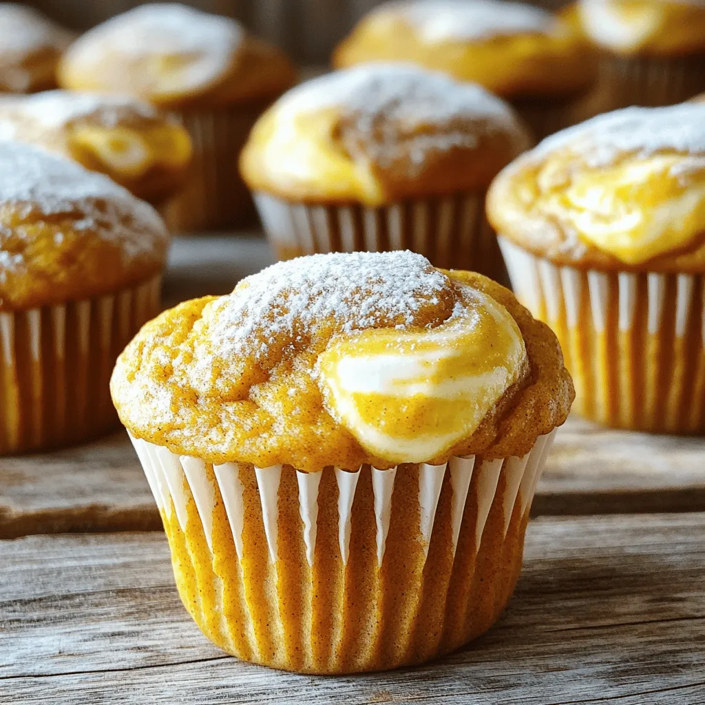 - 1 cup pumpkin puree - 1/2 cup granulated sugar - 1/2 cup brown sugar, packed - 1/2 cup vegetable oil - 3 large eggs - 1 teaspoon vanilla extract - 1 ¾ cups all-purpose flour - 1 teaspoon baking soda - 1/2 teaspoon baking powder - 1/2 teaspoon salt - 1 teaspoon ground cinnamon - 1/2 teaspoon ground nutmeg - 1/4 teaspoon ground ginger - 1/4 teaspoon ground cloves - 8 oz cream cheese, softened - 1/4 cup granulated sugar - 1/2 teaspoon vanilla extract - 1 large egg To create these muffins, I use fresh, high-quality ingredients. The pumpkin puree adds moisture and flavor. The sugars bring sweetness and help with browning. I prefer vegetable oil for a light texture. Eggs are key for binding and structure. The spices make the muffins warm and cozy. They fill the kitchen with a lovely aroma as they bake. The cream cheese swirl adds a rich, tangy layer. It balances the sweet pumpkin muffins beautifully. Choosing the right cream cheese is important. It should be softened for easy mixing. I always recommend using full-fat cream cheese for the best taste. Each ingredient plays a role in making these muffins both rich and flavorful. - Preheat oven to 350°F (175°C). - Line muffin tin with paper liners or grease lightly. Start by heating the oven. This step helps the muffins bake evenly. While the oven warms, prepare the muffin tin. Lining it with paper makes cleanup easy. Greasing it lightly will also prevent sticking. - Whisk together wet ingredients in a large mixing bowl. - Gradually add dry ingredients and fold gently until combined. In a large bowl, combine the pumpkin puree, sugars, vegetable oil, eggs, and vanilla. Whisk until smooth. In another bowl, mix the flour, baking soda, baking powder, salt, and spices. Next, slowly add the dry ingredients to the wet mixture. Fold gently until combined. Avoid overmixing. This keeps the muffins fluffy. - Beat cream cheese and sugar until smooth. - Mix in egg and vanilla extract. In a separate bowl, beat the softened cream cheese with sugar. Blend until smooth. Then add the egg and vanilla extract. Mix well to create a creamy swirl that will complement the pumpkin batter. - Fill muffin cups with pumpkin batter and dollop cream cheese mixture. - Swirl mixtures together for marbled effect. Fill each muffin cup halfway with pumpkin batter. Then, spoon in the cream cheese mixture. Use a toothpick or knife to swirl the two mixtures. This creates a beautiful marbled effect. - Bake for 18-22 minutes. - Use a toothpick to check for doneness. Place the muffin tin in the oven. Bake for 18 to 22 minutes. To check if they are done, insert a toothpick. If it comes out clean, the muffins are ready. - Allow to cool in the pan for 5 minutes. - Transfer to a wire rack to cool completely. After baking, let the muffins cool in the pan for 5 minutes. This step helps them set. Then, transfer them to a wire rack. Let them cool completely before serving. Enjoy the rich and flavorful pumpkin cream cheese swirl muffins! - Use room temperature ingredients. This helps them mix well. - Do not overmix your batter. This keeps your muffins light and fluffy. - Dust your muffins with powdered sugar. It adds a lovely touch. - Sprinkle cinnamon on top. It enhances the fall flavors. - For gluten-free options, use almond flour or a gluten-free blend. - You can swap sugar with honey or maple syrup for a natural sweetener. {{image_2}} You can make these muffins even better with a few simple tweaks. Adding chocolate chips brings a sweet touch and a nice crunch. Nuts, like walnuts or pecans, also add great texture. Spices can change the whole flavor. Try adding cardamom for a warm, floral hint. Allspice gives a nice kick, too. Use these options to make your muffins stand out! For those who are vegan, you can adapt the recipe easily. Substitute eggs with flaxseed meal or applesauce. Use a vegan cream cheese for the swirl. These swaps keep the flavor intact. If you're watching carbs, consider using sugar substitutes. Options like stevia or erythritol work well. They help you enjoy the muffins without the extra carbs. Make these muffins festive for any holiday! Add seasonal spices, such as nutmeg or gingerbread spice, for a special twist. Mini muffins are another fun option. They are perfect for parties or gatherings. Just adjust the baking time to about 10-12 minutes. Enjoy these delightful bites for any occasion! You can store your pumpkin cream cheese swirl muffins at room temperature. Keep them in an airtight container. They stay fresh for 2-3 days. If you have a lot, you might want to share with friends! Want to save some for later? You can freeze these muffins for up to 3 months. Wrap each muffin in plastic wrap. Then, place them in a freezer bag. This helps keep them tasty and moist. To enjoy these muffins warm, reheat them in the oven. Preheat your oven to 350°F (175°C). Place the muffins on a baking sheet. Heat for about 10 minutes. You can also use the microwave, but only for 15-20 seconds. This way, they stay soft and yummy. Enjoy! You can check if your muffins are done by inserting a toothpick into the center. If it comes out clean or with a few crumbs, they are ready. If it has wet batter on it, bake for a few more minutes. Keep an eye on them, as ovens can vary. Yes, you can use fresh pumpkin. Cook and puree it first. Make sure it is smooth and not watery. Canned pumpkin is convenient, but fresh can bring a great taste. Just remember that fresh pumpkin may have a different moisture content. To keep your muffins fresh, store them in an airtight container at room temperature. They will stay good for 2-3 days. If you want to keep them longer, freeze them. Just wrap them well to avoid freezer burn. Yes, you can prepare the batter ahead of time. Store it in the fridge for up to 24 hours. When you are ready to bake, stir the batter gently before filling the muffin cups. This helps keep them fluffy. If you need a cream cheese substitute, try using Greek yogurt or mascarpone. Both provide a similar texture and flavor. You can also use silken tofu for a dairy-free option. Just blend until smooth before adding to the swirl. This blog post covered all you need to make delicious pumpkin muffins with a cream cheese swirl. You learned about the ingredients, step-by-step instructions, helpful tips, and fun variations. In the kitchen, creativity shines. Feel free to experiment with spices or add mix-ins. Remember, baking is both an art and a science. Follow these tips, and you’ll create tasty muffins to enjoy anytime. Happy baking!