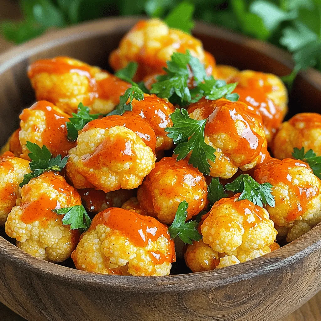 - 1 medium head of cauliflower, cut into bite-sized florets - 1 cup all-purpose flour (or gluten-free flour) - 1 cup water - 1 teaspoon garlic powder - 1 teaspoon onion powder - 1 teaspoon paprika - Salt and pepper to taste - 1 cup buffalo wing sauce - 2 tablespoons olive oil - Fresh parsley, chopped (for garnish) You can swap the all-purpose flour with gluten-free flour for a gluten-free option. If you want less heat, use a mild sauce instead of buffalo wing sauce. You can also use coconut flour or almond flour, but you may need to adjust the water to get the right batter consistency. For the best flavor, use fresh cauliflower. Look for firm florets with no brown spots. Choose a buffalo sauce you love; this will impact the taste of your bites. When buying spices, check the freshness date to ensure they pack a punch. Quality ingredients make a big difference in your dish! First, you need to prep the cauliflower. Start by rinsing the cauliflower florets under cold water. Once rinsed, pat them dry with a clean towel. This step is key. It helps the batter stick better to the florets. If they are wet, the batter won't cling as well, and you want that nice coating. Next, it's time to make the batter. In a mixing bowl, combine 1 cup of all-purpose flour, 1 teaspoon of garlic powder, 1 teaspoon of onion powder, and 1 teaspoon of paprika. Add salt and pepper to taste. Now, gradually whisk in 1 cup of water. Keep whisking until the batter is smooth. It should not be too thick or too runny. You want it just right to coat the florets. Now, let’s cook the cauliflower bites. Preheat your air fryer to 400°F (200°C) for about 5 minutes. While it heats, dip each cauliflower floret into the batter. Make sure they are well coated, then shake off any extra batter. Lightly spray the air fryer basket with cooking spray. Place the coated cauliflower in a single layer in the basket. Air fry them for 10 minutes, shaking the basket halfway through. After that, it’s time for the buffalo sauce bath. In a separate bowl, mix the cooked cauliflower bites with 1 cup of buffalo wing sauce. Make sure they are evenly coated. Then, return them to the air fryer basket. Air fry for another 5 minutes. This will make them crispy and golden. Finally, remove the bites, drizzle with 2 tablespoons of olive oil, and garnish with fresh parsley. Enjoy your tasty buffalo cauliflower bites! To get those perfect, crispy bites, follow these steps. First, make sure to coat each cauliflower floret well in the batter. This layer helps create that crunchy exterior. You should also preheat your air fryer to 400°F (200°C). This step is key for even cooking. When placing the florets in the basket, keep them in a single layer. Overcrowding leads to steaming, not crisping. Lastly, remember to shake the basket halfway through. This action helps ensure all sides get that golden-brown finish. A few common mistakes can ruin your cauliflower bites. First, don’t skip drying the cauliflower. Moisture can lead to soggy bites. Second, use the right amount of batter. Too much can make them heavy and greasy. Another mistake is not letting the air fryer preheat. This step is crucial for getting that initial crisp. Lastly, avoid skipping the final air fry after the buffalo sauce dip. This step helps seal in the flavor while keeping the crunch. These buffalo cauliflower bites are great on their own. However, you can elevate them with tasty sides. Try serving them with celery sticks and a cool ranch or blue cheese dip. This contrast of flavors works wonders. You can also sprinkle some chopped parsley on top for a fresh touch. For a fun twist, pair them with a side of sweet potato fries. They add a sweet balance to the spicy bites. Enjoy them during game day or as a tasty snack! {{image_2}} If you want more heat, try adding cayenne pepper. Mix in half a teaspoon for a spicy kick. You can also use hot wing sauce instead of regular buffalo sauce. This change gives a stronger flavor. Adjust the heat to fit your taste. To make this dish vegan, substitute the all-purpose flour with chickpea flour. Mix equal parts of chickpea flour and water. This creates a nice batter without dairy. Make sure to choose a vegan buffalo sauce. There are many brands out there that taste great! Get creative with your sauces! Instead of buffalo sauce, try BBQ sauce or teriyaki sauce. You can also add spices like cumin or chili powder for a different taste. Experiment with garlic or ranch seasoning too. These twists keep the dish fun and fresh. To store your leftover buffalo cauliflower bites, place them in an airtight container. Let them cool down first. Store them in the fridge for up to three days. Keeping them sealed helps keep them fresh. If you want to enjoy them later, it’s best to store them as soon as they cool. Reheating is simple. Preheat your air fryer to 350°F (175°C). Place the cauliflower bites in the basket. Heat them for about 5 to 7 minutes. This method keeps them crispy. You can also use a microwave, but they may lose some crunch. If using a microwave, heat in short bursts to avoid sogginess. If you want to freeze your cauliflower bites, do it before adding sauce. Freeze them in a single layer on a baking sheet first. Once frozen, transfer to a freezer bag. They can last up to three months. When ready to eat, air fry them straight from the freezer. Adjust cooking time for the best results. Yes, you can use frozen cauliflower. Just thaw it first. Pat it dry with a towel. This helps the batter stick better. The cooking time may change a bit. Check for doneness sooner than the recipe states. To make the bites less spicy, use less buffalo sauce. You can mix in some ranch or blue cheese dressing. This will cut the heat. You can also add honey to the sauce for a sweet touch. Adjust to your taste and enjoy! Buffalo cauliflower bites pair well with many sides. Try serving them with celery sticks or carrot sticks. You can also add a cool dip like ranch or blue cheese. They make a great snack for game day or a fun party dish! In this post, we covered key ingredients for buffalo cauliflower bites, including options and tips for quality. I outlined step-by-step instructions on preparing and cooking the bites for perfect results. Tips and tricks help you achieve crispiness and avoid common mistakes. We also shared tasty variations for every palate, along with storage and reheating advice. Eat these delicious bites fresh or as leftovers. Enjoy experimenting with flavors. You’ll impress your friends with this simple, flavorful snack.