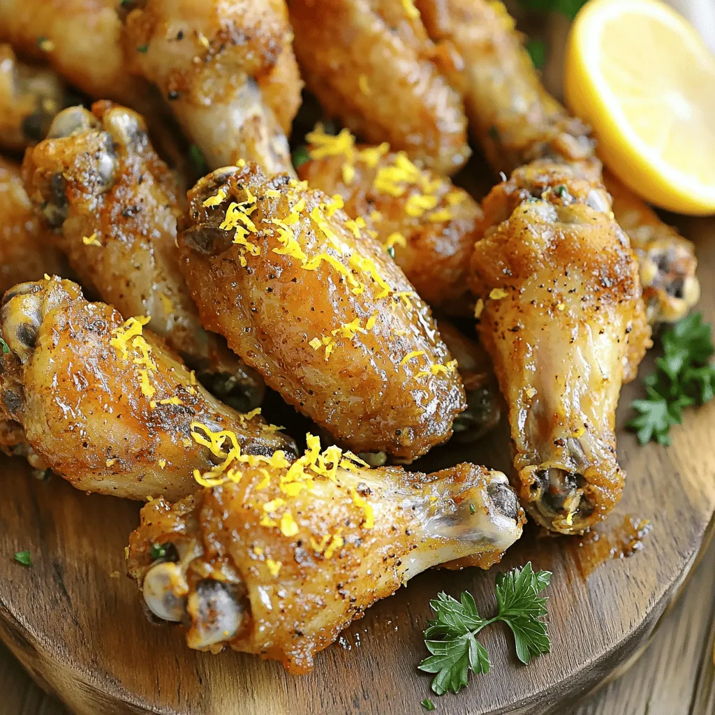 - 2 lbs chicken wings - 2 tablespoons baking powder - 1 tablespoon lemon pepper seasoning - 1 teaspoon garlic powder - 1 teaspoon onion powder - 1 teaspoon salt - ½ teaspoon black pepper - 1 tablespoon olive oil - Zest of 1 lemon - Fresh parsley, chopped (for garnish) The main ingredients for crispy lemon pepper air fryer wings are simple yet powerful. Chicken wings are the star of the dish. Baking powder helps create that crispy texture we all love. Lemon pepper seasoning adds bright flavor. Garlic and onion powders deepen the taste. Salt and black pepper enhance all the flavors. Olive oil gives moisture and helps the seasoning stick. Lemon zest adds a fresh kick. Finally, fresh parsley brightens the dish as a garnish. If you want to mix things up, there are great alternatives. - Alternative seasonings: You can use Cajun spice for a kick. Or try a simple blend of paprika, cayenne, and lemon zest. - Recommended oils: Instead of olive oil, you can use avocado oil. It has a high smoke point and works well in air fryers. These substitutions let you customize the flavor while keeping the wings crispy and delicious. First, you need to pat the chicken wings dry with paper towels. This step is key to getting that perfect crispiness. Removing excess moisture helps the skin become crunchy in the air fryer. If you skip this, your wings might turn out soggy. Next, let’s focus on the seasoning. In a large bowl, mix together the baking powder, lemon pepper seasoning, garlic powder, onion powder, salt, and black pepper. This blend gives the wings their amazing flavor. Then, add the chicken wings to the bowl. Drizzle them with olive oil and lemon zest. Toss everything well to coat the wings evenly. Every bite should burst with flavor! Now, it’s time to air fry your wings. Preheat your air fryer to 375°F (190°C) for about 5 minutes. This step ensures your wings cook evenly. Place the wings in a single layer in the air fryer basket. Avoid overcrowding, as this can affect crispiness. Cook the wings for 25 to 30 minutes. Make sure to flip them halfway through cooking. This helps both sides get that golden brown color. To make your wings super crispy, baking powder is key. It helps dry out the wings and adds crunch. Make sure to sprinkle it evenly during seasoning. This will make a big difference! Airflow is also important when using the air fryer. Arrange the wings in a single layer. If they overlap, they won’t crisp up. Give them space to breathe! Dipping sauces can elevate your crispy lemon pepper wings. Try ranch, blue cheese, or a spicy mayo. Each adds a tasty twist that complements the lemon flavor. For side dishes, consider celery sticks or a fresh salad. They balance the rich wings well. You can also serve with crispy fries or onion rings for a hearty meal. One common mistake is overcrowding the air fryer basket. This can lead to uneven cooking and soggy wings. Always ensure the wings have space. Another mistake is not patting the wings dry enough. Removing excess moisture is crucial for crispiness. Take a moment to dry them thoroughly with paper towels before seasoning. {{image_2}} You can spice up your crispy lemon pepper air fryer wings in fun ways. - Spicy Lemon Pepper Wings: Add heat with cayenne pepper or hot sauce. Mix it into your seasoning blend. This will give your wings a nice kick. - Garlic Parmesan Version: Swap lemon pepper for garlic and parmesan cheese. Toss cooked wings in melted butter, garlic, and parmesan for a rich flavor. Not everyone has an air fryer, and that's okay! - Oven-Baked Version for Crispy Wings: Preheat your oven to 425°F (220°C). Place wings on a baking tray lined with foil. Bake for 40-45 minutes, flipping halfway. This will give you crispy wings without an air fryer. - Grilling for a Smoky Flavor: Marinate wings with your seasoning and grill over medium heat. Cook for about 20-25 minutes, turning often. This adds a nice smoky flavor to your wings. You can easily adjust this recipe to fit your diet. - Gluten-Free Adjustments: Make sure your lemon pepper seasoning is gluten-free. Check labels to avoid hidden gluten in store-bought mixes. - Low-Carb Options: Use a low-carb seasoning blend. You can skip the baking powder if you're avoiding carbs. This keeps your wings tasty and fits your diet. After enjoying your crispy lemon pepper wings, let them cool down. This helps keep their texture. Place the wings in a shallow dish. Use airtight containers to keep them fresh. Glass or plastic containers work great. You can also use heavy-duty freezer bags. Just make sure to squeeze out air before sealing. To reheat, you have two choices: microwave or air fryer. The air fryer gives the wings a crispier texture. Preheat your air fryer to 350°F (175°C). Heat the wings for about 5-8 minutes. Flip them halfway for even heating. If you use a microwave, place the wings on a microwave-safe plate. Heat them for 1-2 minutes. Check to avoid overheating, which makes them tough. To freeze wings, wrap them tightly in plastic wrap. Then, put them in a freezer bag. Label the bag with the date. Frozen wings can last up to three months. To thaw, place them in the fridge overnight. For quick thawing, you can use the microwave. After thawing, reheat in the air fryer for best results. This keeps the wings crispy and tasty. To make air fryer wings crispy, start by drying them well. Moisture creates steam, which makes wings soggy. Use paper towels to pat them dry. Next, coat the wings with a mix of baking powder, salt, and seasonings. Baking powder helps crisp the skin. Avoid overcrowding the air fryer basket. Give each wing space to cook evenly. Flip the wings halfway through cooking. This ensures both sides get that golden crunch. Yes, you can use frozen chicken wings. However, there are a few adjustments. First, you must increase the cooking time. Instead of 25-30 minutes, cook for about 35-40 minutes. Also, do not thaw the wings before cooking. They can go straight from the freezer to the air fryer. This may affect the crispiness, so make sure to follow the same drying and seasoning steps. Lemon pepper wings go well with many sides. Try serving them with crispy fries or a fresh salad. Coleslaw adds a nice crunch and tang. You can also offer dipping sauces like ranch or blue cheese. These flavors complement the lemon pepper nicely. For a fun twist, add some celery and carrot sticks. They are perfect for dipping too! Cooked wings last about 3-4 days in the fridge. To store them, let them cool first. Place the wings in an airtight container or cover them tightly with plastic wrap. This keeps them fresh and prevents drying out. If you want to keep them longer, consider freezing them. Cooked wings can last up to 2-6 months in the freezer when stored properly. You can make perfect lemon pepper chicken wings with just a few steps. We covered essential ingredients, key preparation tips, and air frying methods to ensure crispiness. Remember to avoid common mistakes, like overcrowding the basket or skipping seasoning. Variations can keep your meals exciting, from spicy wings to gluten-free options. With proper storage tips, your leftovers will stay delicious. Enjoy experimenting with flavors and techniques for tasty results every time. Make your next gathering fun and flavorful with these wings!