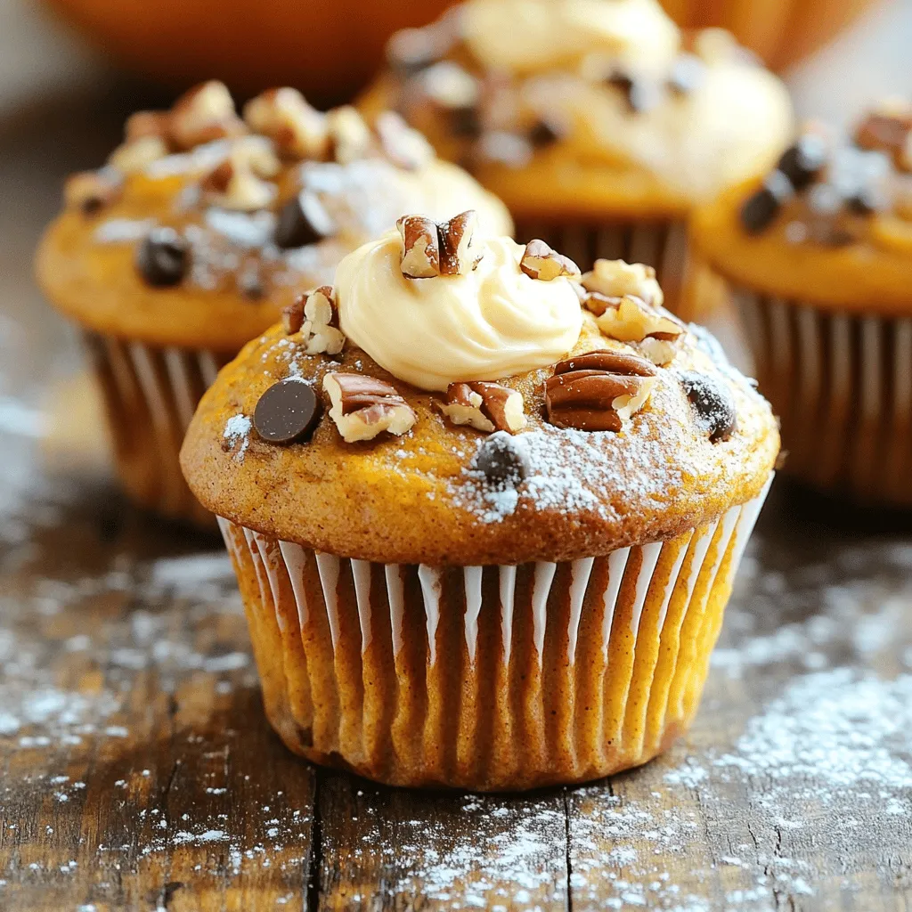 - 1 ½ cups all-purpose flour - 1 teaspoon baking soda - ½ teaspoon baking powder - ½ teaspoon ground cinnamon - ½ teaspoon ground nutmeg - ¼ teaspoon ground ginger - ½ teaspoon salt - 1 cup canned pumpkin puree - ½ cup granulated sugar - ½ cup brown sugar, packed - 2 large eggs - ½ cup vegetable oil - 1 teaspoon vanilla extract - 4 oz cream cheese, softened - ¼ cup chopped pecans or walnuts (optional) - ¼ cup chocolate chips (optional) The heart of my Loaded Pumpkin Cream Cheese Muffins lies in these simple ingredients. Each one plays a role in making these muffins tasty and moist. Let’s break it down. First, all-purpose flour gives the muffins structure. It makes them soft yet sturdy. Baking soda and baking powder help them rise. The spices—cinnamon, nutmeg, and ginger—bring warmth and comfort. They create that cozy fall vibe we love. Next, we have pumpkin puree. It adds moisture and flavor. Both sugars sweeten the muffins and create a lovely golden color. Eggs bind everything together. Vegetable oil keeps the muffins rich and moist. Vanilla extract adds a nice hint of sweetness. The cream cheese? It’s the star! It makes a creamy filling that melts in your mouth. You can also sprinkle in nuts or chocolate chips for extra crunch and flavor. These optional add-ins make each muffin unique. Gather these ingredients, and you’re ready to bake. Trust me; your kitchen will smell amazing! 1. Preheat your oven to 350°F (175°C). Line a 12-cup muffin pan with paper liners. You can also grease it with cooking spray. 2. In a medium bowl, whisk together the flour, baking soda, baking powder, cinnamon, nutmeg, ginger, and salt. Make sure they mix well. 3. In a large mixing bowl, beat the pumpkin puree, granulated sugar, brown sugar, eggs, vegetable oil, and vanilla extract. Mix until it's creamy and smooth. 1. Gradually add the dry ingredients to the pumpkin mixture. Stir gently until just combined. It’s okay if there are lumps; do not overmix. 2. In a small bowl, mix the softened cream cheese with a tablespoon of sugar. Stir until it is smooth. 3. Fill each muffin cup about 2/3 full with the pumpkin batter. Add a small dollop of cream cheese mixture into the center of each muffin. Use a toothpick to swirl it slightly. 1. Bake in the preheated oven for 18-20 minutes. To check, insert a toothpick into the center. It should come out clean or with a few moist crumbs. 2. Once baked, remove the muffins from the oven. Let them cool in the pan for 5 minutes. Then, transfer them to a wire rack to cool completely. To make great muffins, mix well but don’t overmix. Overmixing can make them tough. Stir until the flour just disappears. It’s okay to see a few lumps in the batter. This helps keep the muffins soft and fluffy. For moist muffins, use canned pumpkin puree. It adds great flavor and moisture. Adding oil also helps keep them tender. Don’t skip the eggs; they bind the mixture and add richness. You can add spices for more flavor. Try adding more cinnamon or a pinch of cloves. A splash of maple extract gives a nice twist too. For toppings, consider adding chopped nuts or chocolate chips. They add crunch and sweetness. You could also mix in dried fruits like cranberries for a tasty surprise. To present your muffins nicely, dust them with powdered sugar. This adds a sweet touch and looks pretty. You can also serve them in a colorful muffin tin. Pair these muffins with a warm drink. Coffee or chai tea works great. For a sweeter treat, serve with maple syrup or whipped cream. It makes every bite special! {{image_2}} You can easily change this recipe to fit your diet. For gluten-free muffins, use a gluten-free flour blend. Many options exist, like almond or coconut flour. Just be sure to check if it's a 1:1 substitute. For vegan muffins, replace eggs with flaxseed or chia seeds mixed with water. Use a plant-based cream cheese for the filling. This way, everyone can enjoy these tasty muffins. Feel free to add fruits for extra flavor. I love adding cranberries or diced apples to the batter. They add a nice tartness that pairs well with pumpkin. You can also create different cream cheese fillings. Try adding lemon zest or a touch of maple syrup to the cream cheese mix. These flavors can really make your muffins stand out. These muffins are great for any holiday! For Christmas, add spices like allspice or clove. You can also use themed add-ins, like crushed candy canes for a fun twist. During Thanksgiving, use extra pumpkin pie spice for a festive touch. Each season gives you a chance to try new flavors and make these muffins your own. To keep your loaded pumpkin cream cheese muffins fresh, you can store them at room temperature. Place them in an airtight container. This method works well for up to three days. If you want to keep them longer, refrigeration is a good option. Just remember, they may dry out a bit. Use a sealed container to help maintain moisture. Freezing your muffins is easy! Wait for them to cool completely. Then, wrap each muffin in plastic wrap. Place the wrapped muffins in a freezer-safe bag or container. This way, they stay fresh for up to three months. When you want to enjoy them, take them out of the freezer. Let them thaw in the fridge overnight or at room temperature for a couple of hours. To reheat, place the muffin in the microwave for 15-20 seconds. You can also warm them in an oven at 350°F for about 10 minutes. Enjoy your delicious muffins anytime! How long do these muffins stay fresh? These muffins stay fresh for about three days at room temperature. If you store them in an airtight container, they will keep longer. For best taste, enjoy them within this time. Can I make a mini muffin version? Yes, you can make mini muffins! Just reduce the baking time to about 10-12 minutes. Check for doneness using a toothpick. What can I substitute for cream cheese? You can use Greek yogurt or mascarpone cheese as a cream cheese substitute. Both options will keep your muffins creamy and delicious. Can I reduce sugar in the recipe? Yes, you can reduce the sugar. Cut it by up to half a cup without losing flavor. The muffins will still taste great and remain moist. Can I use fresh pumpkin instead of canned? Absolutely! You can use fresh pumpkin. Just cook and puree the pumpkin first. Make sure to drain any excess water to avoid soggy muffins. Why are my muffins dense? Dense muffins may result from overmixing the batter. Mix until just combined and avoid beating too much. Also, check your baking powder and baking soda for freshness. How to tell when muffins are baked perfectly? To check for doneness, insert a toothpick into the center. If it comes out clean or with a few crumbs, your muffins are done. Avoid overbaking to keep them moist. This blog covered everything to make perfect pumpkin muffins. You learned about ingredients, step-by-step instructions, and tips for great results. We explored variations for different diets and flavors, along with storage methods. Enjoy experimenting with your muffins. Try different spices and fillings to make them your own. Baking should be fun, so let your creativity shine! With these guidelines, you’ll master pumpkin muffins in no time.