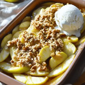- 4 medium apples (like Granny Smith or Honeycrisp), peeled, cored, and sliced - 1 tablespoon lemon juice - 1/2 cup rolled oats - 1/2 cup all-purpose flour - 1/2 cup brown sugar - 1/2 teaspoon ground cinnamon - 1/4 teaspoon salt - 1/4 cup cold butter, diced - 1/4 cup chopped walnuts (optional) - Vanilla ice cream or whipped cream for serving (optional) The apples are the star of this dish. I love Granny Smith or Honeycrisp for their tartness. They hold up well when baked. The lemon juice keeps the apples bright and fresh. Rolled oats add a nice texture. They soak up the juices from the apples. All-purpose flour helps bind the topping together, making it crisp. Brown sugar gives the dish a deep, sweet flavor. Ground cinnamon adds warmth and a hint of spice. Salt enhances all the flavors in this recipe. Cold butter makes the topping rich and flaky. If you add walnuts, they give a crunchy bite. Lastly, vanilla ice cream or whipped cream makes a sweet finish. It melts into the warm apple crisp and tastes amazing. You can try adding a pinch of nutmeg for extra warmth. It pairs very well with cinnamon. You might also consider a splash of vanilla extract in the apple mix. This adds a lovely depth to the dish. For a twist, try using different nuts like pecans. They add a different flavor and crunch. If you want a fruity mix, consider adding berries or peaches. They can make the apple crisp even more delicious. First, gather all your ingredients. You need four medium apples. I like Granny Smith or Honeycrisp. They bring great flavor. Peel, core, and slice them. Next, put the slices in a big bowl. Add one tablespoon of lemon juice. This keeps the apples from browning. Set the bowl aside for now. In another bowl, mix half a cup of rolled oats, half a cup of all-purpose flour, half a cup of brown sugar, half a teaspoon of ground cinnamon, and a quarter teaspoon of salt. Stir until everything blends well. This mixture will make the topping crispy. Now, we add the butter. Use a quarter cup of cold butter, diced. Work it into the dry mix using your fingers or a pastry cutter. You want it to look like coarse crumbs. If you like, add a quarter cup of chopped walnuts for a nice crunch. Next, take your greased 8-inch square baking dish. Place the sliced apples in an even layer. Spread the oat mixture over the top of the apples. Make sure it covers them well. Now, it’s time to bake! Preheat your oven to 350°F (175°C). Once it’s ready, put your dish inside. Bake for 30 to 35 minutes. You want the topping to turn golden brown and the apples to be tender. After baking, take it out and let it cool for a few minutes. This makes it easier to serve. Enjoy your simple apple crisp! For the best apple crisp, pick apples that are both tart and sweet. I love using Granny Smith or Honeycrisp apples. They hold up well in baking and add a nice tang. Avoid apples that are too soft, like Red Delicious. These won't give you the right texture. The topping is key to a great apple crisp. Mix rolled oats, flour, brown sugar, cinnamon, and salt well. Make sure to use cold butter. It helps create a crumbly texture. I like to use my fingers to blend the mixture. If you want a bit more crunch, add chopped walnuts. They add a nice surprise in each bite. Serve your apple crisp warm for the best taste. A scoop of vanilla ice cream makes it extra special. You can also use whipped cream if you prefer. For a fun twist, sprinkle some extra cinnamon on top. This adds flavor and makes it look pretty. Enjoy every bite! {{image_2}} You can easily make a gluten-free apple crisp. Just swap all-purpose flour for gluten-free flour. Make sure it blends well with oats. This way, you keep that nice crunch. Use certified gluten-free oats too. Many brands offer this option. Your dessert will still taste great! Want to spice things up? Try adding extra flavor with spices. Besides cinnamon, nutmeg works well too. Just a pinch can give it warmth. You can also use ginger for a kick. Mix these spices into your dry mix. It'll make your apple crisp pop with flavor! You can mix apples with other fruits for fun. Pears are a great match. Their soft texture and sweetness pair well. You can also try berries like blueberries or raspberries. They add a nice tartness. Just keep the apple base, and be creative! After enjoying your apple crisp, let it cool. Store leftovers in an airtight container. Place it in the fridge. It stays fresh for up to three days. If you want to keep it longer, consider freezing it. To reheat your apple crisp, preheat your oven to 350°F (175°C). Place the desired amount in a baking dish. Cover it with foil to keep it moist. Heat for 15-20 minutes, or until warm. You can also use a microwave. Heat in short bursts of 30 seconds, stirring in between. You can freeze apple crisp for a quick dessert later. Before baking, assemble your crisp in a freezer-safe dish. Cover it tightly with plastic wrap, then foil. It can last up to three months in the freezer. When ready to bake, remove from the freezer. Let it thaw in the fridge overnight. Bake it as usual, adding a few extra minutes if needed. Enjoy your easy treat any time! Yes, you can use many types of apples. Granny Smith gives a tart flavor. Honeycrisp offers sweetness and crunch. Other great choices include Fuji and Braeburn. Just keep in mind the balance of sweet and tart. Mixing two types can create a great taste too! To make this apple crisp dairy-free, swap cold butter for coconut oil or vegan butter. Both options work well and keep the texture. You can also leave out the butter altogether. The topping may not be as rich, but it will still taste great. Apple crisp pairs well with vanilla ice cream or whipped cream. You can also serve it with yogurt for a nice twist. A scoop of ice cream on warm apple crisp tastes amazing! For a full meal, consider serving it with roasted pork or a simple salad. You now know how to make a delicious apple crisp. We covered the essential ingredients, from apples to spices, and how to cook it perfectly. I shared tips for choosing the best apples and tricks for a tasty topping. You also learned variations, like gluten-free options and extra flavors. Plus, I provided storage info and answered common questions. Make this dish your own, and enjoy every bite!