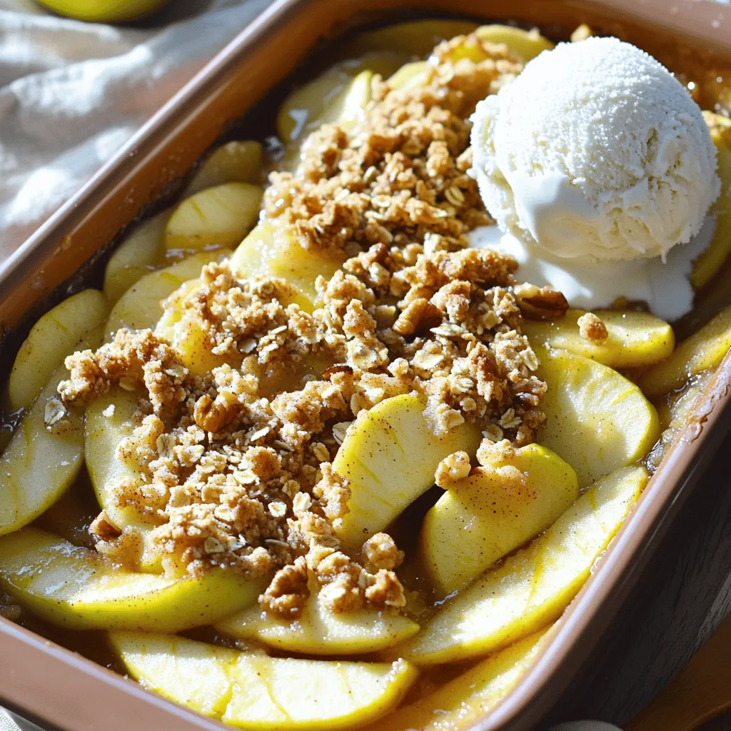 - 4 medium apples (like Granny Smith or Honeycrisp), peeled, cored, and sliced - 1 tablespoon lemon juice - 1/2 cup rolled oats - 1/2 cup all-purpose flour - 1/2 cup brown sugar - 1/2 teaspoon ground cinnamon - 1/4 teaspoon salt - 1/4 cup cold butter, diced - 1/4 cup chopped walnuts (optional) - Vanilla ice cream or whipped cream for serving (optional) The apples are the star of this dish. I love Granny Smith or Honeycrisp for their tartness. They hold up well when baked. The lemon juice keeps the apples bright and fresh. Rolled oats add a nice texture. They soak up the juices from the apples. All-purpose flour helps bind the topping together, making it crisp. Brown sugar gives the dish a deep, sweet flavor. Ground cinnamon adds warmth and a hint of spice. Salt enhances all the flavors in this recipe. Cold butter makes the topping rich and flaky. If you add walnuts, they give a crunchy bite. Lastly, vanilla ice cream or whipped cream makes a sweet finish. It melts into the warm apple crisp and tastes amazing. You can try adding a pinch of nutmeg for extra warmth. It pairs very well with cinnamon. You might also consider a splash of vanilla extract in the apple mix. This adds a lovely depth to the dish. For a twist, try using different nuts like pecans. They add a different flavor and crunch. If you want a fruity mix, consider adding berries or peaches. They can make the apple crisp even more delicious. First, gather all your ingredients. You need four medium apples. I like Granny Smith or Honeycrisp. They bring great flavor. Peel, core, and slice them. Next, put the slices in a big bowl. Add one tablespoon of lemon juice. This keeps the apples from browning. Set the bowl aside for now. In another bowl, mix half a cup of rolled oats, half a cup of all-purpose flour, half a cup of brown sugar, half a teaspoon of ground cinnamon, and a quarter teaspoon of salt. Stir until everything blends well. This mixture will make the topping crispy. Now, we add the butter. Use a quarter cup of cold butter, diced. Work it into the dry mix using your fingers or a pastry cutter. You want it to look like coarse crumbs. If you like, add a quarter cup of chopped walnuts for a nice crunch. Next, take your greased 8-inch square baking dish. Place the sliced apples in an even layer. Spread the oat mixture over the top of the apples. Make sure it covers them well. Now, it’s time to bake! Preheat your oven to 350°F (175°C). Once it’s ready, put your dish inside. Bake for 30 to 35 minutes. You want the topping to turn golden brown and the apples to be tender. After baking, take it out and let it cool for a few minutes. This makes it easier to serve. Enjoy your simple apple crisp! For the best apple crisp, pick apples that are both tart and sweet. I love using Granny Smith or Honeycrisp apples. They hold up well in baking and add a nice tang. Avoid apples that are too soft, like Red Delicious. These won't give you the right texture. The topping is key to a great apple crisp. Mix rolled oats, flour, brown sugar, cinnamon, and salt well. Make sure to use cold butter. It helps create a crumbly texture. I like to use my fingers to blend the mixture. If you want a bit more crunch, add chopped walnuts. They add a nice surprise in each bite. Serve your apple crisp warm for the best taste. A scoop of vanilla ice cream makes it extra special. You can also use whipped cream if you prefer. For a fun twist, sprinkle some extra cinnamon on top. This adds flavor and makes it look pretty. Enjoy every bite! {{image_2}} You can easily make a gluten-free apple crisp. Just swap all-purpose flour for gluten-free flour. Make sure it blends well with oats. This way, you keep that nice crunch. Use certified gluten-free oats too. Many brands offer this option. Your dessert will still taste great! Want to spice things up? Try adding extra flavor with spices. Besides cinnamon, nutmeg works well too. Just a pinch can give it warmth. You can also use ginger for a kick. Mix these spices into your dry mix. It'll make your apple crisp pop with flavor! You can mix apples with other fruits for fun. Pears are a great match. Their soft texture and sweetness pair well. You can also try berries like blueberries or raspberries. They add a nice tartness. Just keep the apple base, and be creative! After enjoying your apple crisp, let it cool. Store leftovers in an airtight container. Place it in the fridge. It stays fresh for up to three days. If you want to keep it longer, consider freezing it. To reheat your apple crisp, preheat your oven to 350°F (175°C). Place the desired amount in a baking dish. Cover it with foil to keep it moist. Heat for 15-20 minutes, or until warm. You can also use a microwave. Heat in short bursts of 30 seconds, stirring in between. You can freeze apple crisp for a quick dessert later. Before baking, assemble your crisp in a freezer-safe dish. Cover it tightly with plastic wrap, then foil. It can last up to three months in the freezer. When ready to bake, remove from the freezer. Let it thaw in the fridge overnight. Bake it as usual, adding a few extra minutes if needed. Enjoy your easy treat any time! Yes, you can use many types of apples. Granny Smith gives a tart flavor. Honeycrisp offers sweetness and crunch. Other great choices include Fuji and Braeburn. Just keep in mind the balance of sweet and tart. Mixing two types can create a great taste too! To make this apple crisp dairy-free, swap cold butter for coconut oil or vegan butter. Both options work well and keep the texture. You can also leave out the butter altogether. The topping may not be as rich, but it will still taste great. Apple crisp pairs well with vanilla ice cream or whipped cream. You can also serve it with yogurt for a nice twist. A scoop of ice cream on warm apple crisp tastes amazing! For a full meal, consider serving it with roasted pork or a simple salad. You now know how to make a delicious apple crisp. We covered the essential ingredients, from apples to spices, and how to cook it perfectly. I shared tips for choosing the best apples and tricks for a tasty topping. You also learned variations, like gluten-free options and extra flavors. Plus, I provided storage info and answered common questions. Make this dish your own, and enjoy every bite!