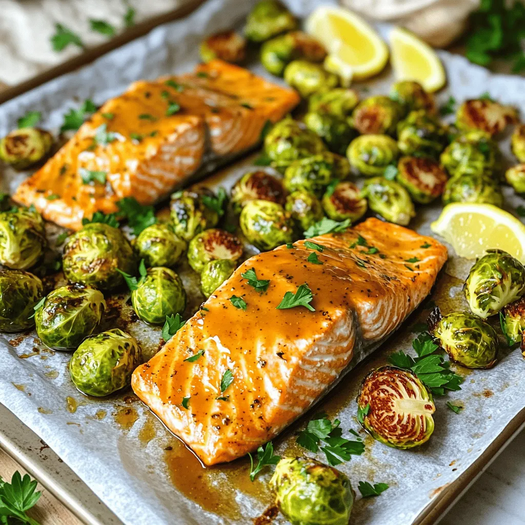 - 4 salmon fillets (5-6 oz each) - 1 lb Brussels sprouts, halved - 3 tablespoons Dijon mustard - 3 tablespoons pure maple syrup - 2 tablespoons olive oil - 2 cloves garlic, minced - Salt and pepper to taste - 1 teaspoon paprika - Fresh parsley for garnish (optional) When measuring, it's key to be precise. Use a standard measuring spoon for liquids like maple syrup and olive oil. A kitchen scale can help with the salmon fillets to ensure even cooking. For the Brussels sprouts, a pound typically equals about 20-25 sprouts, which gives you a good serving size for four people. Each tablespoon holds about 15 ml of liquid for accuracy. You will need a few essential tools for this recipe: - A large baking sheet for roasting - Parchment paper for easy cleanup - Mixing bowls for the sauce and veggies - A whisk or spoon to mix the ingredients - A sharp knife for cutting the Brussels sprouts Using the right tools makes cooking easier and more fun. Enjoy the process! Start by preheating your oven to 400°F (200°C). This step warms the oven, which helps the salmon and Brussels sprouts cook evenly. Next, line a large baking sheet with parchment paper. This makes cleanup easy later on. In a small bowl, mix the Dijon mustard, maple syrup, olive oil, minced garlic, paprika, salt, and pepper. Stir until everything is well combined. This sauce will add a sweet and tangy flavor to the salmon. Now, take the salmon fillets and place them on one side of the baking sheet. Use a brush to coat the top of each fillet with the maple mustard mixture. Make sure to cover them well to get all that good flavor. In another bowl, toss the halved Brussels sprouts with a drizzle of olive oil, salt, and pepper. Mix them until they are evenly coated. This adds flavor and helps them brown nicely as they cook. Arrange the Brussels sprouts on the other side of the baking sheet, cut side down. This position helps them caramelize and become crispy. Once everything is on the sheet, place it in the preheated oven. Bake for about 15-20 minutes. Make sure to check the salmon and sprouts around the 15-minute mark. If the salmon is flaky and the sprouts are tender, they are ready. The salmon should reach an internal temperature of 145°F. To check if the salmon is done, use a fork to flake the thickest part of the fillet. It should break apart easily. For the Brussels sprouts, they should be soft and browned. If they need more time, leave them in for another 5 minutes. Once done, carefully remove the baking sheet from the oven. Let the salmon rest for a couple of minutes. You can garnish the salmon with fresh parsley if you like. This adds a nice color and a fresh taste. To make the best maple mustard sauce, use Dijon mustard. It gives a nice bite. Mix three tablespoons of Dijon with three tablespoons of pure maple syrup. Add two tablespoons of olive oil for richness. Don't forget two minced garlic cloves for flavor! Season with salt, pepper, and one teaspoon of paprika. This mix brings sweet, tangy, and savory tastes. Brush it on your salmon for a shiny glaze that is both tasty and beautiful. When cooking salmon, start with fresh fillets. Look for vibrant color and firm texture. Preheat your oven to 400°F (200°C). This high heat helps the fish cook evenly. Place the fillets skin-side down on your baking sheet. Brush them with the maple mustard sauce. Cook for 15 to 20 minutes. The salmon is done when it flakes easily with a fork. The internal temperature should be 145°F. This method keeps the salmon moist and flavorful. To make Brussels sprouts shine, use good quality olive oil. Toss the halved sprouts in olive oil, salt, and pepper. This simple mix helps them brown nicely. Place them cut side down on the baking sheet. This promotes a crispy texture. You can also add a splash of balsamic vinegar for extra flavor. This gives a sweet and tangy note that pairs well with the salmon. Don't shy away from roasting them until they are caramelized. The more they brown, the better they taste! {{image_2}} You can switch out Brussels sprouts for other veggies. Try green beans, asparagus, or broccoli. Carrots and bell peppers also work well. Just cut them to a similar size. This way, they cook evenly with the salmon. Each veggie adds a unique taste to the dish. While the maple mustard sauce is great, you can mix it up. Try a honey garlic sauce for sweetness. A soy sauce and ginger mix adds a nice Asian twist. Lemon herb sauce brightens the dish and gives a fresh flavor. Experiment with your favorite sauces to find what you love. If you want to change how you cook, consider grilling. Grilling gives a nice char and smoky taste. You can also pan-sear the salmon in a skillet. This method gets a crispy skin while keeping the inside juicy. Baking remains the easiest and cleanest way, but don't hesitate to try new methods! After cooking, let the salmon and Brussels sprouts cool. Store them in an airtight container. I recommend using glass containers for better quality. Keep the dish in the fridge for up to three days. If you want to keep it longer, consider freezing. To reheat, preheat your oven to 350°F (175°C). Place the salmon and Brussels sprouts on a baking sheet. Cover with foil to keep moisture. Heat for about 10-15 minutes. You want the salmon warm but not dry. You can also use the microwave. Heat in short bursts, about 30 seconds at a time. If you want to freeze, do so right after cooking. Place the salmon and Brussels sprouts in freezer-safe bags. Remove as much air as possible. Label the bags with the date. Use within three months for the best taste. Thaw in the fridge overnight before reheating. Cooking salmon on a sheet pan takes about 15 to 20 minutes. The oven should be set to 400°F (200°C). You want the salmon to reach an internal temperature of 145°F. Keep an eye on the salmon so it does not overcook. Yes, you can use frozen salmon fillets. Just be sure to thaw them first. Thawing can be done in the fridge overnight or in cold water for an hour. Once thawed, follow the same baking steps. This keeps the flavor and texture perfect. Maple mustard salmon pairs well with many sides. Here are some great options: - Rice or quinoa for a hearty base - A simple green salad for freshness - Roasted potatoes for a comforting side - Steamed veggies like asparagus or green beans for color These sides balance well with the rich flavors of the salmon. In this post, I shared key ingredients, step-by-step instructions, and helpful tips for cooking salmon with a maple mustard sauce. I also explored various vegetable options and alternative cooking methods. Remember, you can adapt the recipe to suit your taste and find smart storage tips to keep your meal fresh. Enjoy experimenting in the kitchen! With practice, you’ll create delicious meals that impress.