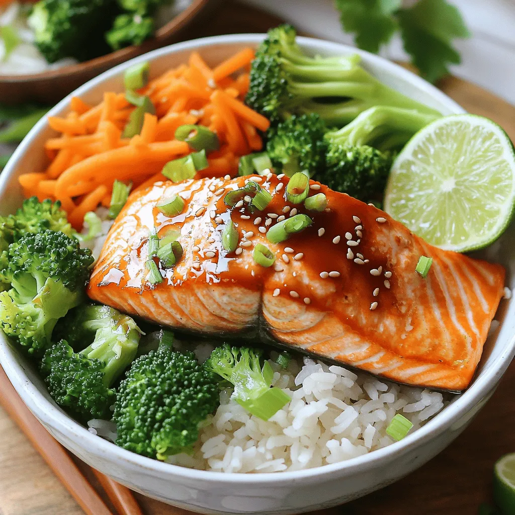 - 2 salmon fillets (about 6 oz each) - 1 cup cooked jasmine rice - 4 tablespoons teriyaki sauce - 1 cup broccoli florets - 1 carrot, julienned - 2 green onions, sliced - 1 tablespoon sesame seeds (for garnish) - 1 tablespoon sesame oil - Salt and pepper to taste Gathering these ingredients makes cooking quick and fun. Start with fresh salmon fillets. They should weigh around 6 ounces each. This size cooks well in a short time. Next, get your jasmine rice ready. It gives a nice, fluffy base for the bowl. Use cooked rice to save time. Next, teriyaki sauce is key for flavor. It adds a sweet and savory touch that pairs well with salmon. You can find bottled teriyaki sauce in stores, or you can make your own if you prefer. Now, let's talk about vegetables. Broccoli florets add crunch and color. Carrots, julienned, bring a sweet taste and bright orange hue. Green onions give a fresh, mild flavor on top. Finally, sesame seeds add a nice crunch and finish the dish beautifully. For seasoning, sesame oil enhances the dish’s flavor. Use it when sautéing your veggies. Don’t forget to add salt and pepper for taste. With these ingredients, your Teriyaki Salmon Rice Bowls will be quick, tasty, and full of color. First, make sure your rice is cooked and warm. You can use jasmine rice or any white rice you like. Next, rinse the broccoli florets in cold water. This helps remove any dirt. Then, julienne the carrot into thin strips. This adds color and crunch to your dish. In a medium pan, heat 1 tablespoon of sesame oil over medium heat. Once hot, add the broccoli and julienned carrot. Sauté for about 3 to 4 minutes. You want them to be tender but still crisp. Lightly season with salt and pepper. After cooking, remove the veggies from the pan and set them aside. In the same pan, place 2 salmon fillets skin-side down. Cook for about 2 to 3 minutes. Carefully flip the fillets over. Pour 4 tablespoons of teriyaki sauce over the salmon. Let it cook for an additional 3 minutes. This allows the sauce to caramelize and glaze the salmon. The salmon should be flaky and flavorful. In serving bowls, divide the cooked jasmine rice evenly. Top each bowl of rice with a salmon fillet. Spoon any remaining teriyaki sauce from the pan over the fish. This adds extra flavor. Now, distribute the sautéed broccoli and carrots over the salmon. This makes your bowl colorful and nutritious. Finish with sliced green onions and sprinkle sesame seeds on top. These add crunch and a lovely touch to your dish. Enjoy your quick and flavorful Teriyaki Salmon Rice Bowls! To save time, I recommend using pre-cooked rice. This cuts down on cooking time. You can find it in most grocery stores. It’s ready in just a few minutes. If you prep your ingredients in advance, you will move faster. Chop the broccoli and julienne the carrot the night before. This way, you can focus on cooking during the meal prep. For crispy skin, start with skin-side down in the pan. This helps it get nice and golden. Keep the heat medium to ensure even cooking. Flip the salmon gently after 2-3 minutes. Pour the teriyaki sauce over the fish right after flipping. Let it cook for another 3 minutes. This allows the sauce to glaze perfectly on the salmon. When serving, divide the rice into bowls first. Place a salmon fillet right on top. Spoon any remaining sauce over the fish for extra flavor. Distribute the sautéed broccoli and carrots on the side. For a touch of color, add sliced green onions on top. A sprinkle of sesame seeds adds crunch and flavor. For a fresh touch, serve with extra teriyaki sauce and a slice of lime. {{image_2}} You can switch up the protein in your rice bowls. If you want a change, use chicken instead of salmon. Chicken thighs work great here. Just cook them until they are golden brown and juicy. If you prefer plant-based, try tofu. Just press it first to remove excess water. Cut it into cubes and pan-fry until crispy. Lastly, shrimp adds a nice twist. Cook the shrimp in the same teriyaki sauce until they turn pink and firm. For a different base, consider your rice options. Brown rice offers more fiber and nutrients than white rice. It will add a nice nutty flavor too. Quinoa is another great choice. It cooks quickly and is packed with protein. If you're watching carbs, try cauliflower rice. It’s light and soaks up flavors well, making it a low-carb option that still tastes great. To take your bowls to the next level, add fresh herbs. Cilantro or basil can brighten the dish. Consider adding a bit of lime juice for a fresh zing. If you like some heat, toss in sliced jalapeños or a dash of chili flakes. These little details can really make your meal pop. Don't be afraid to mix flavors to suit your taste. To keep your teriyaki salmon rice bowls fresh, store them in an airtight container. This helps keep flavors locked in. When well-sealed, your leftovers last about 2 to 3 days in the fridge. Make sure the salmon and rice cool to room temperature before sealing. To reheat, you have a few good options. You can use a microwave or a stovetop. If using a microwave, heat in 30-second bursts. Stir between each burst to heat evenly. Using the stovetop, place the salmon and rice in a pan over low heat. Add a splash of water to keep it moist. This method helps maintain texture and flavor. Avoid overheating, as this can dry out the salmon. If you want to freeze your teriyaki salmon rice bowls, it's best to freeze the salmon and rice separately. Place them in freezer bags or containers. They can last up to 3 months in the freezer. When ready to eat, thaw in the fridge overnight. For a quick thaw, place the sealed bag in cold water for about an hour. After thawing, reheat as described above. Making Teriyaki Salmon Rice Bowls takes 15 minutes total. You spend 5 minutes prepping and 10 minutes cooking. Yes, you can use other vegetables. Bell peppers, snap peas, or asparagus work well. Get creative with your favorites. Many teriyaki sauces contain soy sauce, which has gluten. Look for gluten-free brands. You can also use tamari as a gluten-free option. Absolutely! Just double the ingredients. Use a larger pan for the salmon and veggies. This way, you can serve more people. Serve these bowls with a side of edamame or a simple cucumber salad. Steamed dumplings make a nice pairing too. You now have a clear path to making delicious Teriyaki Salmon Rice Bowls. Start with fresh salmon, jasmine rice, and vibrant veggies. Follow the simple steps to sauté your ingredients and create a flavorful dish. Remember to be creative with proteins and rice types. Use the tips shared to perfect your cooking and presentation. With proper storage, you can enjoy leftovers that taste just as good. Embrace the joy of cooking and impress your family and friends with this easy recipe.