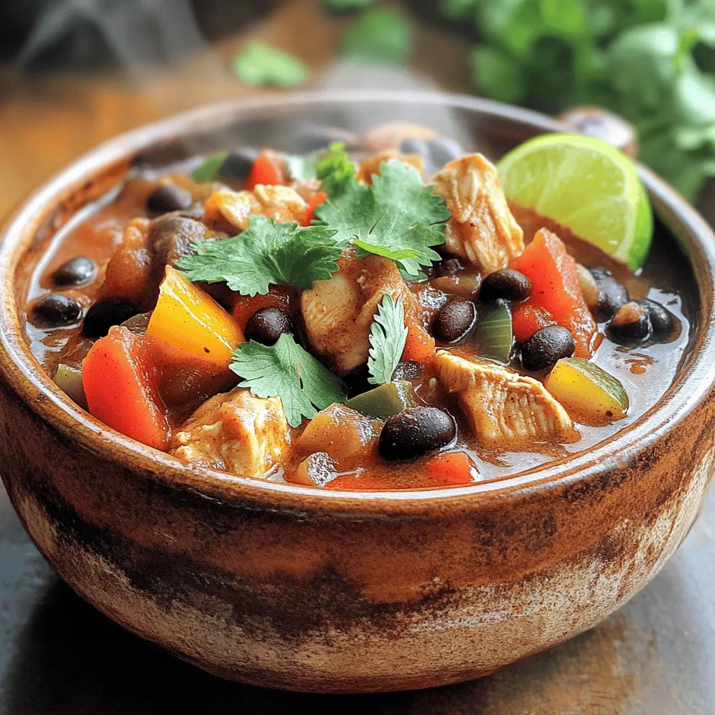 - 1 lb (450g) boneless, skinless chicken thighs, diced - 2 tablespoons olive oil - 1 large onion, diced - 2 cloves garlic, minced - 2 cans (15 oz each) black beans, drained and rinsed - 1 can (15 oz) diced tomatoes - 1 cup chicken broth - 2 tablespoons ancho chili powder - 1 teaspoon cumin - 1 teaspoon smoked paprika - 1 teaspoon oregano - 1 medium bell pepper, diced (red or green) - 1 fresh jalapeño, minced (optional) - Salt and pepper, to taste - Fresh cilantro, for garnish - Lime wedges, for serving One serving of Smoky Ancho Chicken Chili contains about: - Calories: 350 - Protein: 30g - Carbohydrates: 40g - Fat: 10g - Fiber: 12g This chili is hearty and packed with protein. It also offers fiber from beans and veggies. To make this chili, you’ll need: - A large pot or Dutch oven - A cutting board - A sharp knife - Measuring spoons and cups - A wooden spoon or spatula These tools help you cook efficiently and safely. Using the right equipment makes the process smoother and more enjoyable. 1. Heat Olive Oil: Start by heating 2 tablespoons of olive oil in a large pot over medium heat. 2. Cook Chicken: Add 1 pound of diced chicken thighs. Season with salt and pepper. Cook for 5-7 minutes until the chicken is browned. Remove it from the pot and set aside. 3. Sauté Vegetables: In the same pot, add 1 large diced onion. Sauté for 3-4 minutes until it turns translucent. Then, add 2 minced garlic cloves and cook for another minute. 4. Add Peppers: Mix in 1 diced bell pepper and 1 minced jalapeño if you like heat. Cook for 3-5 minutes until the peppers soften. 5. Incorporate Spices: Sprinkle in 2 tablespoons of ancho chili powder, 1 teaspoon of cumin, 1 teaspoon of smoked paprika, and 1 teaspoon of oregano. Stir for a minute to coat the veggies with spices. 6. Combine Ingredients: Return the chicken to the pot. Add 2 cans of black beans, 1 can of diced tomatoes, and 1 cup of chicken broth. Stir everything well. - Simmer: Bring the chili to a simmer and reduce the heat to low. Cover the pot and let it cook for 20-25 minutes. This lets the flavors meld. Stir occasionally to avoid sticking. - Adjust Seasoning: After simmering, taste the chili. Add salt and pepper if needed. For more heat, add extra minced jalapeño. - Total Prep Time: About 15 minutes. - Total Cooking Time: 35 minutes, which includes both cooking the chicken and simmering the chili. - Simmer Time: 20-25 minutes is crucial to blend flavors. This method ensures a smoky and hearty chili that will warm your soul. Enjoy each step as you create this delightful dish! To make your Smoky Ancho Chicken Chili even better, use fresh spices. Fresh ancho chili powder packs a punch. You can also toast the spices in the pot before adding other ingredients. This step wakes up the flavors. Adding a splash of lime juice before serving brightens the dish. Garnish with fresh cilantro for a pop of color and taste. One mistake I see often is overcooking the chicken. Cook it just until it's browned. If you cook it too long, it gets dry. Also, don't rush the simmering time. Letting the chili simmer helps the flavors blend. Stir occasionally to prevent sticking. Finally, always taste as you go. Adjust the salt and spice levels to your liking. If you're cooking for many, this recipe scales easily. Just double or triple the ingredients. Use a large pot to mix everything. Make sure to adjust cooking time, especially when simmering. You can set up a chili bar too! Offer toppings like cheese, sour cream, and chopped onions. This way, everyone can customize their bowl. {{image_2}} You can easily change some ingredients in this recipe. For example, if you lack chicken, use turkey or pork. You can also swap black beans for pinto or kidney beans. Want a creamier chili? Add a can of corn or some cream cheese. Use vegetable broth instead of chicken broth for a lighter touch. To make this chili vegetarian or vegan, skip the chicken. Use extra beans or lentils instead. Switch the chicken broth for vegetable broth to keep it rich and tasty. You might add mushrooms for texture and flavor. These swaps keep the chili hearty and satisfying. Chili differs by region, adding unique flavors. In Texas, chili often has no beans and focuses on spicy meat. In New Mexico, you might use green chiles for a different kick. If you’re in Mexico, try adding fresh cilantro and lime juice for a zesty touch. Each region brings its own flair to this classic dish. After enjoying your Smoky Ancho Chicken Chili, let it cool first. Store it in an airtight container. Place it in the fridge if you plan to eat it within three days. This keeps the chili fresh and tasty. When you're ready to enjoy your leftovers, reheating is simple. Pour the chili into a pot over medium heat. Stir it often until it heats through. You can also use the microwave. Just place it in a microwave-safe bowl and cover it. Heat for one to two minutes, stirring halfway. Want to keep your chili longer? Freezing is a great option. Use freezer-safe containers or bags. Make sure to leave some space for expansion. Label the containers with the date. You can freeze it for up to three months. When you're ready to eat, thaw it in the fridge overnight before reheating. You can enjoy this chili with many sides. Here are some tasty options: - Cornbread: Its sweet flavor pairs well with the spice. - Tortilla chips: Crunchy chips add a fun texture. - Rice: White or brown rice makes a filling base. - Avocado slices: Creamy avocado cools down the heat. - Sour cream: This adds creaminess and a nice tang. - Fresh lime wedges: A squeeze of lime brightens every bite. To heat things up, try these tips: - Add more jalapeños: Dice up another jalapeño for more spice. - Use a hotter pepper: Swap jalapeños for serrano or habanero. - Increase ancho chili powder: Add an extra tablespoon for more depth. - Include hot sauce: A few dashes can kick up the heat. - Serve with spicy toppings: Try spicy salsa or pickled jalapeños. Yes! You can mix up the beans in this chili. Here are some ideas: - Pinto beans: They have a creamy texture and rich flavor. - Kidney beans: These add a hearty bite to the dish. - Chickpeas: They offer a unique taste and protein boost. - Lentils: They cook fast and add a nice earthiness. - White beans: Great for a different color and mild flavor. In this blog post, we explored the key ingredients for Smoky Ancho Chicken Chili, including measurements and nutritional info. I gave step-by-step instructions on how to prepare and cook the dish, along with tips to enhance flavor and avoid mistakes. You also learned about variations and how to store leftovers properly. Cooking can be fun and rewarding. Use these insights to create your own delicious chili today! Enjoy your meal and share it with friends and family!