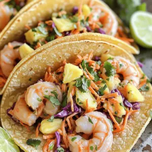 - 1 lb large shrimp, peeled and deveined - 4 tablespoons unsalted butter - 4 cloves garlic, minced - 1 teaspoon paprika - 1 teaspoon chili powder - Salt and pepper to taste - 8 small corn tortillas - 1 cup shredded red cabbage - 1 cup fresh pineapple, finely chopped - ½ cup carrot, shredded - 2 tablespoons fresh cilantro, chopped - 2 tablespoons lime juice - 1 tablespoon honey - Slices of lime - Extra cilantro for garnish Gather these ingredients to make your tacos shine. The shrimp will bring a juicy, savory kick. The butter and garlic create a rich flavor that pairs well with spices. Paprika and chili powder add warmth, while salt and pepper enhance all the tastes. For the slaw, fresh pineapple, cabbage, and carrot bring crunch and sweetness. Lime juice and honey balance the slaw, making it bright. Cilantro adds a fresh touch that ties everything together. Don’t forget the corn tortillas! They hold your shrimp and slaw perfectly. You can add lime slices and extra cilantro for a finishing touch. These ingredients make a dish that is fun to eat and share! - Combine cabbage, pineapple, carrot, cilantro, lime juice, and honey in a bowl. - Toss the mixture until well combined and set aside. Making the slaw is simple. I love how fresh and bright it tastes. The crunch from the cabbage and carrot balances well with the sweet pineapple. The honey adds a nice touch of sweetness, while the lime juice brings in some zing. Mix it all up and let it sit. This helps the flavors blend together beautifully. - Melt butter in a skillet over medium heat. - Add minced garlic and sauté for 30 seconds. - Season the shrimp with paprika, chili powder, salt, and pepper before cooking. Cooking the shrimp is where the magic happens. The butter melts and creates a rich base. When you add the minced garlic, the aroma fills the kitchen. It’s hard to resist! As you add the shrimp, sprinkle paprika and chili powder over them. This gives them a nice flavor and color. Cook until they turn pink and opaque, about five minutes. - Heat corn tortillas in a separate pan for 15-30 seconds on each side. - Ensure tortillas are pliable and slightly charred. Warming the tortillas is key for a great taco. You want them soft and easy to fold. A little char adds flavor and texture. Just a quick heat on each side does the trick. - Place shrimp on each tortilla and top with pineapple slaw. - Garnish with lime slices and extra cilantro. Now it’s time for assembly! Take a warm tortilla and add a few shrimp. Top it generously with your pineapple slaw. The bright colors make it look great. Finish with lime slices and extra cilantro for a fresh touch. Enjoy your tacos right away while they’re warm! To cook shrimp just right, aim for 4-5 minutes total. Watch for the color change. Shrimp should turn pink and opaque. Overcooked shrimp can become tough and rubbery. Remove them from heat as soon as they reach this stage. This keeps them tender and juicy. To boost flavor, consider adding cumin or cayenne pepper. These spices add warmth and complexity. You might also try adding a splash of orange juice for brightness. For slaw, adjust sweetness with more honey or acidity with extra lime juice. Balance is key to a tasty slaw! Corn tortillas are classic, but you can use flour tortillas too. They add a soft touch. If you want to be adventurous, try whole wheat or spinach tortillas. To make homemade tortillas, mix flour, water, and salt. Roll out the dough thin and cook on a hot skillet for fresh flavors. {{image_2}} You can swap shrimp for other proteins. Chicken, fish, or tofu work great. If using chicken, cut it into small pieces. Cook it for about 6-8 minutes until it’s done. For fish, like tilapia or cod, cook for about 3-4 minutes. Tofu needs about 5-7 minutes if you use firm tofu. Each choice gives you different flavors and textures. Want more heat? Add diced jalapeños or a pinch of cayenne to the shrimp. You can also use a spicier chili powder. For milder tacos, skip the chili powder. You can even use sweet paprika instead. Adjust these spices to fit your taste and your guests' preferences. Pair your tacos with fresh avocado or a spicy salsa. These add great flavor and texture. You can also serve them with a side of black beans or rice. For parties, try a taco bar. Set out toppings like cheese, avocado, and extra slaw. This way, guests can build their own tacos. To keep your shrimp and slaw fresh, store them separately. Use airtight containers for the best results. Place the shrimp in one container and the pineapple slaw in another. This helps maintain their flavors and textures. Make sure to cool the shrimp before sealing them. If you want to freeze shrimp and slaw, do it separately. Place shrimp in a freezer-safe bag, removing as much air as possible. For the slaw, use a container that seals tightly. To thaw, place shrimp in the fridge overnight. For slaw, you can let it sit at room temperature for about 30 minutes before serving. Reheat shrimp in a skillet over medium heat until warm. Leftovers can stay in the fridge for up to three days. Check for signs of spoilage, like an off smell or slimy texture. If you notice any changes, it's best to throw them away. Keeping an eye on your food helps ensure safe eating. Yes, you can use frozen shrimp. To thaw, place shrimp in cold water for about 15-20 minutes. After that, drain them well. Pat them dry with a towel. This step helps the shrimp cook evenly. If you don't have lime juice, you can use lemon juice. You can also try apple cider vinegar for a different taste. These options will still give your tacos a nice zing. To make these tacos gluten-free, use corn tortillas. They are naturally gluten-free. Always check the label to confirm they are certified gluten-free. You can also use lettuce wraps for a fresh twist. You can prepare the slaw ahead of time. Just mix the ingredients and store it in an airtight container. Keep it in the fridge for up to two days. This helps the flavors blend well. Just give it a stir before serving. This blog post detailed how to make tasty shrimp tacos with pineapple slaw. We covered each ingredient, step, and cooking tip to help you succeed. Remember, you can mix it up with different proteins and adjust the spice level for your taste. Enjoy these tacos fresh, but don’t worry about leftovers; proper storage keeps them great. Try these tips and enjoy tasty meals at home. Happy cooking!