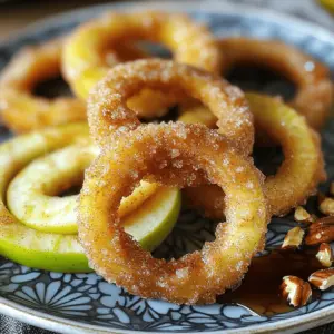 - 2 large apples (e.g., Granny Smith or Honeycrisp) - 1/2 cup all-purpose flour - 1 teaspoon baking powder - 1 teaspoon cinnamon - 1/4 teaspoon nutmeg - 1/4 teaspoon salt - 1/2 cup milk (dairy or plant-based) - 1 tablespoon maple syrup - 1/4 cup granulated sugar - 1/2 teaspoon vanilla extract - Cooking spray The first step to making these apple rings is to gather your ingredients. You need two large apples. I love using Granny Smith or Honeycrisp for this treat. They add a nice balance of tart and sweet. Next, you will need half a cup of all-purpose flour. This flour helps create the batter. Add in one teaspoon of baking powder to make the batter fluffy. For flavor, you need one teaspoon of cinnamon, a quarter teaspoon of nutmeg, and a quarter teaspoon of salt. These spices make the apple rings taste amazing. For the wet part of the batter, use half a cup of milk. You can choose dairy or plant-based milk. Add one tablespoon of maple syrup for sweetness and flavor. It brings out the best in the apples. You will also need a quarter cup of granulated sugar and half a teaspoon of vanilla extract to enhance the taste. Finally, grab your cooking spray. This helps prevent the apple rings from sticking in the air fryer. Having all these ingredients ready makes cooking easier and more fun! Start by washing the apples under cool water. This step cleans off dirt and wax. Next, core each apple to remove the seeds. For even rings, slice the apples into 1/4-inch thick rounds. A sharp knife works well, but a mandoline slicer gives even cuts. In a bowl, mix your dry ingredients. Combine the all-purpose flour, baking powder, cinnamon, nutmeg, and salt. Stir them well to blend the flavors. In a separate bowl, whisk together the milk, maple syrup, and vanilla extract. Pour this wet mix into the dry mix. Stir until just combined but don't overdo it; the batter should be thick. Preheat your air fryer to 350°F (175°C). Dip each apple ring into the batter. Make sure each ring is well-coated. Let any extra batter drip off before cooking. Lightly spray the air fryer basket with cooking spray. Place the apple rings in a single layer, ensuring they don’t touch. If needed, cook in batches. Air fry the rings for 8-10 minutes. Flip them halfway through to ensure even cooking. They should turn golden brown and be soft inside. To make great apple rings, focus on your batter. The batter should be thick but not too thick. Aim for a pancake-like consistency. If it’s too thin, the rings won’t hold well. If it’s too thick, the coating may be clumpy. Stir the batter gently. Overmixing can cause it to become tough. You want it fluffy and light. Set your air fryer to 350°F (175°C). This temperature gives the apple rings a nice golden color. If you are making a lot, cook them in batches. Make sure the rings do not touch. This helps them cook evenly. Flip them halfway through for the best crunch. Each batch takes about 8-10 minutes. Serve your cinnamon sugar apple rings on a nice plate. A drizzle of maple syrup makes them shine. You can add a scoop of vanilla ice cream on the side. This gives a rich contrast to the sweet rings. For extra flair, sprinkle chopped nuts on top. This adds a great crunch and makes them look fancy. {{image_2}} You can easily change the flavor of your apple rings. Try adding different spices to the batter. Ginger gives a warm kick. Cardamom adds a sweet touch. You can also swap out the sugar. Brown sugar gives a deeper flavor, while honey adds natural sweetness. Get creative and find your perfect mix! Not all apples are the same. Granny Smith apples work great because they are tart and firm. Honeycrisp apples are sweet and juicy, creating a lovely contrast. You can also experiment with Fuji or Gala apples. Each type gives a unique taste. So, try different apples and see which one you love best! If you want a vegan treat, you can easily make this recipe. Use plant-based milk instead of regular milk. Almond milk or oat milk works well. For binding, you can use mashed banana or flaxseed meal mixed with water. These substitutes will keep your rings delicious without dairy! To keep your apple rings fresh, store them in an airtight container. This helps prevent moisture loss. A glass container with a tight lid works best. You can also use a plastic container, but ensure it seals well. Place a paper towel at the bottom to absorb excess moisture. This keeps the apple rings crisp for longer. To reheat your apple rings, use the air fryer or oven. For the air fryer, set it to 350°F (175°C). Place the rings in a single layer for best results. Heat them for about 3-5 minutes. This method keeps them crispy and warm. If using an oven, preheat it to 350°F (175°C) as well. Arrange the apple rings on a baking tray lined with parchment paper. Bake for 5-7 minutes. Keep an eye on them to avoid burning. Reheating this way maintains their delicious crunch. To make these apple rings healthier, you can try a few simple swaps. Use less sugar by cutting the granulated sugar in half. You can also replace some flour with whole wheat flour for added fiber. If you want to lower fat, use unsweetened applesauce instead of milk. This keeps the batter moist while cutting calories. Finally, skip the maple syrup when serving or drizzle lightly to cut down on added sugars. Yes, you can prepare the batter ahead of time. Mix the dry and wet ingredients separately and combine them when you're ready to cook. Keep the mixed batter in the fridge for up to 24 hours. Just remember to stir it again before using. If it seems too thick, add a splash of milk to loosen it up. This way, you save time when you want a quick snack. Dipping sauces can enhance the flavor of apple rings. A simple caramel sauce is always a hit. It adds a rich, sweet taste. You can also try a yogurt dip mixed with honey for a lighter option. If you want a little kick, mix cream cheese with a hint of cinnamon and sugar. This adds a creamy texture that pairs well with the crunch of the apple. You learned how to make tasty air fryer cinnamon sugar apple rings. We covered the ingredients and step-by-step instructions. I shared helpful tips for batter and air fryer settings. You can even try different apple types and flavors. Remember to store leftovers in airtight containers for freshness. Enjoy experimenting with dips for extra flavor. Follow these steps for a delicious treat everyone will love!