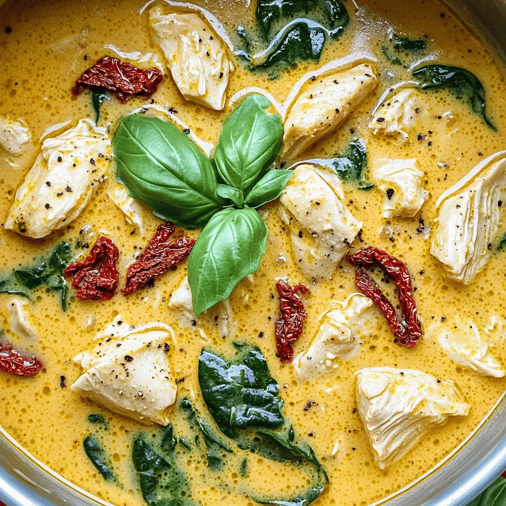 - 1 pound boneless, skinless chicken breasts, diced - 1 tablespoon olive oil - 1 medium onion, chopped - 3 cloves garlic, minced - 1 carrot, diced - 2 ribs celery, diced - 4 cups chicken broth - 1 teaspoon dried thyme - 1 teaspoon dried oregano - 1 cup heavy cream - 1 cup spinach, roughly chopped - 1 cup sun-dried tomatoes, chopped - Salt and pepper to taste - 1 tablespoon fresh lemon juice - Fresh basil leaves for garnish (optional) This soup shines with fresh, real ingredients. The chicken breasts form the heart of the dish. They give it protein and texture. Dicing them ensures they cook fast and evenly in the pot. Next, we have our vegetables. Onions, carrots, and celery bring a nice base of flavor. I love how they soften when you sauté them. Garlic adds a punch of taste that makes the soup pop. Chicken broth provides a rich, savory backdrop. It enhances every bite. Heavy cream adds the creamy texture we crave. It makes the soup feel cozy and warm. Sun-dried tomatoes bring a sweet-tart taste. They add depth and color. Spinach is not just for health. It brightens up the dish and makes it look pretty. Seasonings like thyme and oregano are key. They give the soup its Italian twist. A squeeze of lemon juice adds a lovely brightness. Don't forget salt and pepper to balance everything out. Lastly, fresh basil leaves make a great garnish. They add aroma and a bit of color. This soup is truly a feast for the eyes and the taste buds! Cooking the Chicken Start by heating 1 tablespoon of olive oil in a large pot over medium heat. Add 1 pound of diced chicken breasts. Season them with salt and pepper. Cook for about 5 to 7 minutes, until the chicken turns brown and is cooked through. Once done, remove the chicken from the pot and set it aside. This step builds a solid base for your soup. Sautéing the Vegetables In the same pot, toss in a chopped medium onion, a diced carrot, and 2 diced ribs of celery. Sauté these vegetables for about 5 minutes. You want them to become tender and fragrant. This mix adds depth to the soup’s flavor. Combining Ingredients and Simmering Now, add 3 minced garlic cloves, 1 teaspoon of dried thyme, and 1 teaspoon of dried oregano to the pot. Stir for about 1 minute. This will release their wonderful aromas. Next, pour in 4 cups of chicken broth and bring it to a boil. Once boiling, reduce the heat and let it simmer for 10 minutes. This step allows the flavors to meld beautifully. Final Touches and Serving Suggestions Add the cooked chicken back into the pot, along with 1 cup of chopped sun-dried tomatoes and 1 cup of roughly chopped spinach. Allow everything to return to a simmer. Then stir in 1 cup of heavy cream. Cook for an additional 5 minutes, until it’s heated through. Taste and adjust seasoning with salt, pepper, and 1 tablespoon of fresh lemon juice. Serve your soup hot, and feel free to garnish with fresh basil leaves for a pop of color and flavor. Enjoy this creamy, comforting dish! How to Achieve Perfectly Cooked Chicken To get juicy chicken, use boneless, skinless breasts. Dice them into small pieces. Heat one tablespoon of olive oil in a large pot. Add the chicken to the pot, and season it with salt and pepper. Cook until it turns golden brown, about 5 to 7 minutes. Remove the chicken and set it aside. This step ensures your chicken stays tender. Tips for Flavor Enhancements You can add more herbs for extra flavor. Fresh herbs work well. Use thyme and oregano for a classic taste. If you want more zest, squeeze in some fresh lemon juice at the end. This brightens up the soup. Taste your soup as you cook. Adjust the salt and pepper to make it just right. Thicken the Soup to Your Preference If you like a thicker soup, let it simmer longer. This helps the flavors blend nicely. You can also add a little more heavy cream for creaminess. If you prefer a lighter soup, use less cream. Stir well to mix everything together. Feel free to experiment until you find what you enjoy most! {{image_2}} You can easily customize your creamy Tuscan chicken soup. Start by adding different vegetables for more flavor and texture. Zucchini and mushrooms make great choices. They blend well and add a nice bite. You can also try bell peppers or kale for extra color and nutrients. If you want to change up the protein, consider using tofu or shrimp. Tofu is a great option for a vegetarian soup. It absorbs the flavors well. Shrimp cooks quickly and adds a seafood taste. Both choices offer variety and keep the soup exciting. For those with dietary needs, you can swap out the heavy cream. Use coconut milk for a dairy-free option. Almond milk or cashew cream also work well. These alternatives add creaminess without the dairy. Just remember to adjust the seasoning since these options may have a different taste. Feel free to experiment with your soup until it fits your taste perfectly! To keep your creamy Tuscan chicken soup fresh, follow these steps: - Refrigeration Guidelines for Leftovers: Allow the soup to cool before placing it in an airtight container. Store it in the fridge for up to 3 days. This keeps the flavors intact and the soup safe to eat. - Freezing Soup for Future Use: To freeze, use a freezer-safe container or bag. Leave some space at the top for expansion. You can freeze the soup for up to 3 months. When ready, thaw it in the fridge overnight before reheating. - Reheating Tips to Maintain Flavor and Consistency: When reheating, do it slowly over low heat. Stir often to prevent sticking. If the soup seems too thick, add a splash of chicken broth or cream. This helps restore its creamy texture and keeps the flavor vibrant. Can I make this soup ahead of time? Yes, you can make this soup ahead of time. Cook it fully, then cool and store it. Keep it in the fridge for up to three days. Reheat it on the stove over low heat. What can I substitute for heavy cream? If you want a lighter option, use half-and-half or whole milk. For dairy-free choices, try coconut cream or cashew cream. These options will still add creaminess to your soup. How can I make this soup spicier? To spice it up, add red pepper flakes or diced jalapeños. You can also mix in hot sauce for extra heat. Start with a little, then taste and adjust as needed. Is Creamy Tuscan Chicken Soup healthy? This soup has healthy ingredients like chicken, vegetables, and spinach. It has protein and vitamins. However, it does contain heavy cream, which adds fat and calories. Enjoy it in moderation for a balanced diet. Creamy Tuscan Chicken Soup blends tender chicken, fresh veggies, and rich flavors. You learned how to cook it step by step, ensuring every bite is delightful. I shared tips to enhance taste and ideas for personalizing your soup. Don’t forget how to store leftovers safely for later enjoyment. This soup makes a hearty meal that warms both body and soul. Dive into this recipe and enjoy each flavor-packed bowl. Cooking doesn’t have to be hard; with these steps, you can easily impress anyone at your table.