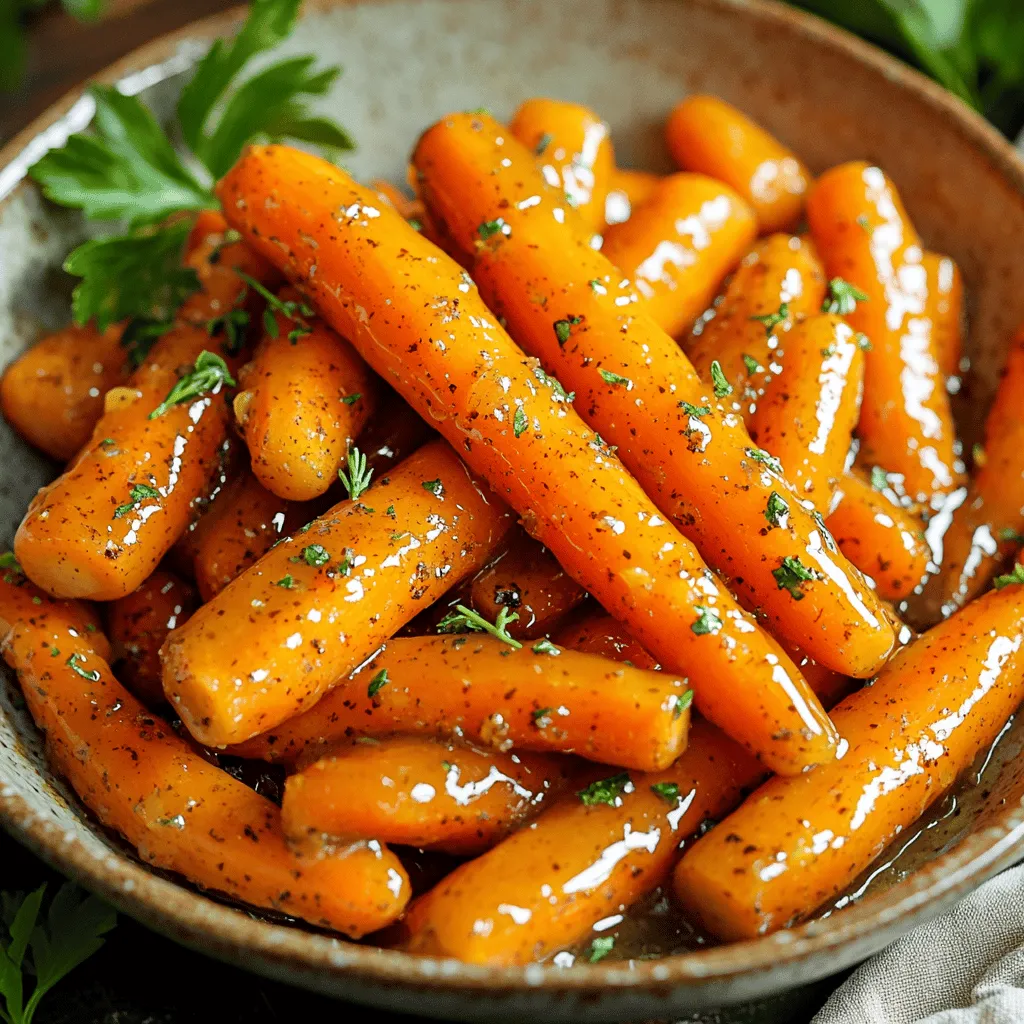 To make Slow Cooker Brown Butter Honey Glazed Carrots, gather these ingredients: - 2 pounds baby carrots, washed and trimmed - 1/2 cup unsalted butter - 1/3 cup honey - 1 teaspoon cinnamon - 1 teaspoon salt - 1/4 teaspoon black pepper - 1 tablespoon fresh thyme leaves (or 1 teaspoon dried thyme) - 1 tablespoon lemon juice - Optional: Fresh parsley for garnish When choosing carrots, look for bright orange baby carrots. They should feel firm and smooth. Avoid any that are soft or have spots. Fresh carrots taste better and look nice on the plate. If you can, buy organic carrots. They often have more flavor and fewer chemicals. If you can’t find baby carrots, you can cut regular carrots into smaller pieces. You can also swap honey for maple syrup for a different flavor. For a vegan option, use coconut oil instead of butter. Just remember to adjust the cooking time if you change the size of the carrots. Start with 2 pounds of baby carrots. Wash them well and trim the tops. Place the carrots in your slow cooker. Spread them out evenly so they cook well. Now, take 1/2 cup of unsalted butter. Melt it in a small saucepan over medium heat. Stir it often for about 5 to 7 minutes. Watch closely as it turns a golden brown. It will smell nutty and delicious. Remove it from the heat before it burns. In the same pan, add 1/3 cup of honey. Then, mix in 1 teaspoon of cinnamon, 1 teaspoon of salt, and 1/4 teaspoon of black pepper. Add 1 tablespoon of fresh thyme leaves or 1 teaspoon of dried thyme. Whisk everything together until smooth and combined. This glaze will give the carrots a sweet and savory flavor. Pour the brown butter and honey glaze over the carrots. Gently stir to coat them well. Cover your slow cooker. Cook on low for 4 hours or on high for 2 hours. The carrots should become tender and nicely glazed. When done, drizzle 1 tablespoon of lemon juice over the carrots. Stir gently to mix everything together. Enjoy your sweet and savory treat! To get those shiny, glazed carrots, start with fresh baby carrots. They cook evenly and stay sweet. Cut larger carrots into similar sizes to match. Always brown the butter until it’s golden. This adds a rich flavor. After mixing in the honey and spices, pour it over the carrots. Stir gently to coat every carrot. Cooking on low heat gives the best texture. Don’t rush it; patience pays off. You need a slow cooker for this dish. Choose one that holds at least 4 quarts. A small saucepan is perfect for browning the butter. Use a whisk to mix the glaze well. A spatula helps coat the carrots without breaking them. For serving, grab a shallow bowl. This lets the glaze shine and looks great on the table. One common mistake is burning the butter. Watch it closely and stir often. If you skip the thyme, the dish may taste flat. Don’t forget the salt; it balances the sweetness. Avoid cooking the carrots on high for too long; this can make them mushy. Lastly, don’t skip the lemon juice. It brightens the flavors after cooking. {{image_2}} You can change the flavor of your carrots by adding herbs and spices. Try using rosemary or dill for a fresh twist. If you love heat, a pinch of red pepper flakes works well. You can also add nutmeg for warmth or ginger for a zesty kick. These small changes can make your carrots shine in new ways. If you want to swap honey, consider maple syrup or agave nectar. They both add sweetness and flavor. For a lower-calorie option, use stevia or monk fruit sweetener. These alternatives will still give you that glazed finish without the extra calories. Just adjust the amount according to your taste. You can easily modify this recipe to meet dietary needs. For a dairy-free version, use coconut oil instead of butter. If you're looking for a vegan option, replace honey with maple syrup. This way, everyone can enjoy these delicious carrots. Always check labels on packaged ingredients to ensure they fit your dietary restrictions. After you make your slow cooker brown butter honey glazed carrots, let them cool. Place the leftovers in an airtight container. Store them in the fridge for up to five days. Make sure to keep them covered to keep moisture in. When you are ready to enjoy the leftovers, you can reheat them easily. Place the carrots in a microwave-safe bowl. Heat them in the microwave for about 1-2 minutes. Stir halfway through to get even warmth. You can also reheat them on the stove. Simply add them to a pan over low heat, stirring gently until warmed through. If you want to save some for later, freezing is an option. First, let the carrots cool completely. Then, place them in a freezer-safe container or bag. Make sure to remove as much air as possible. You can freeze them for up to three months. When you are ready to eat, thaw them in the fridge overnight and reheat as needed. Yes, you can use regular carrots. Just cut them into smaller pieces. Aim for similar sizes so they cook evenly. Baby carrots are sweet and tender, but regular ones work well too. For larger carrots, cut them into thicker slices. Increase the cooking time by about 30 minutes. Check for tenderness with a fork. They should be soft but not mushy. Yes, you can prepare the carrots a day in advance. Cook them as directed and let them cool. Store in the fridge in an airtight container. Reheat them gently before serving. Glazed carrots pair well with roasted chicken or beef. They also complement grain dishes like rice or quinoa. For a veggie spread, serve them with roasted potatoes or a fresh salad. This blog post covered how to make delicious glazed carrots from start to finish. You learned about key ingredients, tips for cooking, and helpful tricks for perfect results. Remember to choose fresh carrots and avoid common mistakes. You can explore different flavors and store leftovers easily. Enjoy making this dish, and don't hesitate to customize it to your taste. With practice, you'll master glazed carrots that impress everyone. Happy cooking!