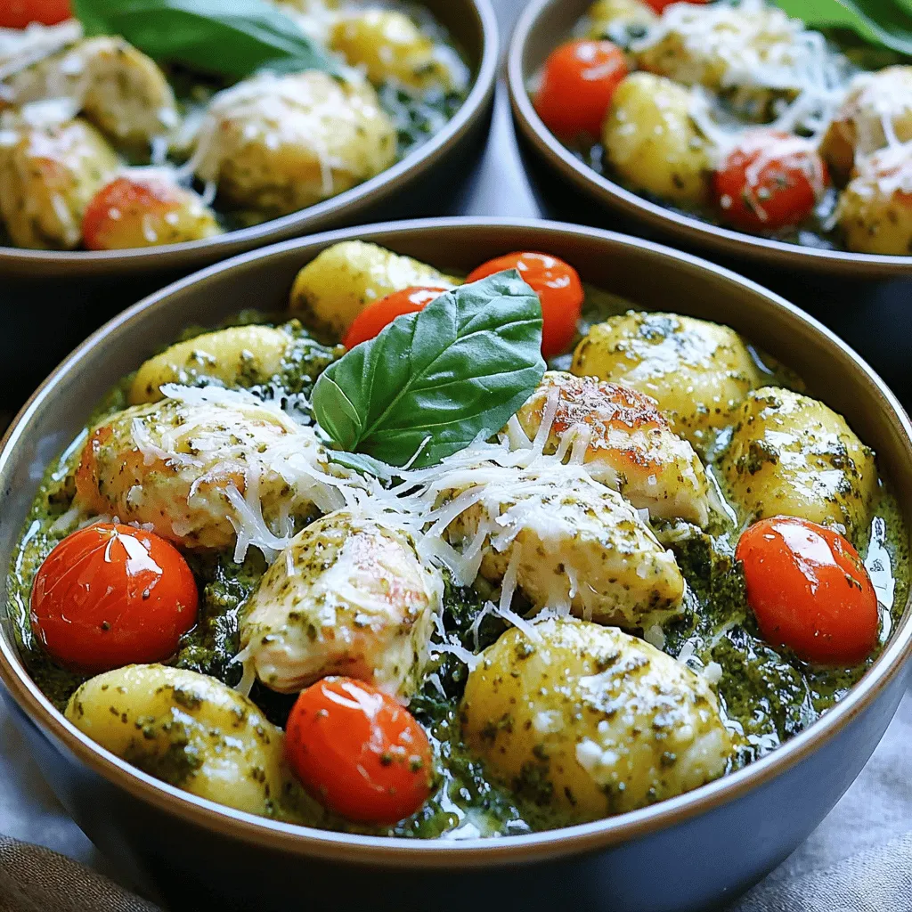 - Chicken and Seasonings - 1 lb (450g) chicken breast, cut into bite-sized pieces - 1 tablespoon olive oil - 1 teaspoon garlic powder - 1 teaspoon onion powder - Salt and pepper to taste - Creamy Base Ingredients - 2 cups (480ml) chicken broth - 1 cup (240ml) heavy cream - 1 cup (240g) pesto sauce (store-bought or homemade) - Gnocchi and Vegetable Add-ins - 1 lb (450g) gnocchi (store-bought or homemade) - 1 cup (100g) cherry tomatoes, halved - 1 cup (100g) baby spinach - 1/2 cup (50g) grated Parmesan cheese - Fresh basil leaves for garnish Gather these ingredients before you start. This helps the cooking process run smoothly. The chicken gives us protein, and the pesto adds flavor. The gnocchi is soft and comforting. The cream makes everything rich and creamy. You can use store-bought or homemade pesto. Fresh basil makes a lovely garnish. When you have these items ready, you can create a delicious meal. This dish is not just easy to make; it’s fun to cook. Each ingredient plays a role in making every bite tasty. Enjoy the colorful mix of chicken, veggies, and creamy sauce. Sautéing the Chicken Start by heating olive oil in a large pot over medium-high heat. Add the chicken pieces and sprinkle with garlic powder, onion powder, salt, and pepper. Sauté the chicken for about 5-7 minutes until it turns golden brown and cooks through. You want it to be juicy and flavorful. Removing the Chicken Once the chicken is done, remove it from the pot and place it on a plate. This step is key. It lets the chicken rest while you make the sauce. Don’t wash the pot; keep those tasty bits for the sauce! Boiling the Chicken Broth In the same pot, pour in the chicken broth and bring it to a boil. The broth will pick up all those nice flavors left in the pot. This is where the magic begins! Adding Cream and Pesto Once the broth is boiling, stir in the heavy cream and pesto sauce. Mix well until everything is combined. The sauce should turn a beautiful green color, rich and creamy. This is your base for the gnocchi! Mixing in Gnocchi Now, add the gnocchi to the pot. Turn the heat down to medium. Cook according to the package instructions, usually about 3-5 minutes. You want the gnocchi to be soft and tender, soaking up all that creamy goodness. Incorporating Chicken and Vegetables Next, return the sautéed chicken to the pot. Then, add the halved cherry tomatoes and baby spinach. Gently mix everything together. Cook for another 2-3 minutes until the spinach wilts and the tomatoes soften a bit. This step adds color and nutrients to your dish. Adjusting Seasonings To make the dish just right, start with the basics. Taste as you go. If it needs more flavor, add a pinch of salt or pepper. You can also try adding more garlic powder or onion powder. For a touch of heat, sprinkle in some red pepper flakes. Ensuring Creaminess Creaminess is key to this dish. Use heavy cream for the richest texture. If you want it even creamier, add more pesto. Stir in a little extra Parmesan cheese at the end for a velvety finish. If it's too thick, add a splash of chicken broth to loosen it. Presentation Ideas Serve this dish in deep bowls. It looks great with a sprinkle of extra Parmesan on top. A drizzle of olive oil adds shine and richness. Fresh basil leaves make a lovely garnish. They add color and a fresh taste. Pairing with Sides This meal is filling, but you can pair it with a light salad. A simple green salad with lemon vinaigrette works well. Garlic bread is also a great side. It soaks up the creamy sauce perfectly. {{image_2}} Using Different Proteins You can change the protein in this dish. Try shrimp or tofu for a twist. Both options cook quickly and soak up flavor well. If you want a stronger taste, use sausage. Just slice it thin and brown it in the pot. Each swap brings a new flavor to the creamy pesto chicken gnocchi. Alternative Vegetables Feel free to mix in other veggies. Bell peppers or zucchini add crunch and color. You can also use broccoli or asparagus for a fresh touch. Just remember to cook them until tender. This way, they blend well with the creamy sauce. The goal is to keep it colorful and healthy. Adding Spices Spice up your dish with a pinch of red pepper flakes or Italian herbs. These small changes can make a big impact. A touch of nutmeg adds warmth to the cream. Just be careful not to overdo it. You want to enhance the dish, not overpower it. Using Homemade Pesto Homemade pesto brings fresh flavors. Use basil, garlic, pine nuts, and olive oil to make it. Blend them until smooth for a vibrant green sauce. You can even customize it with different nuts or greens. This step adds a personal touch to your creamy pesto chicken gnocchi. To keep your One-Pot Creamy Pesto Chicken Gnocchi fresh, store it in the fridge. Use an airtight container for best results. It stays good for about 3-4 days. If you need more time, consider freezing it. For freezing, let it cool completely. Then, place it in a freezer-safe container. It can last for up to 3 months. When you're ready to enjoy leftovers, use gentle heat to warm it up. The best method is on the stove. Place the dish in a pot and heat over low heat. Stir often to avoid sticking. You can add a splash of broth or cream to keep it creamy. If you use a microwave, heat in short bursts. Stir in between to help it heat evenly. This way, your dish stays nice and smooth. Yes, you can use frozen gnocchi. Just add them directly to the pot. There is no need to thaw them first. They will cook well in the sauce. This saves time and effort. This recipe takes about 25 minutes in total. You will spend 10 minutes prepping the ingredients and 15 minutes cooking. It’s quick and perfect for busy nights. You can use half-and-half or whole milk as a substitute. For a lighter option, try using Greek yogurt. Each option will change the creaminess, so adjust as needed. Yes, you can prepare it ahead. Cook the dish and let it cool. Store it in an airtight container in the fridge. Reheat it when ready to serve. Absolutely! Kids love the creamy sauce and tender gnocchi. You can adjust the seasoning to suit their taste. It’s a fun and tasty meal for the whole family. Yes, feel free to add more vegetables! Zucchini, bell peppers, or peas work well. Just add them with the spinach and tomatoes. This will add color and flavor. To spice things up, add red pepper flakes or fresh chili. Mix these into the sauce for a kick. Start with a little, then add more if you like heat. You can use store-bought pesto or make your own. Homemade pesto can add a fresh taste. Choose a basil or sun-dried tomato pesto for great flavor. This dish combines chicken, creamy sauce, and gnocchi for great flavor. You learned steps for preparation and cooking. I shared tips to enhance taste and presentation. Variations let you swap ingredients for new tastes. Lastly, storing and reheating keep your meal fresh. Try this recipe to impress yourself and others. With practice, you’ll master it. Enjoy your cooking journey and have fun experimenting!