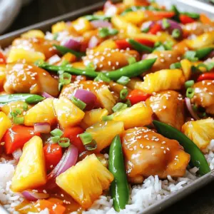 - 1 lb boneless, skinless chicken thighs, cut into bite-sized pieces - 1 cup pineapple chunks (fresh or canned, drained) - 1 bell pepper (red or yellow), sliced into strips - 1 medium red onion, sliced - 1 cup snap peas - 3/4 cup sweet and sour sauce (store-bought or homemade) - 2 tablespoons soy sauce - 1 tablespoon sesame oil - 2 cloves garlic, minced - 1 teaspoon ginger, grated - Salt and pepper to taste - Cooked rice for serving (optional) - Chopped green onions and sesame seeds for garnish Gathering the right ingredients is key to making this dish shine. I love using chicken thighs for their juicy flavor. They stay tender even after baking. You can use fresh or canned pineapple. Both work well, but fresh adds a nice burst of flavor. Bell peppers bring sweetness and color. Choose red or yellow for the best taste. The red onion adds a strong flavor that pairs nicely with the sweet and sour sauce. Snap peas give a nice crunch and a pop of green. The sweet and sour sauce is the star here. You can buy it or make your own. I like to add soy sauce and sesame oil for depth. Garlic and ginger add a fragrant touch. Don’t forget the salt and pepper to bring it all together. I often serve this dish with rice. It soaks up the sauce perfectly. For a finishing touch, sprinkle chopped green onions and sesame seeds on top. This adds color and extra flavor. Enjoy cooking! 1. Preheat Oven and Prepare Sheet Pan Start by preheating your oven to 400°F (200°C). Line a large sheet pan with parchment paper. This helps with easy cleanup. 2. Mix Chicken and Vegetables In a big mixing bowl, add 1 pound of cut chicken thighs, 1 cup of pineapple chunks, 1 sliced bell pepper, 1 sliced red onion, and 1 cup of snap peas. Stir everything together well. 3. Prepare the Sauce In a separate bowl, mix 3/4 cup of sweet and sour sauce, 2 tablespoons of soy sauce, 1 tablespoon of sesame oil, 2 minced garlic cloves, and 1 teaspoon of grated ginger. Add salt and pepper to taste. Whisk until blended nicely. 1. Combine Sauce with Chicken and Vegetables Pour the sauce mixture over the chicken and veggies. Toss everything well to coat them evenly with the sauce. 2. Spread on Sheet Pan Next, spread the coated chicken and vegetable mix evenly on the prepared sheet pan. Make sure to keep it in a single layer for even cooking. 1. Bake Chicken and Vegetables Place the sheet pan in the preheated oven. Bake for 25-30 minutes. Stir halfway through to ensure even cooking. 2. Check for Doneness After baking, check the chicken. It should reach an internal temperature of 165°F (75°C). Once cooked, take it out and let it rest for a few minutes before serving. Ensuring Even Cooking To make sure everything cooks evenly, cut the chicken into similar-sized pieces. This helps them cook at the same rate. Spread the chicken and veggies evenly on the sheet pan. Stir halfway through to mix things up. This ensures every bite is tasty and not overcooked. Tips for Tender Chicken Use boneless, skinless chicken thighs for the best flavor. They stay juicy while baking. Marinate the chicken in the sauce for about 30 minutes before cooking. This adds flavor and keeps the chicken moist. Avoid overcooking, as this can make the chicken dry. Best Rice Pairings Serve this dish over fluffy white rice or brown rice. Jasmine rice adds a nice floral note. You can also try coconut rice for a tropical twist. If you want something lighter, serve it with cauliflower rice. Garnishes to Enhance Flavor Garnishing makes your dish look and taste even better. Add chopped green onions for a fresh crunch. A sprinkle of sesame seeds adds a nice touch. You can also drizzle extra sweet and sour sauce before serving for added flavor. Storing Leftovers Store any leftovers in airtight containers. Keep them in the fridge for up to three days. For longer storage, freeze the chicken and veggies. Just make sure to thaw them before reheating. Best Reheating Methods For best results, reheat in the oven at 350°F (175°C) for about 10-15 minutes. This keeps the chicken tender. You can also use a microwave, but this may make the chicken a bit chewy. If using the microwave, heat in short bursts to avoid overheating. {{image_2}} You can switch up the proteins in this dish. Chicken thighs are great, but chicken breasts work too. If you want a plant-based option, try tofu. Shrimp is another tasty choice. Each protein brings its own flavor and texture. When it comes to vegetables, you have options! Broccoli adds a nice crunch. Zucchini is another good pick. Both will soak up the sauce well and add color to your dish. Feel free to mix and match to suit your taste. If you want to make your own sweet and sour sauce, it’s easy! Combine equal parts of vinegar and sugar. Add soy sauce for depth. You can also add a splash of pineapple juice for extra flavor. For a sweet and spicy twist, mix in some chili flakes. This adds a kick that balances the sweetness. You might also try adding a spoonful of honey for a thicker sauce. This will give your dish a unique touch! - Refrigerating Leftovers: Once your meal cools, store it in an airtight container. Place it in the fridge within two hours of cooking. This keeps your sweet and sour chicken fresh. It will stay good for about three to four days in the fridge. - Freezing Options: You can freeze the leftovers too. Just place the cooled chicken and vegetables in a freezer-safe bag. Remove as much air as possible to prevent freezer burn. It will last in the freezer for up to three months. When ready to eat, thaw in the fridge overnight before reheating. - How Long Will It Last?: If stored properly, your sweet and sour chicken can last in the fridge for about three to four days. In the freezer, it can last up to three months. Always check for signs of spoilage before eating. If it smells bad or looks off, it’s best to throw it away. Enjoy your meal while it's fresh! Can I make this recipe ahead of time? Yes, you can make this sheet pan sweet sour chicken ahead. Prepare the chicken and veggies. Mix them with the sauce and store in the fridge. Cook it within one or two days for best results. What to do if I don't have sweet and sour sauce? If you don't have sweet and sour sauce, you can make your own. Mix equal parts ketchup and vinegar. Add a bit of sugar and soy sauce for taste. This will create a quick substitute that works well. Can I use frozen vegetables instead? Yes, frozen vegetables can work in this dish. Just remember to thaw and drain them first. This helps avoid excess water in your sweet sour chicken. How to tell if the chicken is fully cooked? To check if the chicken is fully cooked, use a meat thermometer. The chicken should reach an internal temperature of 165°F (75°C). You can also cut into a piece; it should not be pink inside. Can I adjust the spice level? Yes, you can adjust the spice level easily. Add more ginger or a bit of red pepper flakes for heat. If you prefer a milder flavor, simply reduce these ingredients. Is this recipe healthy? This recipe can be healthy. It has lean protein from the chicken and includes vegetables. The pineapple adds natural sweetness, cutting down on added sugars. Caloric information and dietary considerations One serving of this dish has about 400 calories. It has carbs from the rice and sugars from the pineapple. You can make it lower in calories by skipping the rice or using less sauce. This recipe combines chicken thighs, pineapple, and lots of veggies to create a tasty dish. You learned how to prepare, bake, and serve this meal. Remember to use fresh ingredients for great flavor. Consider variations like different proteins or sauces to keep things exciting. With proper storage, leftovers can last a while, too. Enjoy your cooking journey with this sweet and sour delight!