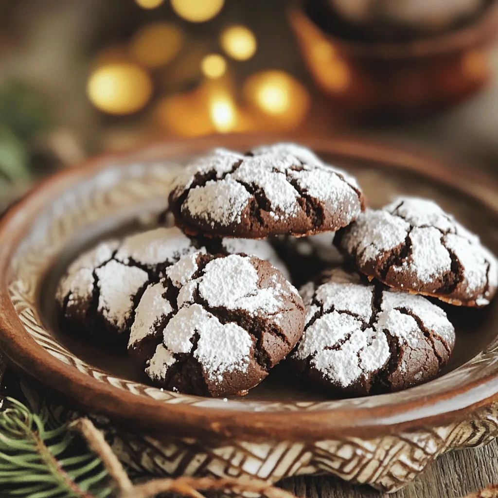 - 1 cup all-purpose flour - 1/2 cup cocoa powder - 1/2 teaspoon baking powder - 1/4 teaspoon salt - 1/2 cup granulated sugar - 1/2 cup brown sugar, packed - 1/4 cup vegetable oil - 2 large eggs - 1 teaspoon vanilla extract - 1/2 cup powdered sugar, for coating For a gluten-free option, you can use almond flour or coconut flour. These flours give cookies a nice texture. If you choose almond flour, you may need to adjust the liquid. For cocoa powder, you can use Dutch-processed cocoa for a richer taste. Dark cocoa powder also adds a deeper chocolate flavor. To get the best results, measure your ingredients carefully. Use a dry measuring cup for flour and cocoa powder. Spoon the flour into the cup, then level it off with a knife. This method avoids packing the flour down too much. For sugar, scoop it directly into the cup, then level it off. Accurate measurements help make your cookies soft and chewy, which is what we want! First, preheat your oven to 350°F (175°C). This step is important for even baking. Next, line a baking sheet with parchment paper. This keeps the cookies from sticking. Now, sift together the flour, cocoa powder, baking powder, and salt in a medium bowl. Sifting helps mix the dry ingredients well and adds air for a lighter cookie. In a large mixing bowl, whisk together the granulated sugar, brown sugar, and vegetable oil until smooth. This mixture should feel creamy. Add the eggs one at a time, whisking well after each. This keeps the eggs from clumping. Stir in the vanilla extract for flavor. Gradually mix in the dry ingredients. Stop mixing once the dough is combined. You want it to be thick and sticky. Cover the dough with plastic wrap and refrigerate for about 30 minutes. This makes the dough easier to handle. After chilling, scoop out tablespoon-sized portions and roll them into balls. Roll each ball in powdered sugar until well-coated. Place the cookies on the prepared baking sheet, leaving about 2 inches between them. Bake in the preheated oven for 10-12 minutes. The edges should look set, and the tops should be crinkled. Let the cookies cool on the baking sheet for 5 minutes before moving them to a wire rack. Enjoy your warm chocolate crinkle cookies! To make thick and chewy cookies, here are some key tips: - Chill the dough: Refrigerate the dough for about 30 minutes. This helps the cookies hold their shape. - Use the right flour: Stick to all-purpose flour for the best texture. - Don’t over-mix: Mix just until combined to avoid tough cookies. Common mistakes to avoid include: - Skipping the chilling step: This can lead to flat cookies. - Not measuring accurately: Use proper measuring cups for flour and cocoa to avoid dry dough. Adding chocolate chips or nuts can boost the flavor: - Chocolate chips: Fold in half a cup of chocolate chips for extra richness. - Nuts: Chopped walnuts or pecans add a nice crunch. You can also explore flavor variations: - Extracts: Try almond or mint extract for a unique twist. - Spices: A pinch of cinnamon can add warmth and depth. Using the right tools makes a big difference. Here are my top picks: - Mixing bowls: Have both large and medium-sized bowls for mixing ingredients. - Measuring cups: Use dry measuring cups for ingredients like flour and sugar. Parchment paper is key for baking: - Non-stick surface: It prevents cookies from sticking to the pan. - Easy cleanup: Just lift the parchment and toss it away. These tips help you create warm, delicious chocolate crinkle cookies every time! {{image_2}} You can be creative with crinkle cookies. Mint chocolate crinkle cookies are a fun twist. Just add a few drops of mint extract to the dough. This gives your cookies a refreshing taste. Peanut butter chocolate crinkle cookies are also a treat. Replace some of the vegetable oil with creamy peanut butter. This adds a rich flavor that pairs well with chocolate. If you follow a vegan diet, you can still enjoy these cookies. Use flax eggs instead of real eggs. Mix one tablespoon of ground flaxseed with three tablespoons of water. Let it sit until it thickens. This works great in cookie recipes. For low-sugar options, use sugar substitutes. Try using stevia or monk fruit sweetener. Adjust the amounts based on the product instructions. This way, you can still enjoy the sweetness without the calories. You can make holiday-themed crinkle cookies too. Add spices like cinnamon or nutmeg for a festive flair. You can also shape the cookies into fun holiday forms. Incorporating seasonal flavors keeps things interesting. For fall, mix in pumpkin spice. In spring, use fresh lemon zest for a bright flavor. These twists make each batch unique and exciting! To keep your warm chocolate crinkle cookies fresh, use an airtight container. This helps lock in moisture and flavor. If you don’t have one, a cookie jar can work, but it may not keep them as fresh. Make sure the cookies are cool before you store them. If they are warm, they can create steam, making them soggy. You can freeze cookie dough for later use. This is a great way to enjoy fresh cookies anytime. To freeze the dough, scoop it into balls and place them on a baking sheet. Freeze the balls for about an hour, then transfer them to an airtight container. When you're ready to bake, just take out the dough and let it thaw for about 30 minutes. Preheat your oven and bake as usual. These cookies last about five days at room temperature. After that, they may start to lose their taste and texture. Signs of spoilage include a dry or hard texture and any strange smells. If you see mold, it's best to throw them away. Enjoy these cookies fresh, or freeze them for a treat later! Crinkle cookies crack due to the powdered sugar and the baking process. When you roll the cookie balls in powdered sugar, it creates a lovely white coat. As the cookies bake, the dough expands and rises. The powdered sugar does not melt away. Instead, it stays on top. This causes the cracks to form as the cookie puffs up and pulls away from the sugar. Yes, you can make the dough ahead of time. To do this, prepare the dough as usual. After mixing, cover it well with plastic wrap. Place it in the fridge for up to 2 days. When you are ready to bake, just scoop and roll as normal. If the dough feels too firm, let it sit at room temperature for a few minutes before shaping. You can tell when the cookies are done by looking at their edges and tops. The edges should look set, while the tops should be crinkled. They will still look soft in the center. Touch the tops lightly; they should feel slightly firm but not hard. Letting them cool on the baking sheet for a few minutes helps them firm up. In this blog post, you learned how to make delicious crinkle cookies from scratch. We covered key ingredients and offered tips for substitutes, accurate measurements, and baking techniques. I shared tricks to enhance flavor and achieve the perfect texture. You also gained insight into storage options and variations for special diets or seasons. Remember, success lies in using the right ingredients and following the steps closely. Enjoy your baking and the tasty results!
