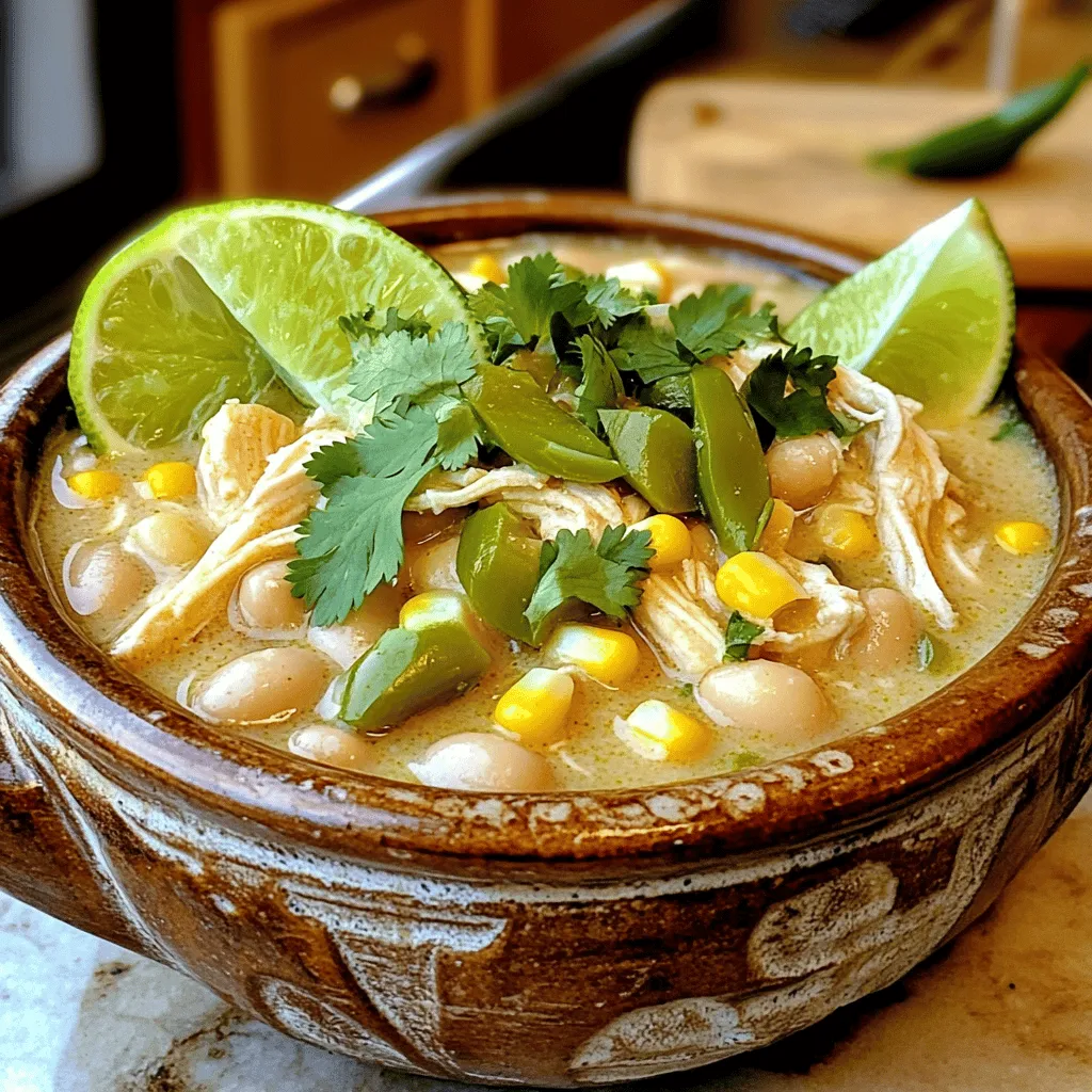 - 1.5 lbs boneless, skinless chicken breast - 1 can (15 oz) white beans, drained and rinsed - 1 can (4 oz) diced green chilies - 1 medium onion, chopped - 3 cloves garlic, minced - 1 cup corn (fresh or frozen) - 1 teaspoon ground cumin - 1 teaspoon chili powder - ½ teaspoon smoked paprika - 4 cups chicken broth - 1 cup heavy cream - Salt and pepper to taste These main ingredients create a rich and creamy base. The chicken breast gives you tender meat. The white beans add a nice texture. Green chilies bring a mild heat. Onions and garlic add great flavors. Corn sweetens the chili, while spices give it depth. - 1 cup diced bell peppers - ½ teaspoon onion powder - ½ teaspoon garlic powder - 1 teaspoon lime juice Adding diced bell peppers boosts color and taste. Onion and garlic powder can add more depth. Lime juice brightens the dish, giving a fresh touch. - Fresh cilantro, for garnish - Lime wedges, for serving Garnish with fresh cilantro for a pop of color. Lime wedges let you add a zesty kick right before eating. Each bite becomes more enjoyable with these simple touches. Start by gathering all your ingredients. This helps you stay organized. Use fresh chicken for best taste. Chop your onion and mince the garlic ahead of time. Rinse the white beans to remove excess sodium. Measure out your spices to avoid last-minute scrambles. 1. Place the chicken breasts at the bottom of the slow cooker. 2. Add the chopped onion, minced garlic, diced green chilies, corn, and rinsed white beans. 3. Sprinkle in the cumin, chili powder, and smoked paprika. 4. Pour in the chicken broth, making sure the chicken is submerged. 5. Season with salt and pepper to taste. Stir gently to mix. 6. Cover and cook on low for 6-7 hours, or on high for 3-4 hours. Check that the chicken is tender. About 30 minutes before serving, shred the chicken using two forks. It should fall apart easily. Stir in the heavy cream to make it rich and creamy. Let it heat through for a bit. Taste your chili and adjust the seasoning if needed. Enjoy this warm and comforting dish! To boost flavor in your creamy white chicken chili, use fresh ingredients. Fresh garlic and onions make a big difference. The chicken broth should be low-sodium. This way, you can control the salt. Adding a squeeze of lime brightens the taste. Fresh cilantro as a garnish adds zest. Don't skip the smoked paprika; it gives a nice depth. For the best results, layer ingredients properly. Place chicken at the bottom; it cooks best there. Keep the slow cooker covered. This traps steam and helps cook evenly. If you can, avoid lifting the lid during cooking. Each time you peek, it adds extra time to your meal. Stirring at the end is key, too. It helps mix in the cream and flavors well. Don’t rush the cooking time. Cooking on low for 6-7 hours gives the best taste. If you use too much liquid, the chili may be too soupy. Stick to the chicken broth amounts listed. Avoid over-seasoning early; taste before adding more salt or spices. Lastly, don't forget to shred the chicken in the slow cooker. This helps the flavors meld together. {{image_2}} You can easily change some ingredients to fit your needs. If you're gluten-free, make sure you use gluten-free chicken broth. For a dairy-free option, swap the heavy cream for coconut milk. This will add a nice, creamy texture without dairy. If you want to reduce carbs, use cauliflower instead of white beans. This keeps the chili hearty while lowering carbs. For a vegetarian version, replace chicken with chickpeas and use vegetable broth. You still get great flavor and protein. Spice levels can change your chili experience. If you love heat, add more diced green chilies or even jalapeños. For a milder chili, leave out the chili powder. You can also add a pinch of sugar to balance the heat. If you want a smoky flavor, increase the smoked paprika. This gives your chili depth without extra spice. Always taste as you go, so you find the right balance for you. Serving your chili can be fun and creative. Try topping your chili with crushed tortilla chips for crunch. You can also add shredded cheese or avocado for creaminess. A dollop of sour cream or Greek yogurt adds tang and richness. Consider serving it in a bread bowl for a unique twist. This not only looks great but makes for a tasty meal. You can also pair it with cornbread or a simple salad on the side for a complete meal. After enjoying your creamy white chicken chili, let it cool down. Transfer it to an airtight container. This helps keep your chili fresh and tasty. Store it in the fridge for up to four days. Make sure to seal it well. This way, the flavors will stay bright and delicious. To freeze your chili, pour it into a freezer-safe container. Leave some space at the top for expansion. Seal it tightly and label it with the date. You can freeze it for up to three months. When you're ready to eat it, just thaw it in the fridge overnight. To reheat your chili, you can use a pot or microwave. If using a pot, heat it on low. Stir it often to avoid burning. If using a microwave, heat it in short bursts. Stir in between to help it warm evenly. Add a splash of chicken broth if it seems too thick. Enjoy your creamy, comforting chili! You can use half-and-half or whole milk for a lighter option. These will make the chili creamy, but not as rich. If you want a dairy-free choice, try coconut milk. It gives a nice flavor and keeps the chili smooth. Yes, you can make this chili a day or two ahead. Just cook it as usual and let it cool. Then, store it in the fridge in a sealed container. When you are ready to eat, reheat it on the stove or in the slow cooker. If you want to thicken your chili, use one of these methods: - Add more white beans. Mash some and stir them in. - Mix cornstarch with water to make a slurry. Stir this into the chili. - Let it cook longer with the lid off to reduce the liquid. These tips will help you get the perfect thickness for your chili! This blog post covered how to make creamy white chicken chili. We explored key ingredients, cooking steps, and helpful tips to boost flavor. You learned how to store your leftovers and even had a look at variations and FAQs. My final thoughts: with the right ingredients and techniques, you can create a delicious meal. Enjoy your cooking adventure and get ready for a warm bowl of chili!
