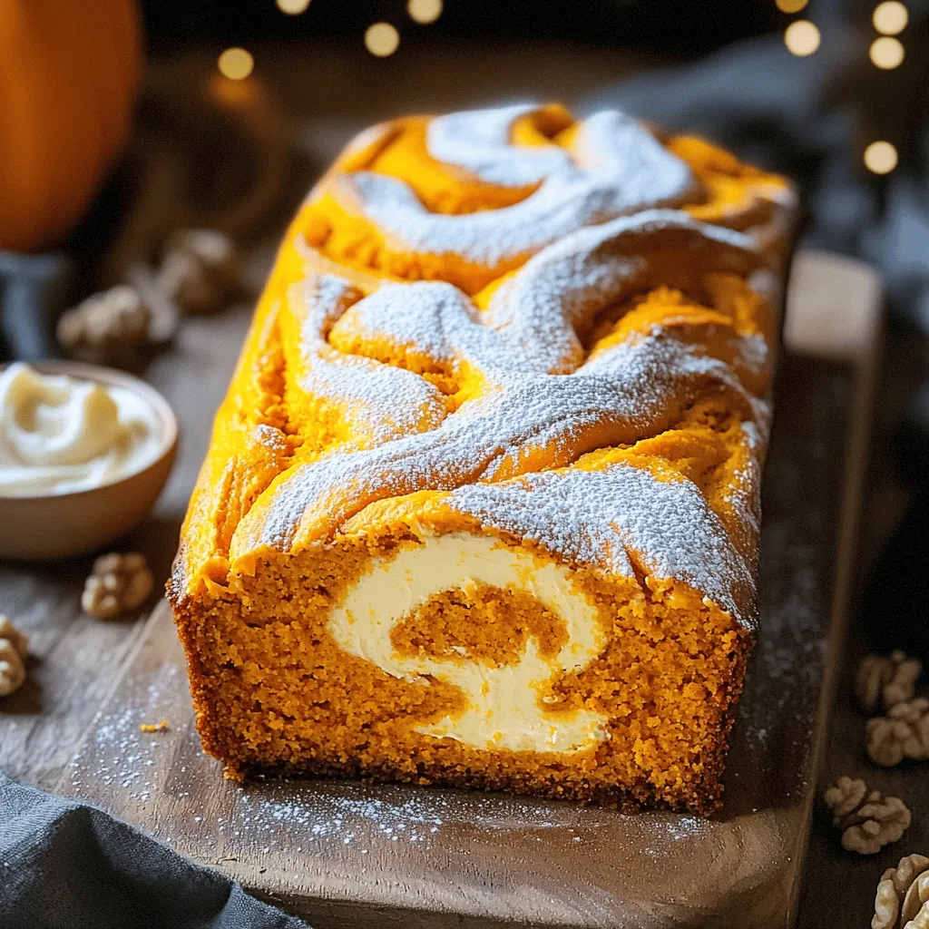 - 1 cup pumpkin puree (canned or freshly made) - 1/2 cup sugar - 1/2 cup brown sugar - 1/2 cup vegetable oil - 3 large eggs - 1 teaspoon vanilla extract - 1 1/2 cups all-purpose flour - 1 teaspoon baking soda - 1/2 teaspoon baking powder - 1/2 teaspoon salt - 2 teaspoons ground cinnamon - 1/2 teaspoon ground nutmeg - 1/4 teaspoon ground ginger - 8 oz cream cheese, softened - 1/4 cup powdered sugar - 1 teaspoon lemon juice - 1/4 cup chopped walnuts or pecans (optional) To make pumpkin cream cheese bread, gather these simple ingredients. You can use canned pumpkin or make your own pumpkin puree. Both options work well. The mix of sugars gives a sweet touch. The vegetable oil keeps the bread moist. Eggs help bind everything together. I love adding vanilla extract for extra flavor. The spices are key! They fill the bread with warm and cozy notes. The cream cheese adds a rich layer that balances the sweetness. If you like crunch, add walnuts or pecans on top. This bread is perfect for sharing. It is easy to bake and makes ten slices. You can enjoy it for breakfast or as a snack. - Preheat the oven to 350°F (175°C). - Grease a 9x5-inch loaf pan with cooking spray or butter. - In a large bowl, combine 1 cup of pumpkin puree, 1/2 cup of sugar, and 1/2 cup of brown sugar. - Add 1/2 cup of vegetable oil and 3 large eggs. - Stir in 1 teaspoon of vanilla extract. - Whisk the mixture until it is smooth. - In another bowl, sift together 1 1/2 cups of flour, 1 teaspoon of baking soda, and 1/2 teaspoon of baking powder. - Add 1/2 teaspoon of salt, 2 teaspoons of ground cinnamon, 1/2 teaspoon of ground nutmeg, and 1/4 teaspoon of ground ginger. - Gradually mix the dry ingredients into the wet ingredients. - Stir gently until just combined. - In a separate bowl, prepare the cream cheese filling. - Mix 8 oz of softened cream cheese with 1/4 cup of powdered sugar and 1 teaspoon of lemon juice until smooth. - Pour half of the pumpkin batter into the prepared pan. - Spoon half of the cream cheese filling over the batter. - Use a knife to swirl it gently. - Add the rest of the pumpkin batter on top, then the rest of the cream cheese filling. - Swirl again for a marbled look. - If you like, sprinkle 1/4 cup of chopped walnuts or pecans on top. - Bake for 60-70 minutes. - Check with a toothpick; it should come out clean when done. To keep your bread light and fluffy, gentle stirring is key. When you mix the wet and dry ingredients, do it slowly. Overmixing can make your bread dense. Mix just until you see no dry flour. A few lumps are okay; they will bake out. Marbling the cream cheese is an art. Start with half of the pumpkin batter in the pan. Spoon half of the cream cheese mix on top. Use a knife to swirl gently. Move the knife up and down, not too deep. Repeat this with the remaining batter and cream cheese. This creates a lovely pattern. To check for doneness, use a toothpick. Insert it in the center of the bread. If it comes out clean, your bread is ready. Oven times can vary. If your oven runs hot, check a bit early. If it needs more time, bake longer, checking often. {{image_2}} You can make this bread even tastier with simple add-ins. Try adding: - 1/2 teaspoon ground allspice - 1/2 teaspoon ground cloves - Zest from one orange or lemon These spices give warmth and depth. The citrus zest brightens the flavor, making each bite special. You can also fold in: - 1/4 cup of chocolate chips - 1/4 cup of dried cranberries These sweet treats pair well with the pumpkin and cream cheese. Each add-in creates a new twist on the classic recipe. If you want to change things up, you can swap some ingredients. For cream cheese, try: - Greek yogurt for a tangy taste - Silken tofu for a dairy-free option For sugars, use: - Coconut sugar for a lower glycemic index - Maple syrup for a unique flavor These swaps maintain the great taste while fitting your needs. Just remember that different ingredients can change the texture a bit. If you need a gluten-free version, it’s easy! Use: - 1 1/2 cups of gluten-free flour blend - 1 teaspoon xanthan gum (if your blend doesn’t have it already) These changes allow anyone to enjoy this bread. Just follow the same steps, and you will have a delicious gluten-free treat. Enjoy baking! To keep your pumpkin cream cheese bread fresh, store it properly. First, let the bread cool completely after baking. Then, wrap it tightly in plastic wrap or aluminum foil. This keeps moisture in and prevents it from drying out. Place the wrapped bread in an airtight container for extra protection. If you plan to eat it within a few days, store it at room temperature. For longer storage, keep it in the fridge. Freezing is a great option for this bread. To freeze, follow these steps: - Wrap the cooled bread tightly in plastic wrap. - Then, wrap it in aluminum foil or place it in a freezer bag. - Label the bag with the date. When you want to enjoy it, take it out and thaw it in the fridge overnight. If you're in a hurry, you can also thaw it at room temperature for a few hours. In the fridge, your pumpkin cream cheese bread lasts about one week. Ensure it's wrapped well to avoid drying out. If you freeze it, it can last up to three months. The flavors may change slightly, but it will still taste great when thawed. Yes, you can use fresh pumpkin. Start with a small pumpkin, about 2 pounds. Cut it in half and remove the seeds. Roast the pumpkin in the oven at 350°F for about 45 minutes. Once soft, scoop out the flesh and blend until smooth. This puree is fresh and full of flavor. It may be a bit wetter than canned, so you might need to adjust the flour slightly. Yes, you can prepare the batter a day ahead. Mix the wet and dry ingredients separately and store them in the fridge. Just combine them when you are ready to bake. You can also bake the bread in advance. Let it cool completely, then wrap it tightly in plastic wrap. Store it in the fridge for up to a week. This makes it easy to enjoy fresh bread anytime. This bread pairs well with many things. You can serve it warm with butter or cream cheese. A sprinkle of cinnamon on top adds a nice touch. For a fun twist, try it with apple butter. A cup of coffee or tea also complements this bread well. If you want to make it a dessert, serve it with a scoop of vanilla ice cream. Enjoying it with friends makes it even better! This article covered how to make pumpkin cream cheese bread. You learned about the key ingredients needed and followed step-by-step instructions for making it. I shared tips for mixing, baking, and storing your bread. Remember, you can customize it with add-ins or make it gluten-free. Enjoy baking and sharing this treat with others. It’s sure to bring smiles all around. Happy baking!